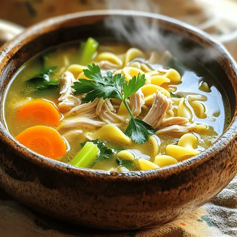 To make the best classic chicken noodle soup, you need a few key items. These ingredients create a rich and tasty soup. Here’s what you need: - 2 tablespoons olive oil - 1 medium onion, diced - 2 carrots, sliced - 2 celery stalks, chopped - 3 cloves garlic, minced - 8 cups chicken broth - 1 pound boneless, skinless chicken breasts - 1 teaspoon dried thyme - 1 teaspoon dried oregano - Salt and pepper to taste - 2 cups egg noodles These ingredients give the soup its heart and flavor. The chicken broth forms a warm base. The veggies add crunch and sweetness. Chicken breasts provide protein. Seasonings and herbs bring out the best flavors in your soup. I suggest using: - 1 teaspoon dried thyme - 1 teaspoon dried oregano - Salt and pepper to taste Thyme adds a lovely earthiness. Oregano brings a hint of warmth. Adjust salt and pepper to match your taste. These simple seasonings elevate the dish and make it memorable. Want to add a twist? Consider these optional add-ins: - 1 cup fresh spinach - Fresh parsley, chopped (for garnish) Fresh spinach adds color and nutrients. It wilts nicely in the hot soup. Chopped parsley gives a fresh touch as a garnish. These add-ins enhance flavor and nutrition without extra fuss. For the full recipe, check out the Cozy Classic Chicken Noodle Soup 🥣 section. Cooking this soup is simple and rewarding. Enjoy every comforting bite! To make your classic chicken noodle soup, start with the easy prep steps. First, gather your ingredients. You'll need olive oil, onion, carrots, celery, garlic, chicken broth, chicken breasts, and seasonings. 1. Heat the olive oil in a large pot over medium heat. 2. Add the diced onion, sliced carrots, and chopped celery. Sauté these for about 5-7 minutes. You want them to soften but not brown. 3. Next, stir in the minced garlic. Cook for one more minute until it smells great. 4. Pour in the chicken broth and bring the mix to a gentle boil. 5. Now, add the chicken breasts, dried thyme, dried oregano, salt, and pepper. 6. Lower the heat and let the soup simmer for about 20 minutes. The chicken should be cooked through. 7. Take the chicken out of the pot and shred it using two forks. This makes it easy to eat. 8. Return the shredded chicken to the pot. 9. Add the egg noodles and cook them according to the package's time. This usually takes about 6-8 minutes. 10. If you'd like, stir in fresh spinach during the last minute of cooking until it wilts. 11. Lastly, taste the soup and adjust the seasoning if needed. Serve it hot, and garnish with chopped parsley. Shredding chicken can be simple and fun. After cooking, let the chicken cool for a few minutes. Use two forks to pull apart the meat. Hold one fork in each hand. This will help you shred the chicken into small pieces. If you want to save time, you can also use a stand mixer with the paddle attachment on low speed. This method quickly shreds the chicken. Just be careful not to overdo it! Cooking egg noodles is easy. To get them just right, follow these steps. First, bring a pot of salted water to a boil. This adds flavor to the noodles. Once boiling, add the egg noodles. Stir them gently to keep them from sticking. Check the package for cooking time. Most egg noodles take around 6-8 minutes. Taste one to see if it’s done. They should be tender but still firm. When cooked, drain the noodles and add them to your soup right away. This keeps them from getting mushy. For the full recipe, refer back to the ingredients and instructions provided above. Enjoy your cooking! To make a tasty broth, start with good chicken broth. Use low-sodium broth for control over salt. Add fresh herbs like thyme and parsley. These herbs bring out the best flavors. Always taste as you go. Adjust salt and pepper to your liking. The broth should be clear and flavorful. Simmer gently to let the flavors blend. If it’s too thick, add more broth or water. If it's too thin, simmer longer to reduce it. Don't rush this step; patience gives you the best results. Sauté your veggies first. This adds depth and sweetness to the soup. Shred the chicken after cooking for a tender texture. Stir in the noodles at the end. This keeps them firm and prevents overcooking. For a boost, add fresh spinach just before serving. For the complete method, check the Full Recipe. {{image_2}} You can easily make your chicken noodle soup healthier. For a low-sodium option, use low-sodium chicken broth. This helps cut down on salt without losing flavor. You can also swap out regular egg noodles for gluten-free ones. Look for rice noodles or gluten-free pasta. These changes keep the soup tasty while making it lighter. Have leftover chicken or turkey? Use it in your soup! Shred the meat and add it to the broth. This saves time and reduces waste. It also adds a new flavor. Remember, you can adjust the cooking time since the meat is already cooked. Just heat it through before serving. Don’t be shy with veggies! You can add more to your soup for extra nutrition. Try adding green beans, peas, or corn. These veggies mix well with the other flavors. You can also use kale or zucchini for a twist. Just chop them into small pieces before adding them to the pot. This way, they cook evenly and blend perfectly with the chicken and noodles. For the complete recipe, check out the Full Recipe. After making your chicken noodle soup, let it cool down to room temperature. This step helps keep your soup fresh. Pour it into an airtight container. Make sure to leave some space at the top. Soups can expand when frozen. Label the container with the date. This way, you know when you made it. To freeze chicken noodle soup, use freezer-safe bags or containers. Divide the soup into single servings if you want easier meals. Squeeze out excess air from bags before sealing. This helps prevent freezer burn. Chicken noodle soup can last in the freezer for up to three months. When you're ready to eat, just thaw it in the fridge overnight. For reheating, pour the soup into a pot. Heat it on medium until steaming hot. Stir occasionally to make sure it heats evenly. If it's too thick, add a bit of broth or water. You can also reheat it in the microwave. Use a microwave-safe bowl and cover it loosely. Heat for a few minutes, stirring halfway through. Enjoy your warm, comforting soup! Check the [Full Recipe] for more tips. The best way starts with fresh ingredients. Use a large pot. Heat olive oil and add diced onions, sliced carrots, and chopped celery. Sauté for about five to seven minutes. Then, add minced garlic and cook for one more minute. Pour in chicken broth and bring to a gentle boil. Add boneless chicken breasts and seasonings. Simmer until the chicken cooks through. Shred the chicken, return it to the pot, and cook the egg noodles. This method brings out rich flavors. Yes, you can use rotisserie chicken! It saves time and adds great flavor. Simply shred the chicken and add it to the soup after the broth boils. This speeds up your cooking process and still delivers a comforting dish. Homemade chicken noodle soup lasts about three to four days in the fridge. Make sure to store it in an airtight container. Keep it cool to maintain freshness. If you notice any off smells, it's best to discard it. If you need a substitute for egg noodles, try using rice, quinoa, or even zucchini noodles. These options add different textures and flavors. Rice and quinoa make it hearty, while zucchini noodles keep it light. Yes, there is a vegetarian version! Replace chicken with hearty vegetables like mushrooms or chickpeas. Use vegetable broth instead of chicken broth. You can still enjoy a comforting and nourishing soup. This version is just as tasty and satisfying. Making classic chicken noodle soup is simple and rewarding. We covered essential ingredients, seasonings, and optional add-ins to boost flavor. The step-by-step guide helps you cook the perfect broth and noodles. Remember the tips for storage and possible variations to suit your taste. Chicken noodle soup can warm your heart and nourish your body. Keep experimenting with different ingredients and methods. Enjoy your cooking journey!