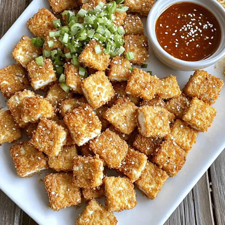 - 1 block (14 oz) firm tofu, drained and pressed - 1/2 cup all-purpose flour - 1/2 cup cornstarch - 1 teaspoon garlic powder - 1 teaspoon onion powder - 1 teaspoon smoked paprika - 1/2 teaspoon salt - 1/4 teaspoon black pepper - 1/2 cup unsweetened plant-based milk (e.g., almond, soy) - 1 cup panko breadcrumbs - Cooking spray or olive oil spray - Sweet chili sauce - Chopped green onions - Sesame seeds Gathering your ingredients is key to cooking. First, you need firm tofu. It holds its shape well and gives that nice bite. Drain it and press it to remove extra water. This step is very important for crispy nuggets. You'll also need flour and cornstarch. They help the coating stick. The garlic and onion powder add great flavor. Smoked paprika gives a nice, smoky touch. The salt and pepper balance everything out. Next, grab some plant-based milk. This will help the breadcrumbs stick. Speaking of breadcrumbs, panko gives you that extra crunch. Lastly, use cooking spray or olive oil spray for that golden finish. For serving, sweet chili sauce adds a nice kick. Chopped green onions and sesame seeds make it look pretty and add flavor. Check out the Full Recipe for all details on how to prepare these crispy air fryer tofu nuggets. - Preheat the air fryer to 375°F (190°C). - Cut the pressed tofu into bite-sized cubes or nuggets. Getting the tofu ready is key. Pressing removes excess water. This helps the tofu absorb flavors better. After cutting, you have perfect nuggets. - Mix the flour, cornstarch, and spices in a shallow bowl. - Prepare bowls for plant-based milk and panko breadcrumbs. In a bowl, combine flour, cornstarch, garlic powder, onion powder, smoked paprika, salt, and black pepper. This mix gives a nice, tasty coating. You need separate bowls for the plant-based milk and panko. The milk helps the panko stick well. - Coat each piece of tofu with flour mixture, then milk, then panko. - Arrange nuggets in the air fryer basket and spray with cooking oil. - Air fry for 12-15 minutes, flipping halfway through. Take each tofu piece and coat it. First, dip it in the flour mix. Then, soak it in the plant-based milk. Finally, roll it in the panko breadcrumbs. Lay the nuggets in the air fryer basket. Make sure they do not touch each other. A light spray of cooking oil helps them crisp up nicely. Cook for 12-15 minutes and flip them halfway. You want them golden and crispy. For the full recipe, check out the instructions above. To get crispy tofu nuggets, start by drying the tofu well. Pat the tofu with paper towels to remove excess moisture. This step helps the coating stick better. Next, use a light coating of cooking spray before air frying. This small amount of oil makes a big difference in how crispy your nuggets will be. Spice up your nuggets with different flavors. You can add cayenne pepper for heat or Italian herbs for a fresh taste. Experiment with seasonings to find your favorite mix. Also, try using different types of breadcrumbs. Panko gives a great crunch, but regular breadcrumbs or crushed crackers can work too. Every air fryer cooks a bit differently. You may need to adjust the cooking time based on your model. Start with the recommended 12-15 minutes. Check your nuggets halfway through to see how they are doing. Look for a golden-brown color and a crispy texture to know they are done. For the full recipe, check the section above. {{image_2}} You can make these crispy nuggets gluten-free. Just swap all-purpose flour for gluten-free flour. Use gluten-free panko breadcrumbs for the coating. This keeps the crunch while avoiding gluten. If you need a binder, try using mashed flax seeds or chia seeds mixed with water. These options work great and keep the nuggets together. To add a cheesy flavor, mix in nutritional yeast. It gives a savory taste that enhances the nuggets. You can also add dried herbs like oregano or thyme. Spices like cayenne pepper or chili powder can give it a kick. Experiment with your favorite herbs and spices in the breadcrumb mix. Serve these nuggets with fun dips. Sweet chili sauce is a great choice, or try barbecue sauce for a smoky touch. You can pair them with fresh salads or crunchy veggies. They also make a great side dish for rice or quinoa bowls. Enjoy them in many ways! To keep your crispy air fryer tofu nuggets fresh, store them in an airtight container. Use a container that fits them snugly to avoid extra air. This helps maintain their crunch. I recommend using glass containers as they keep food fresh longer. To reheat and keep the nuggets crispy, use the air fryer. Set it to 375°F (190°C) and heat for about 5-7 minutes. This method revives their crunchiness. If you use a microwave, the nuggets will lose their crisp texture. You can freeze both uncooked and cooked nuggets. To freeze uncooked nuggets, place them on a baking sheet first. Once frozen, transfer them to a freezer bag. For cooked nuggets, let them cool completely before freezing. To thaw, place them in the fridge overnight. You can also use the air fryer to heat them directly from frozen. Just add a few extra minutes to the cooking time for best results. No, soft tofu won’t work well here. It has a high water content. This makes it fragile and hard to coat. Firm tofu is best for crispiness. It holds its shape during cooking and gives you that crunchy bite. You can use regular breadcrumbs if needed. They will give a similar crunch but may not be as airy. Crushed cornflakes also work well. They add a nice texture and flavor. Just remember, the choice of substitute can change the final crunch. You can add some cayenne pepper to the flour mix. This gives a good heat boost. For an extra kick, try a hot sauce in the plant-based milk. You could even mix in some finely chopped jalapeños. Adjust the spice to your taste for the perfect bite. You can store them in the fridge for up to three days. Place them in an airtight container. If you see any signs of mold or off smells, toss them out. To keep them crunchy, try to reheat them in the air fryer. This guide on making crispy tofu nuggets covers all key steps and tips. From choosing the right ingredients to cooking and storing, you'll be set for success. Remember, achieving the perfect crunch is about preparation and technique. Experiment with flavors and find your favorite variation. These nuggets are versatile, easy, and fun to serve. Enjoy your cooking adventure and impress friends with your tasty creation!