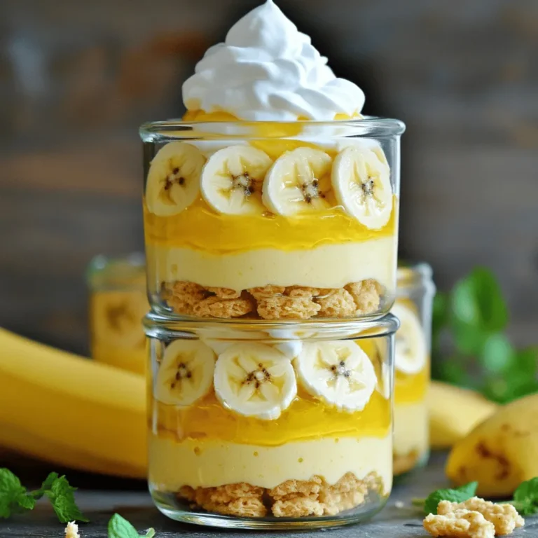 - 4 ripe bananas, sliced - 1 cup heavy cream - 1 cup milk - 1/2 cup granulated sugar - 1/4 cup cornstarch - 1/4 teaspoon salt - 1 teaspoon vanilla extract - 2 large egg yolks - 1 package (about 200g) vanilla wafers - Whipped cream for topping (optional) - Additional banana slices for garnish When I make classic banana pudding, I always start with fresh, ripe bananas. The riper they are, the sweeter they taste. Choosing the best ingredients is key to making this dish shine. The heavy cream and milk create a rich and creamy base. I prefer using granulated sugar, but feel free to swap it with something else if you want. - You can use half-and-half instead of heavy cream for a lighter option. - For a non-dairy choice, try coconut cream or almond milk. - If you want to cut sugar, use honey or maple syrup instead. These substitutions let you adjust the recipe to fit your needs. Each option brings its own special flavor to the pudding. - Look for bananas with a few brown spots. They are sweet and ripe. - Choose medium-sized bananas, as they slice better and fit nicely in layers. Picking the right bananas is important. The right ripeness adds flavor and texture to your pudding. Always smell them too; a sweet scent means they are ready to use! First, let’s get our dry ingredients ready. In a medium saucepan, combine the following: - 1/2 cup granulated sugar - 1/4 cup cornstarch - 1/4 teaspoon salt Whisk these together until well mixed. This helps avoid lumps in our pudding. Next, heat the cream mixture. Pour in: - 1 cup heavy cream - 1 cup milk Stir these ingredients over medium heat. Keep stirring until the mixture starts to bubble and thicken. This should take about 5 to 7 minutes. Now, we need to temper the egg yolks. In a separate bowl, whisk: - 2 large egg yolks Once smooth, slowly pour in a bit of the hot milk mixture while whisking. This step is key to avoid scrambling the eggs. After tempering, add the egg mixture back into the saucepan. Continue to cook it over medium heat for another 2 to 3 minutes. Stir constantly until the pudding becomes thick and creamy. Let’s start layering our dessert. In a large serving dish or individual cups, begin with: - A layer of vanilla wafers - A layer of sliced bananas - A layer of the pudding Repeat these layers until you use all your ingredients. Finish with a layer of pudding on top. Be careful with common mistakes. Don’t add bananas too early; they may brown. Also, ensure your pudding is thick enough before layering. This will keep everything from getting runny. Now you're ready to chill! Cover the dish and refrigerate for at least 4 hours. Enjoy the delightful blend of flavors in this classic banana pudding. For the full recipe, refer to the earlier section. To achieve that creamy texture, you must blend the milk and cream well. Start with a smooth mixture, whisking to avoid lumps. As you heat it, stir constantly. This helps it thicken without burning. Once it bubbles, you know it’s ready for the egg yolks. Chilling time is vital. After you layer the pudding, let it cool in the fridge. At least four hours works best. This time helps all flavors meld together. It also allows the pudding to set properly. For garnishing, think simple yet elegant. A dollop of whipped cream adds a nice touch. You can also place banana slices on top for extra flair. If you want to impress guests, serve in clear cups. This showcases the beautiful layers. Pair your banana pudding with coffee or sweet tea. The flavors complement each other well. This makes for a delightful dessert experience. To store leftovers, cover them tightly with plastic wrap. This keeps the pudding fresh. You should eat it within three days for the best taste. After that, the bananas may brown and lose their texture. Always check for freshness before serving. If it smells off or looks different, it’s best to toss it. {{image_2}} You can easily change up classic banana pudding by adding some fun flavors. Here are two tasty ideas: - Chocolate Banana Pudding: Mix in cocoa powder or melted chocolate with the pudding. This adds a rich, deep taste. You can also layer chocolate wafers or cookies instead of vanilla for a unique twist. - Nut-based Variations: If you love nuts, try adding crushed almonds or pecans. Sprinkle them between layers for crunch. You can also use nut butter in the pudding for added flavor. Making banana pudding healthier is simple. Here are two great swaps: - Using Greek Yogurt: Replace some of the heavy cream with Greek yogurt. This adds protein and creaminess without all the fat. Choose plain yogurt to keep the flavor balanced. - Reducing Sugar: Cut back on granulated sugar. You can use ripe bananas for natural sweetness. You might not need as much sugar when the bananas are extra sweet. You can make banana pudding special for different seasons. Here are some ideas: - Fruits to Include: Add berries like strawberries or blueberries in the summer. They add color and fresh taste. In the fall, sliced apples or pears work great too. - Holiday-themed Variations: For Thanksgiving, you can incorporate pumpkin spice into the pudding. During Christmas, try adding peppermint extract for a festive flavor. To make the perfect banana pudding, check out the Full Recipe above. Banana pudding started in the Southern United States. It became a favorite treat in homes and diners. This dish celebrates comfort and family gatherings. Many people enjoy it during holidays and special events. The layers of bananas and creamy pudding bring joy to all ages. Over time, banana pudding has changed. Early recipes used simple ingredients like milk, sugar, and bananas. Today, cooks add twists like different flavors and textures. Some use whipped cream or chocolate for a fun touch. The core elements, though, stay the same. Banana pudding is popular across the U.S. You can find it in many regional variations. Some chefs create their unique spins, adding caramel or nuts. This dish has even appeared in cooking competitions! It remains a beloved dessert for everyone. For a classic experience, try the Full Recipe. Homemade banana pudding lasts about 3 to 4 days in the fridge. To keep it fresh, cover it tightly with plastic wrap. This helps prevent the pudding from absorbing other smells in your fridge. Also, try to keep it in an airtight container. This way, it stays creamy and delicious. Yes, you can use instant pudding mix. It saves time and is easy to use. Just mix it with milk according to the package instructions. However, homemade pudding has a richer taste and creamier texture. Instant pudding can be less flavorful and may not set as well as homemade. Some common issues include separation and browning of bananas. To avoid separation, make sure you mix the pudding well and chill it properly. For browning bananas, slice them just before serving. You can also dip them in lemon juice to slow down the browning. This keeps your dessert looking fresh and tasty. Yes, you can freeze banana pudding, but it may change texture. The creaminess may turn grainy once thawed. If you do freeze it, use a freezer-safe container. Thaw it in the fridge for a few hours before serving. It’s best to add fresh banana slices and whipped cream after thawing. Enjoy the full flavor of the pudding by using the [Full Recipe] for best results. Banana pudding is a delightful treat, made with simple ingredients like ripe bananas and cream. You can easily adjust recipes with substitutions, ensuring everyone can enjoy it. Following the steps carefully helps achieve that perfect texture and flavor. With tips for serving and storage, your dessert will impress guests. Remember, banana pudding has a rich history rooted in Southern cuisine. Try the variations for a fun twist. Embrace the joy of making this classic dessert yourself!
