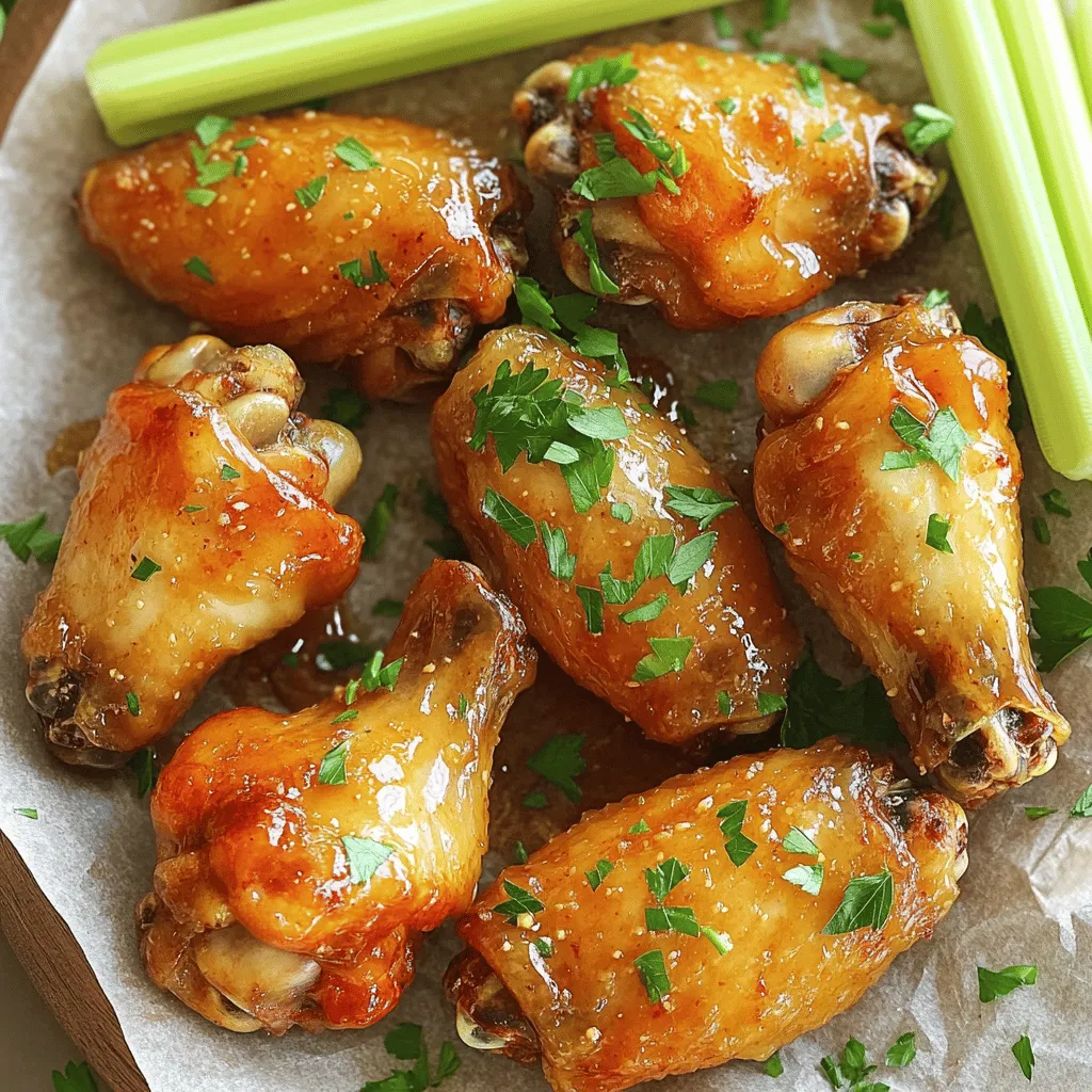 - 2 lbs chicken wings - 2 tablespoons baking powder - 2 tablespoons olive oil The main parts for crispy baked chicken wings are simple. You need chicken wings, baking powder, and olive oil. The baking powder helps the wings get crispy. Olive oil adds flavor and helps the spices stick. - Garlic powder - Onion powder - Smoked paprika - Salt - Black pepper - Cayenne pepper (optional) For seasoning, garlic powder, onion powder, and smoked paprika add depth. Salt and black pepper enhance the taste. If you want heat, add cayenne pepper. Mix these spices well to cover the wings evenly. - 1 tablespoon honey - 1 tablespoon apple cider vinegar - Fresh parsley for garnish To boost flavor, use honey and apple cider vinegar. Honey adds sweetness while vinegar gives a tangy kick. Fresh parsley makes the dish look nice and adds a fresh taste. For the full recipe, you can find it listed above. First, pat dry the chicken wings with paper towels. This step helps remove moisture. Drying the wings makes them crispy. Next, preheat your oven to 425°F (220°C). A hot oven ensures even cooking. In a bowl, mix the seasoning ingredients. Combine baking powder, garlic powder, onion powder, smoked paprika, cayenne pepper, salt, and black pepper. This blend adds flavor and helps crisp the wings. Now, coat the chicken wings evenly. Sprinkle the seasoning mix over the wings and toss gently until they are covered. Drizzle olive oil over the wings and toss again. This adds richness and helps the seasonings stick. Arrange the wings on a wire rack. This allows hot air to circulate around them, which keeps them crispy. Place the rack over a lined baking sheet. Bake the wings for 40-45 minutes. Turn them halfway through cooking for even browning. The wings are done when they are golden and crisp. For the full recipe, check the original sources. To get crispy baked chicken wings, drying them is key. Pat the wings dry with paper towels. This removes moisture that can make them soggy. Next, space the wings out on the baking rack. Leave some space between each wing. This helps air flow around them, making them crispier. Set your oven to 425°F (220°C). This high heat makes the skin nice and crispy. Using baking powder is important too. It helps the wings puff up and crisp nicely. Just mix the baking powder with your spices before coating the wings. Mix up your spices for fun flavors. Try adding your favorite herbs or spices. For a sweet glaze, toss the wings in a mix of honey and apple cider vinegar right after baking. This adds a tasty kick and makes the wings shine. You can find the full recipe for crispy baked chicken wings to explore more tips! {{image_2}} You can change the taste of your crispy baked chicken wings with fun marinades. - Asian-inspired marinade: Mix soy sauce, ginger, and garlic. Let the wings soak for an hour. This adds a nice umami flavor. - Spicy buffalo wing variations: Use hot sauce, melted butter, and vinegar. Coat the wings after baking for that classic buffalo kick. You don’t have to bake wings if you want a change. - Air fryer instructions: Set your air fryer to 400°F (200°C). Cook wings for about 25-30 minutes. This gives you that same crunchy texture. - Grilling tips: Preheat your grill to medium-high. Grill wings for 20-25 minutes, turning often. The smoky flavor adds a nice twist. Seasoning can take your wings to the next level. - Citrus-infused wings: Mix lemon zest, lime juice, and pepper. Toss the wings in this blend before baking. It brings out fresh flavors. - BBQ dry rub options: Combine brown sugar, paprika, and chili powder. Rub it on the wings before cooking for a sweet and spicy taste. For the full experience, check out the Full Recipe. You’ll find many ways to enjoy your wings! Once your crispy baked chicken wings cool, store them properly. First, let the wings cool to room temperature. This step helps prevent moisture build-up. Use an airtight container to keep them fresh. Glass or plastic containers work well. If you want to keep them for longer, wrap them tightly in plastic wrap first. When you are ready to enjoy leftovers, reheating is key. The best way to reheat wings is in the oven. Preheat your oven to 375°F (190°C). Place the wings on a baking sheet. Heat them for about 15-20 minutes. This method keeps them crispy. You can also use an air fryer for quick reheating. Just set it to 350°F (175°C) and reheat for 8-10 minutes. To keep the crispiness, avoid the microwave. The microwave makes wings soggy. You can freeze wings before or after cooking. If you freeze them raw, season the wings first. Place them in a freezer bag, removing as much air as possible. Frozen uncooked wings stay good for up to 3 months. If you freeze cooked wings, wrap them tightly in foil or plastic wrap. They will last for about 2-3 months. When you’re ready to cook frozen wings, thaw them in the fridge overnight. For cooked wings, reheat straight from the freezer. Crispy baked chicken wings last about 3 to 4 days in the fridge. Make sure to store them in an airtight container. This keeps them fresh and safe to eat. Yes, you can use frozen wings! Just thaw them completely before cooking. Pat them dry well to keep them crispy. Follow the same steps in the full recipe. If you don’t have baking powder, use cornstarch instead. Cornstarch helps create a crispy skin. Use the same amount as baking powder for best results. Absolutely! Add more cayenne pepper to the seasoning mix. You can also toss cooked wings in hot sauce for extra heat. Experiment with your favorite spices! The best dipping sauce is ranch or blue cheese dressing. Both add a cool contrast to the spicy flavors. You can also try honey mustard for a sweet twist! We explored how to make tasty, crispy baked chicken wings. You learned about the key ingredients, effective cooking methods, and smart storage tips. Remember, drying the wings and using baking powder are vital for that crispiness. Feel free to experiment with flavors and cooking styles to find your favorite. Enjoy your chicken wings fresh, reheated, or frozen—each method can bring a different delight! Happy cooking!