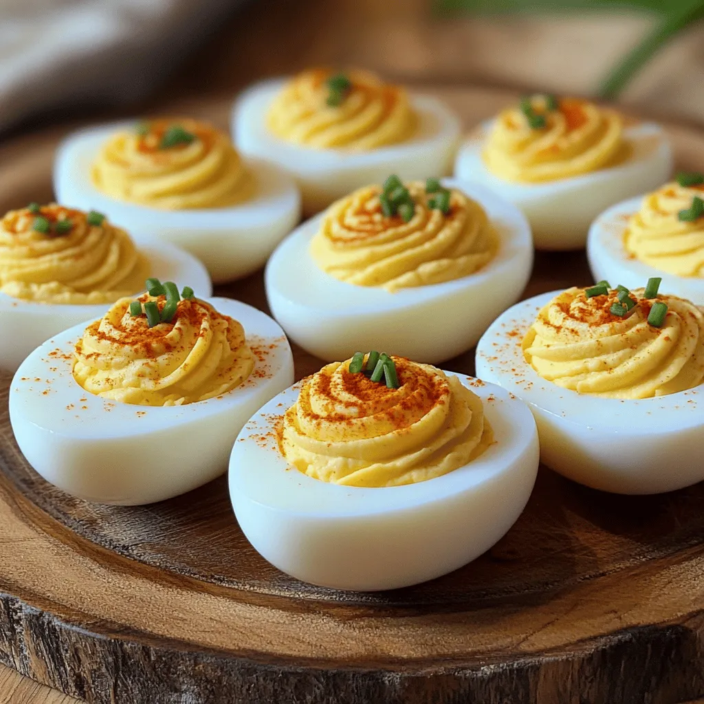 Here is a simple list of what you need for classic deviled eggs: - 6 large eggs - 3 tablespoons mayonnaise - 1 teaspoon Dijon mustard - 1 teaspoon apple cider vinegar - 1/4 teaspoon salt - 1/4 teaspoon paprika (plus extra for garnish) - Fresh chives, finely chopped (for garnish) - Optional: A few dashes of hot sauce These ingredients create the creamy filling that makes deviled eggs so tasty. The eggs are the star, but the mayo and mustard add flavor and creaminess. Apple cider vinegar gives a nice tang, while salt enhances all the taste. Paprika adds color and a hint of spice. If you like heat, try adding hot sauce! Using fresh chives as a garnish not only looks pretty, but it also adds a mild onion flavor. You can mix and match these ingredients to find your perfect taste. These simple items make classic deviled eggs a hit at any gathering. You can find the full recipe with detailed steps to make this dish. - Place 6 large eggs in a saucepan and cover with cold water. - Bring to a boil over medium-high heat. Once boiling, cover the saucepan and turn off the heat. Let them sit for 10 to 12 minutes. This resting time cooks the yolks just right. - After the resting time, transfer the eggs to an ice bath. This cools them down for at least 5 minutes. The ice bath helps the eggs peel easier. - Peel the eggs carefully. Start at the wider end where there is usually an air pocket. This makes peeling simpler and keeps the whites intact. - Slice each egg in half lengthwise. Remove the yolks and place them in a mixing bowl. Set the egg whites aside. - Mash the yolks with a fork until they are crumbly. Add 3 tablespoons mayonnaise, 1 teaspoon Dijon mustard, 1 teaspoon apple cider vinegar, 1/4 teaspoon salt, and 1/4 teaspoon paprika. Mix until smooth and creamy. If you like heat, add a few dashes of hot sauce. - Spoon or pipe the yolk mixture back into the egg whites. For a fun look, use a piping bag with a star tip. - Finish by sprinkling extra paprika over the filled eggs and top with finely chopped chives for a fresh touch. Now you have a classic deviled egg recipe that is simple and tasty! For the full recipe, check the previous section. To get the best boiled eggs, use older eggs. They peel easier than fresh ones. If you want a soft yolk, adjust the boiling time. For a firmer yolk, let the eggs sit a bit longer. Aim for about 10-12 minutes for a nice, hard yolk. To make a creamy filling, blend the yolks with the mayo and other ingredients until smooth. If you like it creamier, try adjusting the mayo ratio. You can add more or less until it feels right for you. This small change can make a big difference in taste. For a fun look, use a piping bag to fill the egg whites. This gives a nice, neat finish. You can also garnish with herbs or spices. Fresh chives add a pop of color and flavor. A sprinkle of paprika on top makes the dish even more appealing. Try different garnishes to keep it interesting! For the full recipe, feel free to check out the link provided. {{image_2}} You can make your deviled eggs more exciting by adding herbs. Fresh dill or parsley brightens the taste. Chopped pickles or olives also add a nice crunch. These simple changes can take your eggs from basic to gourmet. Thinking about toppings? Crumbled bacon gives a savory twist to your eggs. Smoked paprika can add a subtle smokiness. For a spicy kick, drizzle some sriracha on top. These toppings not only taste great but also make your dish look fun. Want to try something new? Consider avocado deviled eggs. They are creamy and packed with flavor. Another option is a bacon-and-cheddar version. This recipe combines rich cheese and crispy bacon for a hearty treat. Each variation gives you a new way to enjoy this classic dish. You can find the full recipe here. After you enjoy your classic deviled eggs, store any leftovers properly. First, refrigerate the unfilled egg whites and yolks separately. This keeps them fresh longer. It’s best to eat the filled eggs within two days for optimal taste and texture. Always keep them covered to avoid drying out. You might wonder if you can freeze deviled eggs. It’s not a great idea. Freezing changes the texture, making them watery. If you still want to freeze them, try freezing just the filling. When you're ready to eat, thaw it in the fridge overnight. Then, fill the egg whites before serving. Deviled eggs are perfect for gatherings. You can serve them as appetizers at parties or family dinners. Pair these tasty bites with drinks like sparkling water or a light white wine. They also go well with salads or a charcuterie board. For fun, try using different toppings or flavors to surprise your guests. You can find the full recipe to make these delicious bites in the earlier section. To make classic deviled eggs, follow these steps: 1. Place 6 large eggs in a saucepan. Cover them with cold water. 2. Bring the water to a boil over medium-high heat. 3. Once boiling, cover the saucepan. Turn off the heat and let the eggs sit for 10-12 minutes. 4. After this, transfer the eggs to an ice bath. Let them cool for at least 5 minutes. 5. Carefully peel the eggs and slice each in half lengthwise. 6. Remove the yolks and place them in a mixing bowl. Set the egg whites aside. 7. Mash the yolks with a fork. Add 3 tablespoons mayonnaise, 1 teaspoon Dijon mustard, 1 teaspoon apple cider vinegar, 1/4 teaspoon salt, and 1/4 teaspoon paprika. Mix until smooth. 8. Spoon or pipe the yolk mixture into the egg whites. 9. Garnish with extra paprika and finely chopped chives. This full recipe lets you create a tasty treat in just 30 minutes. Yes, you can prepare deviled eggs ahead of time. Here are some tips: - Make the filling first: You can mix the yolk filling and store it in the fridge. Keep it in an airtight container. - Store egg whites separately: Keep the egg whites in a sealed container. This way, they stay fresh. - Assemble before serving: Fill the egg whites with the yolk mixture shortly before serving. This will keep them looking fresh and tasty. This method helps you save time before your gathering. You can get creative with your deviled eggs! Here are some fun add-ins: - Herbs: Add fresh dill or parsley for extra flavor. - Pickles or olives: Chopped pickles or green olives can give a nice crunch. - Bacon: Crumbled bacon adds a smoky touch. - Spicy options: For heat, mix in sriracha or hot sauce. - Cheese: Cream cheese or feta can make the filling creamy and rich. Experiment with these ingredients to find your favorite twist! In this post, we covered how to make perfect deviled eggs. We started with a clear list of ingredients and broke down the steps for boiling, cooling, and preparing the filling. I shared tips for achieving the best texture and creative presentation ideas. You can experiment with unique flavors and toppings, too. Remember to store them properly for the best taste. Deviled eggs are simple to make and fun to enjoy at any gathering. Now, go and impress your friends with your delicious skills!