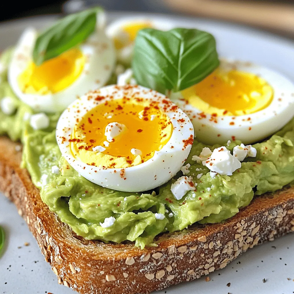To make a delicious avocado toast with egg, you need simple, fresh ingredients. Here’s what you’ll need: - 2 slices of whole-grain bread - 1 ripe avocado - 2 large eggs - 1 tablespoon olive oil - 1 teaspoon lemon juice - 1/2 teaspoon chili flakes - Salt and pepper to taste - 2 tablespoons feta cheese, crumbled - Fresh basil leaves for garnish You should choose ripe avocados. They should yield slightly when you press them. Fresh herbs, like basil, add a nice touch. The feta cheese gives a tangy flavor that pairs well with the rich avocado. This recipe is quick and easy, perfect for breakfast or a light lunch. You can find the full recipe outlined above to make it even easier! Toasting the whole-grain bread is the first step. You can use a toaster or broiler. The toaster is easy; just pop the slices in until golden. If you prefer the broiler, place the bread on a baking sheet. Watch it closely, as it can burn fast. Next, let’s cook the eggs. For soft-boiled eggs, fill a pot with water and bring it to a simmer. Crack the eggs in gently. Cook them for 6-7 minutes. If you want a runny yolk, go for 6 minutes. For firmer yolks, cook them a bit longer. While the eggs cook, let’s make the avocado mix. Take your ripe avocado and cut it in half. Scoop the flesh into a bowl. Mash it with a fork until it’s smooth but still chunky. Mix in one tablespoon of olive oil, one teaspoon of lemon juice, and add salt and pepper. You can also toss in half a teaspoon of chili flakes for a kick. Once the bread is toasted, spread the avocado mixture evenly on each slice. Now, take the eggs out of the water gently with a slotted spoon. Let them cool for a moment, then peel them carefully. Place one egg on top of each avocado toast. If you like, let the yolk break open for extra creaminess. Now, sprinkle some crumbled feta cheese on top for a tangy taste. Add fresh basil leaves for a nice touch. If you like more heat, sprinkle on extra chili flakes. For the full recipe, check out the detailed steps provided earlier. Enjoy your delicious avocado toast with egg! To pick the best avocados, look for these signs: - The skin should be dark green or black. - Gently squeeze the fruit; it should feel slightly soft. - If it feels hard, it is not ready. For storage, keep avocados at room temperature. If you want to slow down ripening, put them in the fridge. Once ripe, use them within three days for the best taste. To cook a soft-boiled egg just right, follow these tips: - Start with room temperature eggs for even cooking. - Place them in simmering water, not boiling, to avoid cracks. - Cook for about 6-7 minutes for a soft yolk. Common mistakes include: - Starting with cold eggs. - Cooking too long, which leads to a hard yolk. Avoid these for egg perfection. To boost flavor in your avocado toast, try these ideas: - Sprinkle salt, pepper, and chili flakes for a kick. - Add a drizzle of olive oil for richness. Fresh herbs can elevate taste. Use basil or cilantro to add freshness. A little feta cheese gives a nice tang, making every bite delicious. Check the full recipe for more flavor ideas. {{image_2}} You can switch things up with your avocado toast. Adding smoked salmon gives a nice salty touch. Bacon adds a crunchy, savory flavor. If you want vegan options, try replacing the eggs with sliced tomatoes or chickpeas. Instead of feta, use a vegan cheese made from nuts. The type of bread can change your toast experience. Sourdough has a nice tang and chewy texture. Rye bread adds a hearty flavor. For gluten-free lovers, many brands offer tasty gluten-free bread. Toasting techniques vary too. For sourdough and rye, a broiler works great. For gluten-free, use a toaster for even cooking. Herbs and spices can elevate your avocado toast. Try fresh cilantro or chives for a burst of flavor. A sprinkle of smoked paprika gives a warm touch. You can also mix in ingredients. Add diced tomatoes or radishes into the avocado for crunch. A squeeze of lime juice can brighten the dish nicely. For the full experience, check out the Full Recipe. To store leftover avocado, I suggest wrapping it tightly in plastic wrap. This helps to keep air out and slows browning. If you have a half avocado, sprinkle some lemon juice on the flesh to help it stay fresh longer. Place it in the fridge for best results. You can also store mashed avocado in an airtight container, but use it within one day for the best flavor. To keep your avocado toast fresh for later, avoid adding the egg until you are ready to eat. Toast the bread and spread the avocado mixture on it, but store them separately. This way, your toast won’t get soggy. Cover the toast with a clean kitchen towel or place it in a container to keep it fresh. When reheating avocado toast, I recommend using the oven. Preheat it to 350°F (175°C). Place the toast on a baking sheet for about 5-10 minutes. This warms the bread without making it chewy. If you want to keep the avocado layer cool, you can add it after reheating. For soft-boiled eggs, it’s best to reheat them gently. Place the eggs in hot water for about 3-4 minutes. This warms them without cooking them more. Avoid using the microwave, as it can make the eggs rubbery. If you have already peeled the eggs, be careful to not break them while reheating. To make this dish, follow these steps: 1. Toast Bread: Toast two slices of whole-grain bread until golden. 2. Cook Eggs: Boil two large eggs in simmering water for 6-7 minutes. 3. Mash Avocado: Scoop a ripe avocado into a bowl and mash it. 4. Mix Ingredients: Add olive oil, lemon juice, chili flakes, salt, and pepper to the avocado. 5. Spread Mixture: Once toasted, spread the avocado mix on each slice of bread. 6. Peel Eggs: Remove eggs, cool briefly, and peel gently. 7. Top Toast: Place one egg on each slice of toast. 8. Add Feta: Sprinkle crumbled feta cheese on top. 9. Garnish: Finish with fresh basil leaves and extra chili flakes. Yes, you can prep this dish in advance. Here’s how: - Avocado: Mash the avocado mixture but store it in an airtight container. Add lemon juice to keep it fresh. - Eggs: Cook and peel the eggs ahead. Store them in the fridge. - Bread: Toast the bread just before serving for the best texture. This makes for an easy breakfast or lunch option. Here are some nutritious ideas to enhance your toast: - Cherry Tomatoes: Add sliced cherry tomatoes for freshness. - Radishes: Thinly slice radishes for a crunchy bite. - Spinach: Top with fresh spinach or arugula for greens. - Nuts: Sprinkle chopped nuts for added protein and crunch. - Seeds: Chia or sesame seeds boost nutrition and texture. This dish can be gluten-free. Here are some options: - Bread: Use gluten-free bread to make the toast. - Toppings: Ensure all toppings are gluten-free, like feta cheese. Always check labels to confirm that ingredients are safe. To make avocado toast vegan, try these swaps: - Egg Replacement: Use silken tofu or chickpea flour for a similar texture. - Cheese Alternative: Replace feta with a vegan cheese or nutritional yeast. - Additional Flavors: Add spices like turmeric for color and taste. These changes keep the dish flavorful while making it plant-based. Avocados are packed with health benefits: - Healthy Fats: They contain monounsaturated fats that are good for your heart. - Fiber: Avocados are high in fiber, aiding digestion and keeping you full. - Vitamins: They offer vitamins C, E, K, and several B vitamins. - Minerals: Avocados are rich in potassium, which helps regulate blood pressure. Including avocados in your diet can support overall health. For the full recipe, check out the [Full Recipe]. This article covered how to make delicious avocado toast with eggs. You learned about the key ingredients, from ripe avocados to whole-grain bread. I shared step-by-step instructions, tips on selecting ingredients, and fun variations. By using these methods, you can create a healthy meal that suits your taste. Get creative with toppings and enjoy this simple yet tasty dish. Whether you choose eggs or go vegan, avocado toast is always a winner. Follow these tips to enhance your meals and have fun in the kitchen!