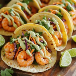 - 1 pound large shrimp, peeled and deveined - 2 tablespoons olive oil - 2 teaspoons chili powder - 1 teaspoon cumin - 1 teaspoon garlic powder - 1 teaspoon paprika - ½ teaspoon cayenne pepper (adjust to taste) - Salt and pepper to taste To make these shrimp tasty, start with fresh shrimp. The olive oil blends well with spices. Chili powder adds a warm kick, while cumin gives depth. Garlic powder and paprika give it a rich flavor. Cayenne pepper adds heat. Adjust it to your liking! - 8 small corn tortillas - 1 cup green cabbage, shredded - 1 cup red cabbage, shredded - ½ cup carrots, grated - ½ cup cilantro, chopped - 2 tablespoons lime juice The slaw adds crunch and freshness. The green and red cabbage bring color. Carrots add sweetness, while cilantro gives a burst of flavor. Lime juice ties it all together with brightness. - ¼ cup sour cream or Greek yogurt (for sauce) - Extra lime wedges for serving Sour cream or Greek yogurt makes a creamy sauce. Lime wedges add a zesty touch when serving. You can also try avocado slices or sliced radishes for extra flavor and fun! For the full recipe, check out the details to create these delicious spicy shrimp tacos. To start, grab a bowl. In it, mix these ingredients: - 2 tablespoons olive oil - 2 teaspoons chili powder - 1 teaspoon cumin - 1 teaspoon garlic powder - 1 teaspoon paprika - ½ teaspoon cayenne pepper (adjust to taste) - Salt and pepper to taste Stir them together. This mix creates a zesty marinade that gives the shrimp great flavor. Now, add 1 pound of shrimp to the bowl. Toss the shrimp in the marinade, ensuring each piece is coated. Let it sit for about 15 minutes. This allows the shrimp to soak up the spices. Next, heat a skillet over medium-high heat. Once hot, add the marinated shrimp. Cook for about 2-3 minutes on each side. The shrimp will turn pink and opaque when done. Remove them from the heat. While the shrimp cooks, prepare the slaw. In a large bowl, mix these: - 1 cup green cabbage, shredded - 1 cup red cabbage, shredded - ½ cup carrots, grated - ½ cup cilantro, chopped Toss everything together until well mixed. Next, squeeze in 2 tablespoons of lime juice. This adds a fresh, tangy taste. Toss again to combine all the flavors. To warm the tortillas, use another skillet. Heat 8 small corn tortillas for about 30 seconds on each side. They should become soft and easy to fold. Now, it’s time to build your tacos. Place a few shrimp on each tortilla. Add a generous scoop of slaw on top. For a final touch, drizzle a simple lime-infused sauce made from sour cream or Greek yogurt. Serve with extra lime wedges on the side. For the full recipe, check out the detailed steps provided. Cooking Time and Temperature Recommendations Cook shrimp quickly. Heat your skillet to medium-high. Cook the shrimp for 2-3 minutes on each side. Look for shrimp to turn pink and opaque. This shows they are done. Avoiding Overcooking Be careful not to overcook the shrimp. Overcooked shrimp can become tough. Keep a close eye on them while cooking. Remove them from heat as soon as they finish cooking. Adjusting Spice Levels You can change the spice level. If you like it hotter, add more cayenne pepper. For less heat, cut back on the cayenne. Taste the marinade before adding the shrimp to adjust as needed. Ingredient Substitutions Feel free to swap ingredients. If you don’t have chili powder, use taco seasoning. Instead of cabbage, try shredded lettuce or kale. Get creative with what you have at home. Pairing with Sides Serve your tacos with sides. Cilantro rice or black beans work great. You can also add a fresh corn salad for extra crunch. These sides will complement the tacos well. Creative Serving Ideas Think outside the box when serving. Try using lettuce wraps instead of tortillas. This makes it a fun low-carb option. You can also serve the shrimp on a platter and let guests build their own tacos. For the complete recipe, check the [Full Recipe] section! {{image_2}} You can easily make these tacos gluten-free. Use corn tortillas as your base. They are naturally gluten-free. Check the label to ensure they are certified gluten-free. This way, you can enjoy the tacos without worry. For a dairy-free version, swap out the sour cream. Use dairy-free yogurt or avocado instead. Both options add creaminess without dairy. You can also squeeze extra lime for a zesty kick. You can change the marinade for more flavor. Try adding lime zest or fresh herbs like cilantro. For a sweeter taste, mix in some honey or agave. You can also switch chili powder with a smoky chipotle spice. The slaw can be fun to play with! You can use different veggies like radishes or bell peppers. Try adding mango for a sweet touch. This gives a fresh twist to your tacos. Don't hesitate to experiment! Toppings can make your tacos unique. Add diced avocado for creaminess or pickled onions for tang. Fresh jalapeños can increase the heat. You can also sprinkle some queso fresco for extra flavor. For garnishes, fresh cilantro adds a pop of color. Lime wedges are perfect for squeezing over. You can even use a drizzle of hot sauce for more spice. These little touches can enhance your taco experience! For the full recipe, check out the [Full Recipe]. - Best Practices for Refrigeration Keep any leftover tacos in an airtight container. Store the shrimp and slaw separately. This helps prevent sogginess. The tacos can stay fresh for up to three days. - Reheating Tips To reheat the shrimp, use a skillet over medium heat. Cook for about two minutes until warm. For the slaw, eat it cold for the best crunch. If you prefer it warm, lightly heat it in the skillet but avoid overcooking. - How to Freeze Shrimp and Slaw To freeze the shrimp, place it in a zip-top bag. Remove as much air as possible before sealing. For the slaw, store it in a separate airtight container. Shrimp can last up to three months, while slaw is best used within one month. - Best Use of Freezing Leftovers Use frozen shrimp in soups, stir-fries, or tacos later. The slaw can be added as a fresh topping for other dishes. Remember, thaw shrimp in the fridge overnight before cooking. This helps maintain the texture and flavor. For the full recipe of Spicy Shrimp Tacos, check out the detailed instructions! What type of shrimp is best for tacos? I recommend using large shrimp for tacos. They hold their shape and flavor well. Fresh or frozen shrimp works great. Just make sure they are peeled and deveined. This saves you prep time. Can I prepare the slaw in advance? Yes, you can make the slaw ahead of time. Just mix the cabbage, carrots, and cilantro. Add lime juice just before serving. This keeps the slaw fresh and crunchy. How do I grill the shrimp instead of pan-frying? To grill shrimp, preheat your grill to medium-high. Skewer the shrimp to prevent them from falling through. Brush them with olive oil and season with spices. Grill each side for 2-3 minutes until they turn pink. What can I substitute for corn tortillas? If you need a substitute, try flour tortillas or lettuce wraps. Flour tortillas are softer and easier to fold. Lettuce wraps make it a low-carb option. Either works well with the shrimp and slaw. Are these tacos healthy? Yes, these tacos can be healthy. Shrimp is low in calories and high in protein. The slaw adds fiber and vitamins. Just watch the sauce and tortillas for extra calories. What are the calorie counts for Spicy Shrimp Tacos with Slaw? Each taco has about 200-250 calories, depending on the toppings. The full recipe makes four servings. You can check the Full Recipe for detailed nutrition facts. In this blog post, we covered spicy shrimp tacos from start to finish. We explored the essential ingredients, like shrimp, slaw, and toppings. You learned step-by-step instructions for preparing shrimp and making slaw. I shared tips for perfecting your shrimp and offered tasty variations. To wrap up, these tacos allow for creativity and personal flair. You can adjust flavors and toppings to suit any taste. Enjoy making these delicious tacos for your next meal. They bring joy to the table and delight every palate.