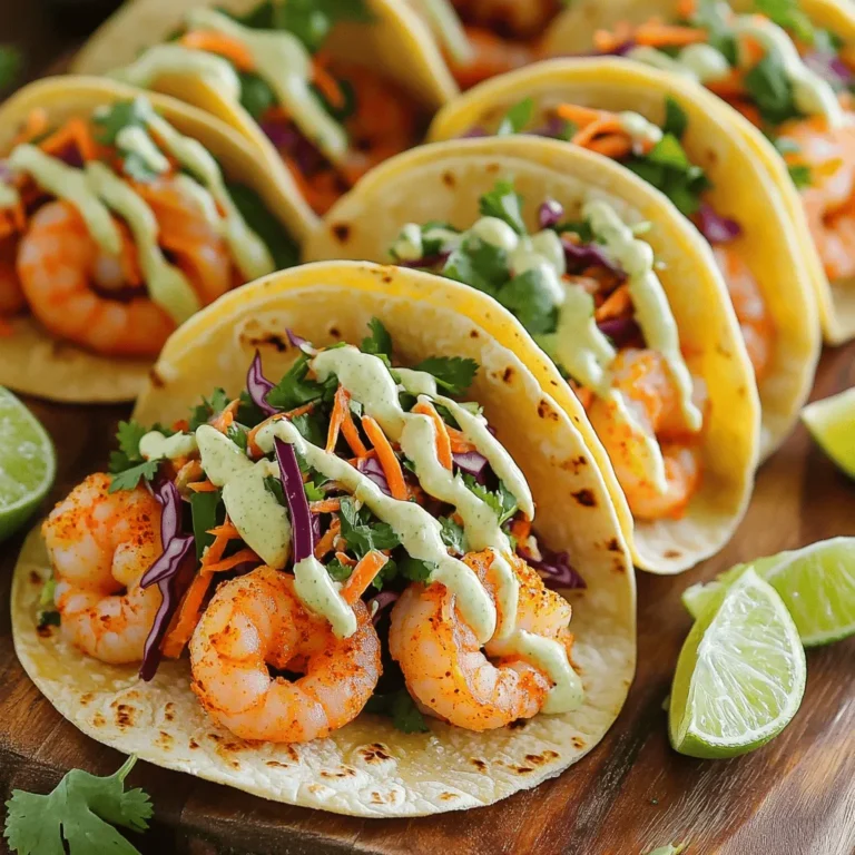 - 1 pound large shrimp, peeled and deveined - 2 tablespoons olive oil - 2 teaspoons chili powder - 1 teaspoon cumin - 1 teaspoon garlic powder - 1 teaspoon paprika - ½ teaspoon cayenne pepper (adjust to taste) - Salt and pepper to taste To make these shrimp tasty, start with fresh shrimp. The olive oil blends well with spices. Chili powder adds a warm kick, while cumin gives depth. Garlic powder and paprika give it a rich flavor. Cayenne pepper adds heat. Adjust it to your liking! - 8 small corn tortillas - 1 cup green cabbage, shredded - 1 cup red cabbage, shredded - ½ cup carrots, grated - ½ cup cilantro, chopped - 2 tablespoons lime juice The slaw adds crunch and freshness. The green and red cabbage bring color. Carrots add sweetness, while cilantro gives a burst of flavor. Lime juice ties it all together with brightness. - ¼ cup sour cream or Greek yogurt (for sauce) - Extra lime wedges for serving Sour cream or Greek yogurt makes a creamy sauce. Lime wedges add a zesty touch when serving. You can also try avocado slices or sliced radishes for extra flavor and fun! For the full recipe, check out the details to create these delicious spicy shrimp tacos. To start, grab a bowl. In it, mix these ingredients: - 2 tablespoons olive oil - 2 teaspoons chili powder - 1 teaspoon cumin - 1 teaspoon garlic powder - 1 teaspoon paprika - ½ teaspoon cayenne pepper (adjust to taste) - Salt and pepper to taste Stir them together. This mix creates a zesty marinade that gives the shrimp great flavor. Now, add 1 pound of shrimp to the bowl. Toss the shrimp in the marinade, ensuring each piece is coated. Let it sit for about 15 minutes. This allows the shrimp to soak up the spices. Next, heat a skillet over medium-high heat. Once hot, add the marinated shrimp. Cook for about 2-3 minutes on each side. The shrimp will turn pink and opaque when done. Remove them from the heat. While the shrimp cooks, prepare the slaw. In a large bowl, mix these: - 1 cup green cabbage, shredded - 1 cup red cabbage, shredded - ½ cup carrots, grated - ½ cup cilantro, chopped Toss everything together until well mixed. Next, squeeze in 2 tablespoons of lime juice. This adds a fresh, tangy taste. Toss again to combine all the flavors. To warm the tortillas, use another skillet. Heat 8 small corn tortillas for about 30 seconds on each side. They should become soft and easy to fold. Now, it’s time to build your tacos. Place a few shrimp on each tortilla. Add a generous scoop of slaw on top. For a final touch, drizzle a simple lime-infused sauce made from sour cream or Greek yogurt. Serve with extra lime wedges on the side. For the full recipe, check out the detailed steps provided. Cooking Time and Temperature Recommendations Cook shrimp quickly. Heat your skillet to medium-high. Cook the shrimp for 2-3 minutes on each side. Look for shrimp to turn pink and opaque. This shows they are done. Avoiding Overcooking Be careful not to overcook the shrimp. Overcooked shrimp can become tough. Keep a close eye on them while cooking. Remove them from heat as soon as they finish cooking. Adjusting Spice Levels You can change the spice level. If you like it hotter, add more cayenne pepper. For less heat, cut back on the cayenne. Taste the marinade before adding the shrimp to adjust as needed. Ingredient Substitutions Feel free to swap ingredients. If you don’t have chili powder, use taco seasoning. Instead of cabbage, try shredded lettuce or kale. Get creative with what you have at home. Pairing with Sides Serve your tacos with sides. Cilantro rice or black beans work great. You can also add a fresh corn salad for extra crunch. These sides will complement the tacos well. Creative Serving Ideas Think outside the box when serving. Try using lettuce wraps instead of tortillas. This makes it a fun low-carb option. You can also serve the shrimp on a platter and let guests build their own tacos. For the complete recipe, check the [Full Recipe] section! {{image_2}} You can easily make these tacos gluten-free. Use corn tortillas as your base. They are naturally gluten-free. Check the label to ensure they are certified gluten-free. This way, you can enjoy the tacos without worry. For a dairy-free version, swap out the sour cream. Use dairy-free yogurt or avocado instead. Both options add creaminess without dairy. You can also squeeze extra lime for a zesty kick. You can change the marinade for more flavor. Try adding lime zest or fresh herbs like cilantro. For a sweeter taste, mix in some honey or agave. You can also switch chili powder with a smoky chipotle spice. The slaw can be fun to play with! You can use different veggies like radishes or bell peppers. Try adding mango for a sweet touch. This gives a fresh twist to your tacos. Don't hesitate to experiment! Toppings can make your tacos unique. Add diced avocado for creaminess or pickled onions for tang. Fresh jalapeños can increase the heat. You can also sprinkle some queso fresco for extra flavor. For garnishes, fresh cilantro adds a pop of color. Lime wedges are perfect for squeezing over. You can even use a drizzle of hot sauce for more spice. These little touches can enhance your taco experience! For the full recipe, check out the [Full Recipe]. - Best Practices for Refrigeration Keep any leftover tacos in an airtight container. Store the shrimp and slaw separately. This helps prevent sogginess. The tacos can stay fresh for up to three days. - Reheating Tips To reheat the shrimp, use a skillet over medium heat. Cook for about two minutes until warm. For the slaw, eat it cold for the best crunch. If you prefer it warm, lightly heat it in the skillet but avoid overcooking. - How to Freeze Shrimp and Slaw To freeze the shrimp, place it in a zip-top bag. Remove as much air as possible before sealing. For the slaw, store it in a separate airtight container. Shrimp can last up to three months, while slaw is best used within one month. - Best Use of Freezing Leftovers Use frozen shrimp in soups, stir-fries, or tacos later. The slaw can be added as a fresh topping for other dishes. Remember, thaw shrimp in the fridge overnight before cooking. This helps maintain the texture and flavor. For the full recipe of Spicy Shrimp Tacos, check out the detailed instructions! What type of shrimp is best for tacos? I recommend using large shrimp for tacos. They hold their shape and flavor well. Fresh or frozen shrimp works great. Just make sure they are peeled and deveined. This saves you prep time. Can I prepare the slaw in advance? Yes, you can make the slaw ahead of time. Just mix the cabbage, carrots, and cilantro. Add lime juice just before serving. This keeps the slaw fresh and crunchy. How do I grill the shrimp instead of pan-frying? To grill shrimp, preheat your grill to medium-high. Skewer the shrimp to prevent them from falling through. Brush them with olive oil and season with spices. Grill each side for 2-3 minutes until they turn pink. What can I substitute for corn tortillas? If you need a substitute, try flour tortillas or lettuce wraps. Flour tortillas are softer and easier to fold. Lettuce wraps make it a low-carb option. Either works well with the shrimp and slaw. Are these tacos healthy? Yes, these tacos can be healthy. Shrimp is low in calories and high in protein. The slaw adds fiber and vitamins. Just watch the sauce and tortillas for extra calories. What are the calorie counts for Spicy Shrimp Tacos with Slaw? Each taco has about 200-250 calories, depending on the toppings. The full recipe makes four servings. You can check the Full Recipe for detailed nutrition facts. In this blog post, we covered spicy shrimp tacos from start to finish. We explored the essential ingredients, like shrimp, slaw, and toppings. You learned step-by-step instructions for preparing shrimp and making slaw. I shared tips for perfecting your shrimp and offered tasty variations. To wrap up, these tacos allow for creativity and personal flair. You can adjust flavors and toppings to suit any taste. Enjoy making these delicious tacos for your next meal. They bring joy to the table and delight every palate.