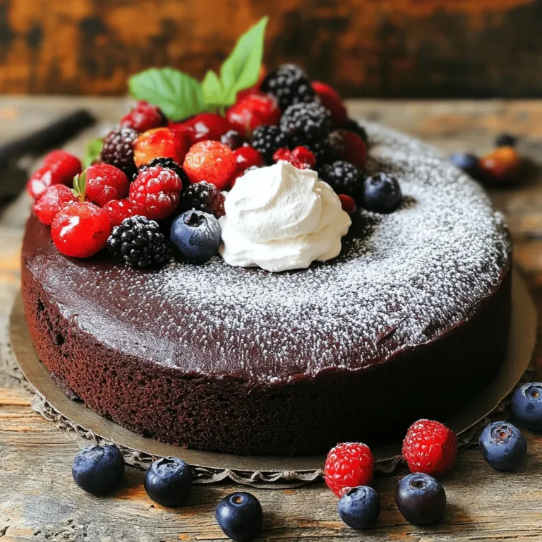 To make a great vegan chocolate cake, you need some key ingredients. Here’s what you will need: - 1 ½ cups all-purpose flour - 1 cup coconut sugar - ½ cup unsweetened cocoa powder - 1 teaspoon baking soda - ½ teaspoon salt - 1 cup unsweetened almond milk (or any plant-based milk) - ½ cup vegetable oil - 1 teaspoon vanilla extract - 1 tablespoon apple cider vinegar - ½ cup dairy-free chocolate chips (optional) These ingredients work together to create a moist, rich cake that everyone will love. You can add a fun twist to your cake with toppings or fillings. Consider these options: - Fresh berries like raspberries or strawberries - Coconut whipped cream - Powdered sugar dusting - Dairy-free chocolate frosting - Nut butter for a creamy layer These add flavor and make the cake look fancy for any occasion. If you have allergies or prefer different ingredients, don’t worry! You can easily swap some items. Here are a few ideas: - Use gluten-free flour if you want a gluten-free option. - Replace coconut sugar with brown sugar or maple syrup. - Swap almond milk for oat or soy milk if needed. - Use canola oil instead of vegetable oil for a different taste. These substitutions keep your cake delicious and safe for everyone. For the complete recipe, check out the Full Recipe link. First, you need to preheat your oven to 350°F (175°C). This helps the cake bake evenly. Next, grab a 9-inch round cake pan. You can grease it with a little oil or use parchment paper. This way, the cake will come out easily after baking. In a large mixing bowl, sift together the dry ingredients. You will need 1 ½ cups of all-purpose flour, 1 cup of coconut sugar, and ½ cup of unsweetened cocoa powder. Add 1 teaspoon of baking soda and ½ teaspoon of salt. Whisk everything together until it looks combined. This helps mix the flavors well. Now, take another bowl for the wet ingredients. Pour in 1 cup of unsweetened almond milk, or any plant-based milk you like. Next, add ½ cup of vegetable oil for moisture. Then, stir in 1 teaspoon of vanilla extract and 1 tablespoon of apple cider vinegar. Mix these well until they blend together. Slowly pour the wet mixture into the dry ingredients. Use a spatula or a whisk to mix gently. You want to combine them without overmixing. It’s okay if there are small lumps. If you like, fold in ½ cup of dairy-free chocolate chips for an extra chocolatey flavor. Pour the batter into your prepared cake pan. Use a spatula to smooth the top. Place the pan in the preheated oven and bake for 30-35 minutes. To check if it's done, insert a toothpick into the center. It should come out clean. After baking, let the cake cool in the pan for about 10 minutes. Then, transfer it to a wire rack to cool completely. Now your cake is ready for frosting or serving! For the Full Recipe, you can refer to the earlier section. Enjoy making this easy and delicious vegan chocolate cake! To keep the cake light, mix gently. After adding wet ingredients to the dry ones, stir slowly. Stop mixing as soon as you see no dry flour. Overmixing makes the cake dense and tough. It’s okay if a few lumps remain. They will bake out in the oven. To check if your cake is done, use a toothpick. Insert it in the middle of the cake. If it comes out clean, the cake is ready. If it has wet batter, bake it a bit longer. Keep checking every few minutes. This way, you won’t overbake and dry it out. For a beautiful finish, dust the cooled cake with powdered sugar. You can also add fresh berries or a dollop of coconut whipped cream. This adds color and taste. Use a sharp knife to slice the cake neatly. This makes each piece look inviting and fun. Enjoy every slice of this chocolate delight! Check the Full Recipe for more details. {{image_2}} You can easily make this cake gluten-free! Substitute the all-purpose flour with almond flour or a gluten-free blend. Use a 1:1 gluten-free flour mix for best results. This helps keep the cake moist and fluffy. Always check that your baking powder is gluten-free too. Add fun flavors to your cake! Mix in a teaspoon of mint extract for a refreshing twist. You can also add the zest of one orange for a bright, citrusy kick. These small changes create new taste experiences. Feel free to experiment and find your favorite! Fruits and nuts enhance the cake’s texture. Chopped walnuts or pecans add a nice crunch. For fruity goodness, fold in blueberries or raspberries. They add moisture and a pop of flavor. Just make sure not to add too much, or the cake might not rise well. These variations can make your vegan chocolate cake exciting and unique. You can find the Full Recipe at the start of this article. To keep your vegan chocolate cake fresh, wrap it well. Use plastic wrap or aluminum foil. Store it in an airtight container at room temperature. This way, the cake stays soft and moist. If you have a lot left, you can refrigerate it. The cake will last up to a week this way. Freezing is a great way to save your cake for later. First, slice the cake into pieces. Wrap each slice tightly in plastic wrap. Then, place the wrapped slices in a freezer bag. Be sure to remove as much air as possible. You can freeze the cake for up to three months. When you're ready to enjoy it, just thaw it in the fridge overnight. If your cake feels a bit dry after storage, don't worry! You can bring it back to life. Try adding a splash of plant-based milk on top. Let it sit for a few minutes to soak in. You can also frost it to add moisture and flavor. If you want a fun twist, warm the slices in the microwave for a few seconds. This makes the chocolate melt and creates a gooey treat! Enjoy it fresh, even days later. A vegan cake does not use animal products. This means no eggs, milk, or butter. We replace these with plant-based ingredients. For example, we use almond milk instead of cow's milk. We can use flaxseed meal or applesauce in place of eggs. This allows us to make rich and moist cakes without animal products. Yes, you can use other types of sugar. Coconut sugar is great because it adds a lovely taste. Brown sugar works too; it gives a bit of molasses flavor. Just make sure the sugar is vegan. Some sugars are processed with bone char. Always check the label if you want to keep it vegan. If you want to skip applesauce, use mashed bananas instead. They keep the cake moist and add a nice flavor. You can also use a flax egg. Mix one tablespoon of ground flaxseed with three tablespoons of water. Let it sit for a few minutes until it thickens. This will help bind the cake. Yes, you can make a chocolate cake without cocoa powder. Try using carob powder for a different taste. You could also use a vanilla cake base and add flavors like almond or coffee. This gives you a fun twist while keeping the cake yummy. You can find the Full Recipe for this vegan chocolate cake right here. It includes all the steps and tips you need to make this delicious treat. Enjoy baking! You now have a great guide for making a vegan chocolate cake. We covered essential ingredients, tips for mixing, and storage ideas. Plus, I shared some fun variations to try. Remember, baking is all about experimenting and adapting to your taste. Don't be afraid to play with flavors and textures. Enjoy this cake with friends and family, and make every slice count. Happy baking!