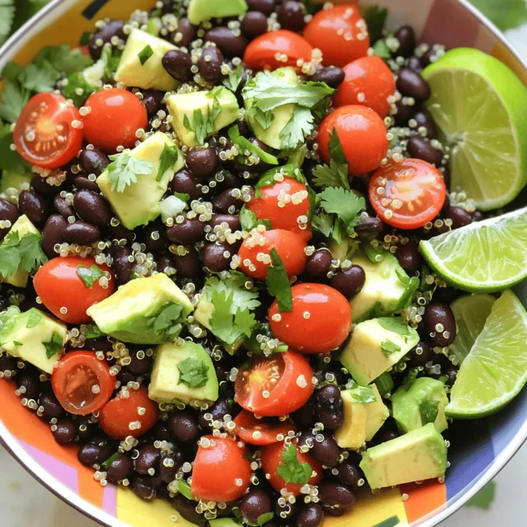 - 1 cup quinoa, rinsed - 1 can (15 oz) black beans, drained and rinsed - 1 red bell pepper, diced - 1 cup cherry tomatoes, halved - 1 small red onion, finely chopped Quinoa forms the base of this dish. It is high in protein and gluten-free. Black beans add fiber and a creamy texture. Fresh vegetables bring crunch and color. The bell pepper and cherry tomatoes add sweetness, while the onion gives a bit of sharpness. - 1 teaspoon cumin - 1 teaspoon chili powder - Juice of 2 limes - 2 tablespoons olive oil - Salt and pepper to taste Cumin and chili powder pack a punch. They add warmth and depth. Lime juice brightens the dish and adds acidity. Olive oil brings richness. Salt and pepper balance the flavors, making everything pop. - 1 jalapeño, deseeded and minced - 1 avocado, diced - 1/4 cup fresh cilantro, chopped If you want more heat, add jalapeño. Avocado gives creaminess and healthy fats. Cilantro adds a fresh, herbal note. These optional ingredients can elevate your salad. You can mix and match based on your taste. For the full recipe, check out the details! Start by rinsing the quinoa. This removes the bitter coating called saponin. Rinse it under cold water in a fine-mesh strainer. Swirl it around for a minute until the water runs clear. Next, cook the quinoa. In a medium saucepan, add the rinsed quinoa and 2 cups of vegetable broth or water. Bring it to a boil over medium heat. Once it boils, reduce the heat to low. Cover the pot and let it simmer for about 15 minutes. After that, all the liquid should be absorbed. Remove it from heat and let it sit covered for 5 minutes. Finally, fluff it with a fork to get the perfect texture. While the quinoa cooks, chop your vegetables. Dice the red bell pepper, halve the cherry tomatoes, and finely chop the red onion. For added heat, deseed and mince the jalapeño. Then, dice the avocado and set everything aside in a large mixing bowl. Now, make the dressing. In a small bowl, whisk together the juice of 2 limes, 2 tablespoons of olive oil, 1 teaspoon of cumin, 1 teaspoon of chili powder, and salt and pepper to taste. This dressing adds a zesty kick to the salad. Once the quinoa is ready, add it to the large bowl with the chopped veggies. Pour the dressing over everything. Gently toss all the ingredients together until they are well combined. Finally, fold in the chopped cilantro. This adds freshness and color to your dish. Taste the salad and adjust the seasoning if needed. You can add more lime juice or salt to suit your taste. Enjoy this flavorful and healthy dish, perfect for any meal. For the full recipe, check the earlier section. Quinoa cooking tips To cook quinoa, rinse it first. This helps remove bitter saponins. Use a 2:1 ratio of liquid to quinoa. I prefer vegetable broth for more flavor. Bring it to a boil, then cover and reduce the heat. Let it simmer for about 15 minutes. After that, let it sit for 5 minutes. Fluff it with a fork for a light texture. Dressing tips For the dressing, I mix lime juice, olive oil, cumin, and chili powder. This blend adds a zesty punch. You can adjust the salt and pepper to taste. Make sure to whisk the dressing well before adding it to the salad. This helps combine the flavors nicely. Best pairings This salad shines on its own. It also pairs well with grilled chicken or shrimp. You can serve it alongside tortilla chips for a crunchy touch. A dollop of sour cream can add creaminess too. Presentation tips Serve the salad in a large, colorful bowl. Add extra lime wedges on the side for a fresh look. Garnish with chopped cilantro for a vibrant finish. This makes the dish appealing and fun to eat. Health benefits of ingredients Quinoa is a complete protein and rich in fiber. Black beans support heart health and digestion. Fresh veggies like bell peppers and tomatoes provide vitamins. Avocado adds healthy fats, which are good for your skin. Calorie breakdown Each serving of this salad has about 300 calories. It is low in saturated fat and high in nutrients. This dish is great for a light lunch or dinner. You can enjoy it guilt-free while still feeling full. {{image_2}} You can easily switch beans in this salad. Try kidney beans or chickpeas for a new twist. Each bean brings a different taste and texture. You can also change the spices. Instead of cumin, use smoked paprika. This swap adds a nice depth of flavor. If you want more heat, add cayenne pepper. This can really spice things up! This salad is great for everyone. It’s already vegan, so you can enjoy it without dairy. If you follow a gluten-free diet, this salad is safe. Just make sure your broth is gluten-free. This keeps the dish light and healthy, while still being full of flavor. Using seasonal veggies makes this dish fresh and fun. In summer, add corn or zucchini for crunch. In fall, roasted sweet potatoes are a tasty addition. You can also change it for different occasions. Make it a main dish for a picnic or a side for a barbecue. The options are endless! For the full recipe, check the main section! To keep your spicy quinoa black bean salad fresh, use airtight containers. Glass or plastic containers work well. Store the salad in the fridge for up to three days. After this time, the salad may lose its taste and crunch. You can prep this salad in advance. Cook the quinoa and chop the veggies a day before. Store each ingredient separately to keep them fresh. Mix everything together right before serving. This way, you enjoy the best flavors and textures. Got leftovers? You can use them in many fun ways. Try adding the salad to wraps or tacos. You can also mix it into scrambled eggs for breakfast. Another idea is to top a baked potato with it. Each option makes a tasty meal! Check out the Full Recipe for more ideas! To reduce the heat, you can skip the jalapeño. If you want a milder flavor, you can also use less chili powder. Another great option is to add more avocado. Avocado has a creamy texture that cools the spice. You can also serve the salad with a dollop of yogurt or sour cream. This will balance out the heat and make each bite smooth. Yes, you can make this salad ahead of time! It actually tastes better after sitting for a while. The flavors mix and get richer. Store the salad in an airtight container in the fridge. It will stay fresh for up to three days. Just remember to keep the avocado separate if you want it to stay green. Add it just before serving. This salad pairs well with many dishes. You can serve it with grilled chicken or fish for a complete meal. It also tastes great with tortilla chips or wraps. If you want a light lunch, enjoy it with a side of soup. For a fun twist, you can use it as a filling in tacos. This salad is so versatile! You can find the full recipe above to get started. This blog post covered how to make a delicious Spicy Quinoa Black Bean Salad. We discussed essential ingredients, like quinoa and black beans, and flavorful spices, such as cumin and lime juice. You learned step-by-step instructions for making the salad and tips for perfecting it. We explored variations, storage info, and answers to common questions. Enjoying this salad makes for a healthy meal that can fit any diet. Keep experimenting with ingredients to find what you love most. Happy cooking!