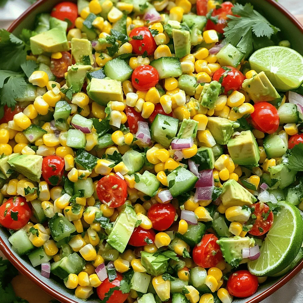 For the base of our Summer Corn Salad, fresh corn is key. I use about 4 cups of fresh corn kernels, which comes from 6 ears of corn. The sweetness of fresh corn makes the salad pop. I also add 1 diced red bell pepper for a crunchy bite. You need 1 diced cucumber for a cool touch. A ½ finely chopped red onion adds a mild kick. Finally, I toss in 1 cup of halved cherry tomatoes for color and flavor. Next, I like to include 1 diced avocado for creaminess. It makes the salad rich and filling. I also add ½ cup of chopped fresh cilantro. This herb brings a fresh, bright taste that pairs well with corn. These ingredients together create a colorful and tasty dish. The dressing is simple but full of flavor. I mix 3 tablespoons of lime juice with 2 tablespoons of olive oil. If you want a hint of sweetness, add 1 teaspoon of honey. Don’t forget to season with salt and pepper to taste. This dressing ties all the flavors together and gives the salad a zesty finish. For the full recipe, check out the details above. Start by shucking the corn. Grab six ears of corn. Remove the husks and silk. Hold the corn cob upright in a bowl. Use a sharp knife to slice down the sides. The kernels will fall into the bowl. This method keeps your kitchen clean and neat. You need about four cups of corn for this salad. Fresh corn adds great flavor and sweetness. In a large mixing bowl, combine the corn kernels. Add one diced red bell pepper. Next, toss in one diced cucumber. Chop half a red onion finely and add it in. Slice one cup of cherry tomatoes in half and mix those too. Gently fold in one diced avocado and half a cup of chopped cilantro. Be careful with the avocado; you don’t want it to mash. The colors should look bright and inviting. Grab a small bowl for the dressing. Whisk together three tablespoons of lime juice and two tablespoons of olive oil. If you want a touch of sweetness, add one teaspoon of honey. Season with salt and pepper to taste. Mix until it’s well combined. Pour this dressing over the salad. Toss gently to coat all the ingredients. Let the salad sit for about ten minutes before serving. This helps the flavors blend nicely. You can find the full recipe with all details if you wish to try this at home! When choosing corn, look for bright green husks. The silk should be brown and sticky. Fresh corn should feel plump. You want to hear a nice crunch when you bite into it. Buy corn that is in season for the best taste. Sweet corn adds flavor, while yellow and white varieties offer a nice mix. For this salad, I prefer using fresh corn. It makes the dish bright and juicy. Shucking corn can be tricky, but I have a simple method. First, grab the corn and pull down the husk. Remove all the silk strands. Hold the corn vertically in a bowl. Use a sharp knife to slice down the sides. This method helps catch the kernels. A bowl prevents mess and makes cleanup easy. If you have trouble, use kitchen gloves for a better grip. To make your salad pop, try adding some extra flavors. Fresh herbs like basil or mint can brighten the dish. You can also add a pinch of chili powder for heat. A squeeze of lemon juice makes it tangy. Consider adding cheese like feta or cotija for creaminess. These small changes can take your salad to the next level. Adjust the flavors to suit your taste. For the full recipe, check out the section above! {{image_2}} Grilling adds a smoky flavor to corn. To make a grilled corn salad, first, grill the corn on the cob until it gets nice char marks. This takes about 10-15 minutes. Let it cool, then cut the kernels off. Mix the grilled corn with diced tomatoes, red onion, and bell peppers. Toss in lime juice and olive oil for a fresh taste. It’s a perfect dish for summer barbecues. You can easily make a Mexican street corn salad with this recipe. Start by using the same fresh corn, but add some queso fresco and lime zest. Mix in chili powder and fresh cilantro. This gives the salad an authentic taste. You can also add jalapeños for extra heat. Serve it with a squeeze of lime for a zesty kick. If you want a vegan and gluten-free salad, good news! This recipe is already a great fit. Just skip the honey or use agave syrup. You might also want to swap olive oil for avocado oil. Add some black beans for protein. This will make your salad hearty and filling. It’s a wonderful option that everyone can enjoy. For the full recipe, check out the Sweet & Zesty Summer Corn Salad. Store your Summer Corn Salad in an airtight container. This keeps it fresh for about 3 days. If you notice any wilting or browning, it’s best to toss those parts. Always check for freshness before serving leftovers. Freezing this salad isn’t ideal. The texture of the veggies changes when frozen. If you must freeze, only freeze the corn. You can cook the corn before freezing. When ready to eat, thaw it, then mix with fresh ingredients. To keep your salad fresh, prepare the dressing separately. Mix it in just before serving. This helps keep the veggies crisp. You can also store each ingredient separately. When ready, combine them for a bright, fresh taste. For the full recipe, check out the recipe section above. Summer Corn Salad stays fresh for about 3 to 5 days in the fridge. Store it in an airtight container. The flavors will blend and get better over time. If you notice any browning on the avocado, just scoop it out and enjoy the rest of the salad. Yes, you can use frozen corn. Just thaw it and drain any excess water. Frozen corn has a similar taste and texture to fresh corn. However, fresh corn gives a brighter flavor and crunch. If you want to use frozen corn, it will still work well in this recipe. This salad pairs well with grilled chicken or fish. You can also serve it alongside tacos or burgers. For a light lunch, add it to a bed of greens. The fresh flavors of the salad balance nicely with rich dishes. Enjoy it with a refreshing drink like lemonade or iced tea. For the full recipe, check out the earlier section. In this post, I covered how to make a delicious summer corn salad. We explored fresh corn, other veggies, and easy dressing options. I shared steps for prepping, mixing, and creating flavors. You learned tips for picking the best corn and enhancing taste. Plus, I offered variations to try, like grilled corn or vegan versions. Enjoy making your salad! It’s fresh, fun, and perfect for warm days.