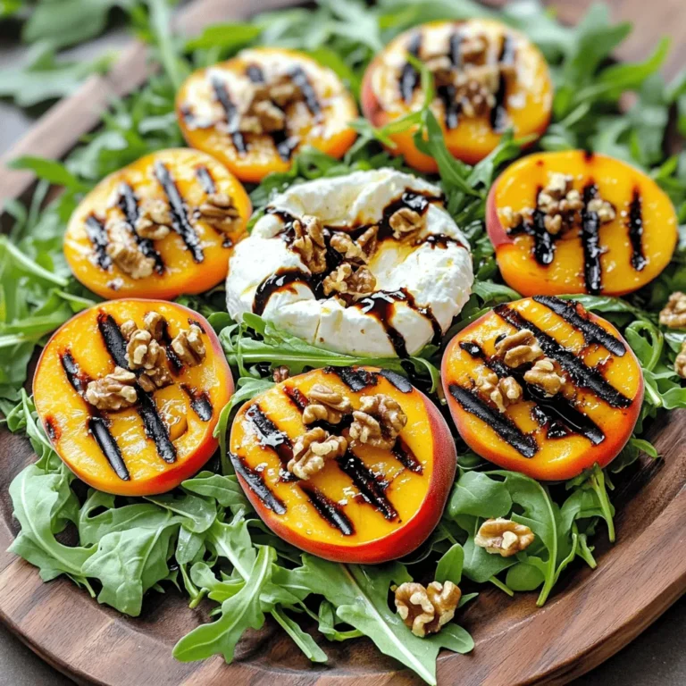 - Fresh Peaches and Their Importance Fresh peaches bring sweetness and a juicy burst to the salad. They should be ripe but firm. When grilled, they caramelize nicely, enhancing their flavor. Grilling makes them soft and adds a smoky note. This step transforms them into a star of the dish. - Burrata Cheese and Alternatives Burrata cheese is creamy and rich, making it a perfect match for peaches. Its soft inside contrasts well with the grilled fruit. If you can’t find burrata, try fresh mozzarella or goat cheese. Both offer a similar creaminess while adding unique flavors to the salad. - Recommended Greens and Nuts Fresh arugula provides a peppery bite that balances the sweetness of the peaches. You could also use spinach for a milder flavor. For crunch, toasted walnuts add texture and nutty depth. They complement the salad without overpowering its other flavors. These ingredients create a fresh and flavorful delight in the Grilled Peach Burrata Salad. For the full recipe, check out the details above. Prepping Peaches and Tools Needed To start, gather your peaches and tools. You need: - A sharp knife - A cutting board - A grill - A brush for oil Wash the peaches under cool water. Slice them in half and remove the pits. Grilling Guidelines for Perfectly Grilled Peaches Preheat your grill to medium-high heat. Brush the cut sides of the peaches with olive oil. Add a pinch of salt and pepper for flavor. Place the peaches cut side down on the grill. Grill them for about 3-4 minutes. Look for nice grill marks and softening edges. Flip the peaches and grill for another 2-3 minutes. Once done, take them off the grill and let them cool a bit. Assembling the Salad In a large bowl, add the fresh arugula. Drizzle with olive oil and toss gently to coat. Next, arrange the grilled peaches on top of the arugula. Tear the burrata cheese and place it in the center of the salad. Drizzle with balsamic glaze for a sweet touch. Top with the toasted walnuts and fresh basil leaves. Adjust the seasoning with more salt and pepper if you like. Follow this method for a delicious Grilled Peach Burrata Salad. Check out the Full Recipe for a detailed guide! To elevate your grilled peach burrata salad, use fresh herbs. Basil works well, but mint adds a nice twist. You can experiment with a mix of both for a refreshing taste. For seasoning, try using sea salt and freshly cracked black pepper. These simple additions boost the flavors without overpowering them. A hint of crushed red pepper can add a nice kick if you enjoy spice. For an extra crunch, add sliced almonds or pecans. These nuts pair well with burrata and add texture. You can also use crispy chickpeas for a fun twist. When drizzling balsamic glaze, use a squeeze bottle for control. Start in the center and swirl outward. This method creates beautiful patterns and ensures each bite is flavorful. If you want a sweeter touch, reduce balsamic vinegar on the stove until thickened. For the full recipe, check out the detailed instructions above. Enjoy your delicious creation! {{image_2}} Other Fruits to Grill You can grill many fruits to add flavor. Try nectarines, plums, or even pineapples. Each fruit brings a unique taste. They pair well with burrata and greens. Grilling enhances their sweetness. This gives your salad a fun twist. Different Greens Beyond Arugula While arugula is great, other greens work too. Spinach, kale, or mixed greens add variety. Each green has its own taste and texture. You can even use baby lettuce for a tender bite. Mixing greens can change the salad’s look and feel. Substituting Cheese for Dietary Preferences Burrata is creamy and rich, but other cheeses can fit too. Goat cheese or feta can be good swaps. Each option offers a new flavor and texture. For a dairy-free choice, use cashew cheese or a nut-based spread. This way, everyone can enjoy the salad. For the full recipe, check out the Grilled Peach Burrata Salad. It’s easy to customize based on your taste or what you have on hand! How to Store Leftover Salad If you have leftover Grilled Peach Burrata Salad, store it in a sealed container. Keep it in the fridge. The salad tastes best fresh, but you can enjoy it for up to two days. Reheating Grilled Peaches For grilled peaches, I recommend not reheating them in the microwave. Instead, place them on a skillet over low heat. This method warms them without making them mushy. You want to keep that smoky flavor intact! Duration for Storing Ingredients Separately To keep your salad fresh, store each ingredient separately. Grilled peaches last for about three days in the fridge. Burrata should be eaten within two days for the best flavor. Arugula can stay fresh for about five days if kept dry. For the full recipe, check out the Grilled Peach Burrata Salad section. Yes, you can use canned peaches, but fresh ones are better. Fresh peaches add more flavor and texture to your salad. If you use canned peaches, choose ones in juice, not syrup. Drain them well before grilling. To check if peaches are ripe, look for a slight give when you squeeze them. Ripe peaches should feel soft but not mushy. Their color should be vibrant and golden. You can also smell them; ripe peaches have a sweet aroma. Burrata is not hard to find. Most grocery stores carry it in their cheese section. If you cannot find it, you can use fresh mozzarella as a substitute. While the taste will vary, it still works well in this salad. You can prepare parts of the salad ahead of time. Grill the peaches and store them in the fridge for a day. Keep the arugula, burrata, and nuts separate until serving. This keeps everything fresh and tasty. For the complete recipe, check out the Full Recipe link. Using fresh peaches, creamy burrata, and greens, this salad bursts with flavor. I covered the key ingredients, prep steps, and grilling tips for perfect peaches. You can customize it with seasonal fruits or adjust the cheese for your diet. Storing leftover salad properly keeps it fresh for longer. With this guide, you can create a delicious and enjoyable dish. Now, get cooking and share your tasty results!
