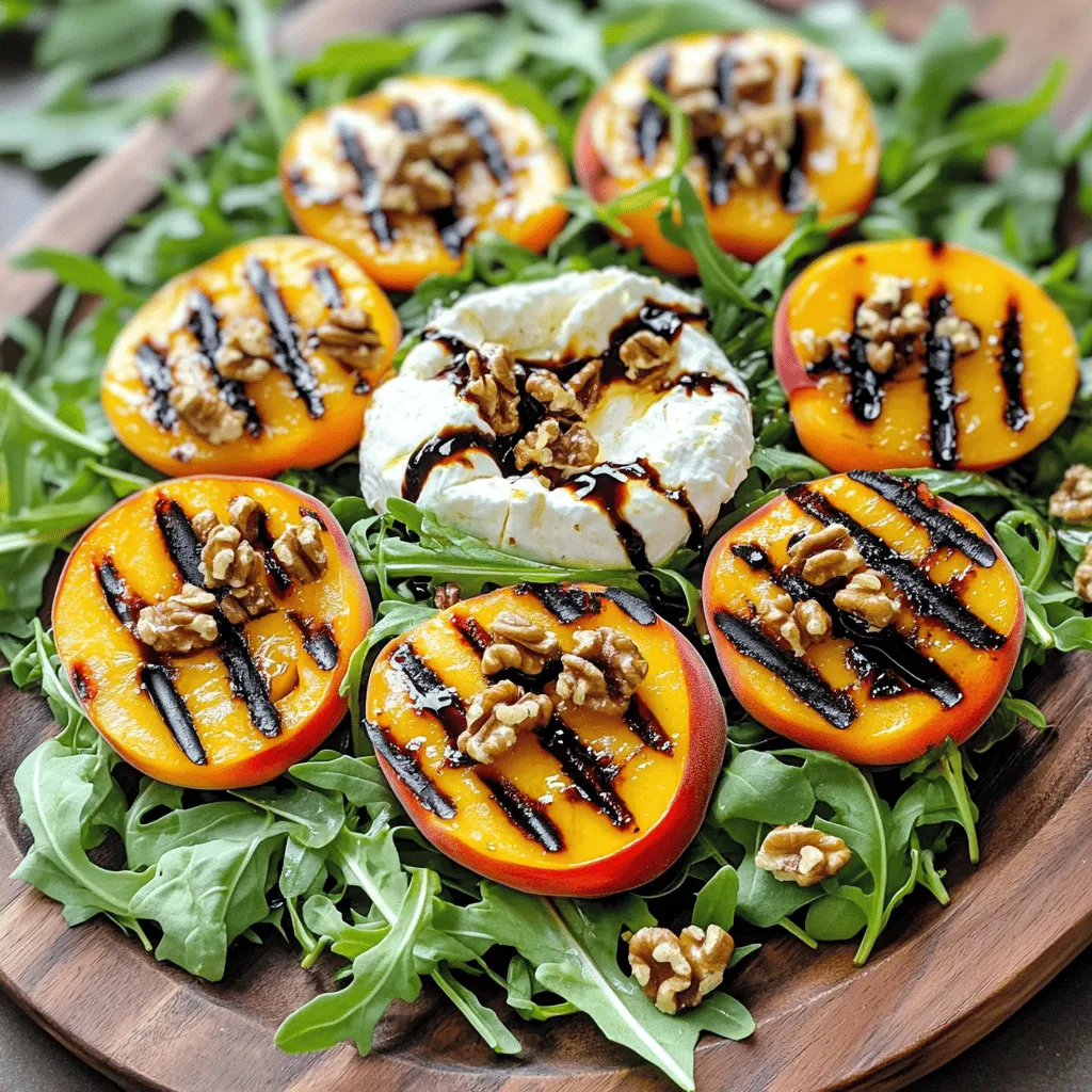 - Fresh Peaches and Their Importance Fresh peaches bring sweetness and a juicy burst to the salad. They should be ripe but firm. When grilled, they caramelize nicely, enhancing their flavor. Grilling makes them soft and adds a smoky note. This step transforms them into a star of the dish. - Burrata Cheese and Alternatives Burrata cheese is creamy and rich, making it a perfect match for peaches. Its soft inside contrasts well with the grilled fruit. If you can’t find burrata, try fresh mozzarella or goat cheese. Both offer a similar creaminess while adding unique flavors to the salad. - Recommended Greens and Nuts Fresh arugula provides a peppery bite that balances the sweetness of the peaches. You could also use spinach for a milder flavor. For crunch, toasted walnuts add texture and nutty depth. They complement the salad without overpowering its other flavors. These ingredients create a fresh and flavorful delight in the Grilled Peach Burrata Salad. For the full recipe, check out the details above. Prepping Peaches and Tools Needed To start, gather your peaches and tools. You need: - A sharp knife - A cutting board - A grill - A brush for oil Wash the peaches under cool water. Slice them in half and remove the pits. Grilling Guidelines for Perfectly Grilled Peaches Preheat your grill to medium-high heat. Brush the cut sides of the peaches with olive oil. Add a pinch of salt and pepper for flavor. Place the peaches cut side down on the grill. Grill them for about 3-4 minutes. Look for nice grill marks and softening edges. Flip the peaches and grill for another 2-3 minutes. Once done, take them off the grill and let them cool a bit. Assembling the Salad In a large bowl, add the fresh arugula. Drizzle with olive oil and toss gently to coat. Next, arrange the grilled peaches on top of the arugula. Tear the burrata cheese and place it in the center of the salad. Drizzle with balsamic glaze for a sweet touch. Top with the toasted walnuts and fresh basil leaves. Adjust the seasoning with more salt and pepper if you like. Follow this method for a delicious Grilled Peach Burrata Salad. Check out the Full Recipe for a detailed guide! To elevate your grilled peach burrata salad, use fresh herbs. Basil works well, but mint adds a nice twist. You can experiment with a mix of both for a refreshing taste. For seasoning, try using sea salt and freshly cracked black pepper. These simple additions boost the flavors without overpowering them. A hint of crushed red pepper can add a nice kick if you enjoy spice. For an extra crunch, add sliced almonds or pecans. These nuts pair well with burrata and add texture. You can also use crispy chickpeas for a fun twist. When drizzling balsamic glaze, use a squeeze bottle for control. Start in the center and swirl outward. This method creates beautiful patterns and ensures each bite is flavorful. If you want a sweeter touch, reduce balsamic vinegar on the stove until thickened. For the full recipe, check out the detailed instructions above. Enjoy your delicious creation! {{image_2}} Other Fruits to Grill You can grill many fruits to add flavor. Try nectarines, plums, or even pineapples. Each fruit brings a unique taste. They pair well with burrata and greens. Grilling enhances their sweetness. This gives your salad a fun twist. Different Greens Beyond Arugula While arugula is great, other greens work too. Spinach, kale, or mixed greens add variety. Each green has its own taste and texture. You can even use baby lettuce for a tender bite. Mixing greens can change the salad’s look and feel. Substituting Cheese for Dietary Preferences Burrata is creamy and rich, but other cheeses can fit too. Goat cheese or feta can be good swaps. Each option offers a new flavor and texture. For a dairy-free choice, use cashew cheese or a nut-based spread. This way, everyone can enjoy the salad. For the full recipe, check out the Grilled Peach Burrata Salad. It’s easy to customize based on your taste or what you have on hand! How to Store Leftover Salad If you have leftover Grilled Peach Burrata Salad, store it in a sealed container. Keep it in the fridge. The salad tastes best fresh, but you can enjoy it for up to two days. Reheating Grilled Peaches For grilled peaches, I recommend not reheating them in the microwave. Instead, place them on a skillet over low heat. This method warms them without making them mushy. You want to keep that smoky flavor intact! Duration for Storing Ingredients Separately To keep your salad fresh, store each ingredient separately. Grilled peaches last for about three days in the fridge. Burrata should be eaten within two days for the best flavor. Arugula can stay fresh for about five days if kept dry. For the full recipe, check out the Grilled Peach Burrata Salad section. Yes, you can use canned peaches, but fresh ones are better. Fresh peaches add more flavor and texture to your salad. If you use canned peaches, choose ones in juice, not syrup. Drain them well before grilling. To check if peaches are ripe, look for a slight give when you squeeze them. Ripe peaches should feel soft but not mushy. Their color should be vibrant and golden. You can also smell them; ripe peaches have a sweet aroma. Burrata is not hard to find. Most grocery stores carry it in their cheese section. If you cannot find it, you can use fresh mozzarella as a substitute. While the taste will vary, it still works well in this salad. You can prepare parts of the salad ahead of time. Grill the peaches and store them in the fridge for a day. Keep the arugula, burrata, and nuts separate until serving. This keeps everything fresh and tasty. For the complete recipe, check out the Full Recipe link. Using fresh peaches, creamy burrata, and greens, this salad bursts with flavor. I covered the key ingredients, prep steps, and grilling tips for perfect peaches. You can customize it with seasonal fruits or adjust the cheese for your diet. Storing leftover salad properly keeps it fresh for longer. With this guide, you can create a delicious and enjoyable dish. Now, get cooking and share your tasty results!