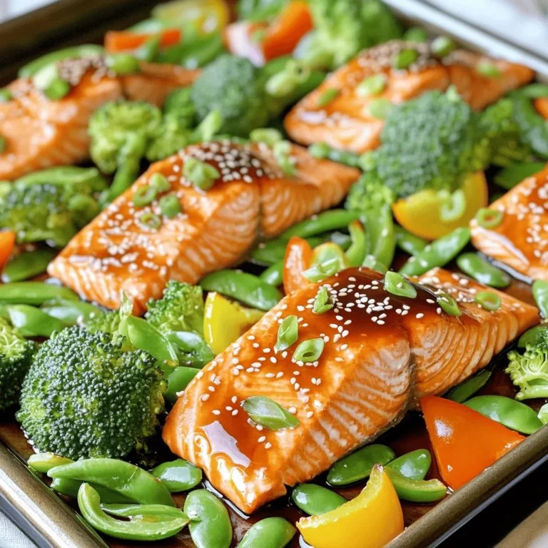 - 4 salmon fillets - 1 cup broccoli florets - 1 cup snap peas - 1 bell pepper, sliced (any color) - 2 tablespoons olive oil - Salt and pepper to taste - Sesame seeds for garnish - Green onions, finely sliced for garnish - 1/4 cup soy sauce (or tamari for gluten-free) - 2 tablespoons honey or maple syrup - 1 tablespoon rice vinegar - 1 teaspoon minced garlic - 1 teaspoon grated ginger - 1 teaspoon cornstarch mixed with 1 tablespoon water (for thickening) Using fresh and vibrant ingredients makes all the difference in this dish. I love the way salmon pairs with crisp veggies. The olive oil, salt, and pepper bring out the natural flavors. For the teriyaki sauce, I prefer a blend of soy sauce, honey, and rice vinegar. This mix adds a sweet and tangy touch. Garlic and ginger give it a warm, fragrant flavor. The cornstarch thickens the sauce, making it stick perfectly to the salmon and veggies. You can find the full recipe for this delightful Sheet Pan Teriyaki Salmon in the article above. Enjoy cooking! First, preheat your oven to 400°F (200°C). This step is key for even cooking. Next, line a baking sheet with parchment paper. This makes cleanup easy and helps your food not stick. Now, let’s make the teriyaki sauce. In a small saucepan over medium heat, combine these ingredients: - 1/4 cup soy sauce (or tamari for gluten-free) - 2 tablespoons honey or maple syrup - 1 tablespoon rice vinegar - 1 teaspoon minced garlic - 1 teaspoon grated ginger Stir the mixture well. Bring it to a gentle simmer. Then, mix 1 teaspoon cornstarch with 1 tablespoon water in a bowl until it’s smooth. Slowly add this to the saucepan. Stir constantly until the sauce thickens. Remove it from heat and set it aside. In a large bowl, toss the following vegetables with 2 tablespoons olive oil, salt, and pepper: - 1 cup broccoli florets - 1 cup snap peas - 1 bell pepper, sliced (any color) Make sure they are evenly coated. Now, place the salmon fillets in the center of the prepared baking sheet. Surround them with your mixed vegetables. Drizzle half of the teriyaki sauce over the salmon and veggies. Save the rest for later. Place the sheet pan in the oven and bake for 15-20 minutes. The salmon should cook through and flake easily with a fork. The vegetables need to be tender but still crisp. After baking, remove the sheet pan from the oven. Drizzle the remaining teriyaki sauce over the salmon and veggies. For a nice finish, sprinkle sesame seeds and sliced green onions on top. This adds extra flavor and texture. Enjoy your meal! For the full recipe, check the section above. - Optimal baking time and temperature: Bake the salmon at 400°F (200°C). This high heat gives it a nice crust while keeping it moist. Bake for 15-20 minutes. Start checking at the 15-minute mark. - How to check salmon doneness: The salmon is done when it flakes easily with a fork. It should look opaque and have a bright color. If you have a meat thermometer, aim for an internal temperature of 145°F (63°C). - Additional seasoning suggestions: Try adding a pinch of red pepper flakes for heat. You can also use garlic powder or onion powder to boost flavor. A squeeze of fresh lime or lemon juice adds brightness too. - Pairing ideas for sides: Serve your teriyaki salmon with steamed rice or quinoa. You can also add a side of sautéed greens or a simple salad for extra crunch. Consider roasted sweet potatoes for a sweet contrast. {{image_2}} You can swap salmon for other proteins. Chicken works well. Use boneless, skinless chicken thighs or breasts. Cut them into similar sizes to the salmon. This way, they cook evenly. Tofu is another great option. Choose firm or extra-firm tofu. Press it to remove extra moisture, then cut it into cubes. Marinate the tofu in the same teriyaki sauce for flavor. Both chicken and tofu will soak up the sauce nicely. You’ll still get a tasty meal without the salmon. Feel free to change up the veggies in this dish. Asparagus is a great choice. It adds a nice crunch and flavor. Carrots are also a good option. Slice them thinly for even cooking. Zucchini works too; just cut it into half-moons. You can even use frozen vegetables if you're short on time. Just remember to adjust the baking time. Each vegetable brings its own taste and texture to the dish. Mix and match to find your favorite combo! For the full recipe, check out the recipe section above. To store leftovers, place the salmon and veggies in an airtight container. Keep them in the fridge for up to three days. Make sure to let the food cool down before sealing it. This way, your dish stays fresh and tasty. If you want to keep it longer, consider freezing it. Wrap the salmon and veggies tightly in plastic wrap, then place them in a freezer bag. They can last for up to three months in the freezer. To reheat your teriyaki salmon, the oven is best. Preheat your oven to 350°F (175°C). Place the salmon and vegetables on a baking sheet. Cover with foil to keep moisture in. Heat for about 10-15 minutes until warmed through. If you’re in a hurry, the microwave works too. Put the salmon on a microwave-safe plate. Cover it with a damp paper towel. Heat for 1-2 minutes, checking often to avoid overcooking. Enjoy your meal just like it was fresh! For the full recipe, check out the complete guide. You can serve this dish with steamed rice or quinoa. Both pair well with the salmon. You might also add a fresh salad or some pickled vegetables for extra crunch. These sides balance the rich teriyaki flavor and make the meal complete. Yes, you can make the teriyaki sauce ahead of time. Just store it in an airtight container in the fridge. It will keep well for up to a week. When you are ready to cook, simply reheat it on the stove before using. Yes, you can freeze cooked teriyaki salmon. Allow it to cool completely, then wrap it tightly. Use freezer-safe bags or containers to prevent freezer burn. It will stay fresh for about three months. To reheat, simply thaw in the fridge and warm in the oven or microwave. For the full recipe, check out the details above. This post covered how to make easy Sheet Pan Teriyaki Salmon. We went over main ingredients, including salmon and vegetables, along with a simple teriyaki sauce. I shared step-by-step cooking tips and alternative options for proteins and veggies. We also discussed storage and reheating methods for leftovers. In the end, this dish is a quick, tasty way to enjoy healthy meals. You can easily customize it to your taste. So grab your ingredients and try this out tonight!