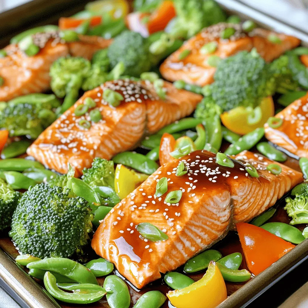 - 4 salmon fillets - 1 cup broccoli florets - 1 cup snap peas - 1 bell pepper, sliced (any color) - 2 tablespoons olive oil - Salt and pepper to taste - Sesame seeds for garnish - Green onions, finely sliced for garnish - 1/4 cup soy sauce (or tamari for gluten-free) - 2 tablespoons honey or maple syrup - 1 tablespoon rice vinegar - 1 teaspoon minced garlic - 1 teaspoon grated ginger - 1 teaspoon cornstarch mixed with 1 tablespoon water (for thickening) Using fresh and vibrant ingredients makes all the difference in this dish. I love the way salmon pairs with crisp veggies. The olive oil, salt, and pepper bring out the natural flavors. For the teriyaki sauce, I prefer a blend of soy sauce, honey, and rice vinegar. This mix adds a sweet and tangy touch. Garlic and ginger give it a warm, fragrant flavor. The cornstarch thickens the sauce, making it stick perfectly to the salmon and veggies. You can find the full recipe for this delightful Sheet Pan Teriyaki Salmon in the article above. Enjoy cooking! First, preheat your oven to 400°F (200°C). This step is key for even cooking. Next, line a baking sheet with parchment paper. This makes cleanup easy and helps your food not stick. Now, let’s make the teriyaki sauce. In a small saucepan over medium heat, combine these ingredients: - 1/4 cup soy sauce (or tamari for gluten-free) - 2 tablespoons honey or maple syrup - 1 tablespoon rice vinegar - 1 teaspoon minced garlic - 1 teaspoon grated ginger Stir the mixture well. Bring it to a gentle simmer. Then, mix 1 teaspoon cornstarch with 1 tablespoon water in a bowl until it’s smooth. Slowly add this to the saucepan. Stir constantly until the sauce thickens. Remove it from heat and set it aside. In a large bowl, toss the following vegetables with 2 tablespoons olive oil, salt, and pepper: - 1 cup broccoli florets - 1 cup snap peas - 1 bell pepper, sliced (any color) Make sure they are evenly coated. Now, place the salmon fillets in the center of the prepared baking sheet. Surround them with your mixed vegetables. Drizzle half of the teriyaki sauce over the salmon and veggies. Save the rest for later. Place the sheet pan in the oven and bake for 15-20 minutes. The salmon should cook through and flake easily with a fork. The vegetables need to be tender but still crisp. After baking, remove the sheet pan from the oven. Drizzle the remaining teriyaki sauce over the salmon and veggies. For a nice finish, sprinkle sesame seeds and sliced green onions on top. This adds extra flavor and texture. Enjoy your meal! For the full recipe, check the section above. - Optimal baking time and temperature: Bake the salmon at 400°F (200°C). This high heat gives it a nice crust while keeping it moist. Bake for 15-20 minutes. Start checking at the 15-minute mark. - How to check salmon doneness: The salmon is done when it flakes easily with a fork. It should look opaque and have a bright color. If you have a meat thermometer, aim for an internal temperature of 145°F (63°C). - Additional seasoning suggestions: Try adding a pinch of red pepper flakes for heat. You can also use garlic powder or onion powder to boost flavor. A squeeze of fresh lime or lemon juice adds brightness too. - Pairing ideas for sides: Serve your teriyaki salmon with steamed rice or quinoa. You can also add a side of sautéed greens or a simple salad for extra crunch. Consider roasted sweet potatoes for a sweet contrast. {{image_2}} You can swap salmon for other proteins. Chicken works well. Use boneless, skinless chicken thighs or breasts. Cut them into similar sizes to the salmon. This way, they cook evenly. Tofu is another great option. Choose firm or extra-firm tofu. Press it to remove extra moisture, then cut it into cubes. Marinate the tofu in the same teriyaki sauce for flavor. Both chicken and tofu will soak up the sauce nicely. You’ll still get a tasty meal without the salmon. Feel free to change up the veggies in this dish. Asparagus is a great choice. It adds a nice crunch and flavor. Carrots are also a good option. Slice them thinly for even cooking. Zucchini works too; just cut it into half-moons. You can even use frozen vegetables if you're short on time. Just remember to adjust the baking time. Each vegetable brings its own taste and texture to the dish. Mix and match to find your favorite combo! For the full recipe, check out the recipe section above. To store leftovers, place the salmon and veggies in an airtight container. Keep them in the fridge for up to three days. Make sure to let the food cool down before sealing it. This way, your dish stays fresh and tasty. If you want to keep it longer, consider freezing it. Wrap the salmon and veggies tightly in plastic wrap, then place them in a freezer bag. They can last for up to three months in the freezer. To reheat your teriyaki salmon, the oven is best. Preheat your oven to 350°F (175°C). Place the salmon and vegetables on a baking sheet. Cover with foil to keep moisture in. Heat for about 10-15 minutes until warmed through. If you’re in a hurry, the microwave works too. Put the salmon on a microwave-safe plate. Cover it with a damp paper towel. Heat for 1-2 minutes, checking often to avoid overcooking. Enjoy your meal just like it was fresh! For the full recipe, check out the complete guide. You can serve this dish with steamed rice or quinoa. Both pair well with the salmon. You might also add a fresh salad or some pickled vegetables for extra crunch. These sides balance the rich teriyaki flavor and make the meal complete. Yes, you can make the teriyaki sauce ahead of time. Just store it in an airtight container in the fridge. It will keep well for up to a week. When you are ready to cook, simply reheat it on the stove before using. Yes, you can freeze cooked teriyaki salmon. Allow it to cool completely, then wrap it tightly. Use freezer-safe bags or containers to prevent freezer burn. It will stay fresh for about three months. To reheat, simply thaw in the fridge and warm in the oven or microwave. For the full recipe, check out the details above. This post covered how to make easy Sheet Pan Teriyaki Salmon. We went over main ingredients, including salmon and vegetables, along with a simple teriyaki sauce. I shared step-by-step cooking tips and alternative options for proteins and veggies. We also discussed storage and reheating methods for leftovers. In the end, this dish is a quick, tasty way to enjoy healthy meals. You can easily customize it to your taste. So grab your ingredients and try this out tonight!