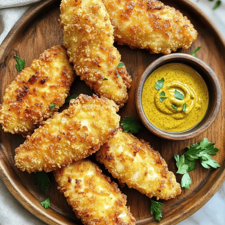 - 1 lb chicken breast, cut into strips - 1 cup buttermilk - 1 cup all-purpose flour - 1 cup seasoned breadcrumbs - Seasonings: garlic powder, onion powder, paprika, salt, black pepper - Cooking spray - Optional garnishes: fresh parsley, dipping sauce When choosing your chicken, fresh chicken breasts work best. Cut them into strips, about 1 inch wide. This helps them cook evenly. Soak the strips in buttermilk for at least one hour. This step makes the chicken tender and flavorful. You can soak them overnight for even better results. For the coating, mix the flour with garlic powder, onion powder, paprika, salt, and black pepper. This blend gives a nice kick to the chicken. I like using seasoned breadcrumbs for added crunch. They help create that perfect crispy texture. Cooking spray is a must. It helps the chicken brown nicely in the air fryer. You can also add fresh parsley on top when serving. It adds a nice color and flavor. Don't forget a tasty dipping sauce to enjoy with your chicken tenders. For the full recipe, check the details above. To start, take your chicken strips and submerge them in buttermilk. This step is key as it helps keep the chicken juicy and tender. I recommend marinating for at least 1 hour. For the best results, you can leave it overnight. The longer you marinate, the better the flavor. Next, we need to prepare the breading. In a shallow dish, mix together 1 cup of all-purpose flour and your seasonings. These include garlic powder, onion powder, paprika, salt, and black pepper. Make sure to mix well. An even coat on the chicken gives it a great crunch. Now, let’s cook those chicken tenders! First, preheat your air fryer to 400°F (200°C) for about 5 minutes. Once it's ready, remove the chicken from the buttermilk. Let the excess drip off. Coat the chicken in the flour mixture, then dip it back into the buttermilk, followed by the seasoned breadcrumbs. Place the breaded chicken tenders in a single layer in the air fryer basket. Don’t overcrowd the basket, as this can lead to uneven cooking. Lightly spray the tops with cooking spray for extra crispiness. Cook the chicken tenders for 10 to 12 minutes. Remember to flip them halfway through cooking. You want them to be golden brown and crispy. To be sure they are done, check that the internal temperature reaches 165°F (74°C). To make your chicken tenders crispy, avoid overcrowding the air fryer. When you pack too many tenders in, they steam instead of crisp. This makes them soggy. Spread them out so air can flow freely. A light spray of cooking spray boosts crispiness. It helps the breading brown and crunch up nicely. Handle the chicken carefully to stop clumps. If the chicken is too wet, the breading will not stick. Use one hand for wet ingredients and the other for dry. This keeps your fingers clean and makes breading easier. For the best coating, use equal parts flour and breadcrumbs. This mix gives you a great crunch and flavor. Every air fryer works a bit differently. You may need to adjust the time and temperature. If your model runs hot, check the tenders early. A good rule is to cook at 400°F for 10 to 12 minutes. Flip them halfway through for even cooking. Always check that the chicken reaches an internal temperature of 165°F. This ensures it's safe to eat. {{image_2}} You can give your crispy air fryer chicken tenders a new twist. Try different spice blends like Cajun, Italian, or even taco seasoning. These blends can change the whole vibe of your meal. Adding herbs can also boost the flavor. Consider using dried oregano, thyme, or rosemary. Fresh herbs, like parsley or basil, can add a nice touch, too. Just mix them into your flour or breadcrumbs for a flavor boost. For those who need gluten-free chicken tenders, there are simple swaps. Replace all-purpose flour with almond flour or rice flour. Instead of regular breadcrumbs, use gluten-free panko or crushed cornflakes. These options will still give you that crispy texture. Many brands offer gluten-free products, so check your local store for these. If you want to switch up the protein, you can use turkey or tofu. Turkey breast can be treated just like chicken and will cook in the same way. For tofu, press it to remove extra water, then marinate it in buttermilk. Adjust cooking times slightly. Tofu may need a bit longer since it is denser. Enjoy experimenting with these different proteins! To keep your chicken tenders fresh, cool them first. Place them in a shallow dish. Cover the dish tightly with plastic wrap or use an airtight container. Store them in the refrigerator for up to three days. Using glass or plastic containers works best. They keep the chicken moist and safe. When you reheat chicken tenders, you want them crispy again. The best way is to use the air fryer. Heat it to 375°F (190°C). Place the tenders in a single layer. Heat for about 5 to 7 minutes. This method helps them stay crispy. Avoid using the microwave. It makes them soggy, and nobody likes that. You can freeze both uncooked and cooked chicken tenders. For uncooked tenders, place them on a baking sheet. Freeze until solid, then transfer them to a freezer bag. For cooked tenders, let them cool completely. Wrap them tightly in foil or store them in freezer bags. When you're ready to eat, thaw them in the fridge overnight. Cooked tenders can be reheated directly from frozen in the air fryer for best results. Yes, you can prepare these chicken tenders in advance. To do this, marinate the chicken in buttermilk as usual. Once you coat the chicken with flour and breadcrumbs, freeze them in a single layer. After they freeze, store them in a bag. When you’re ready to cook, no need to thaw. Just air fry them directly from the freezer. This method helps keep them crispy. Chicken tenders taste great with many sauces. Here are some popular options: - Honey mustard - BBQ sauce - Ranch dressing - Buffalo sauce - Sweet and sour sauce Each sauce adds a unique flavor. Choose one based on your mood or serve a few for fun. To check if chicken tenders are done, use a meat thermometer. The safe internal temperature is 165°F (74°C). You can also look for visual cues. The chicken should be golden brown and crispy. No pink should show inside. If in doubt, check the temperature to ensure safety. You learned how to make crispy air fryer chicken tenders with the right ingredients and steps. Marinating the chicken provides flavor, while the coating creates the crunch we love. Use our tips for perfect crispiness and explore variations based on your tastes. Store leftovers properly to enjoy later. Remember, cooking is all about experimenting. Try new spices or proteins to keep things fresh. Enjoy your delicious meal and feel proud of what you've made!