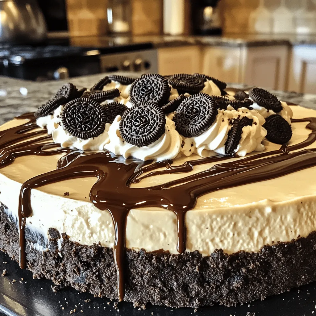 - 24 Oreo cookies, crushed - 16 oz cream cheese, softened - 1 cup heavy whipping cream These main ingredients form the base of your cheesecake. The Oreo cookies create a rich and crunchy crust. Softened cream cheese gives the filling its creamy texture. Heavy whipping cream adds lightness and volume, making it delightful. - 5 tablespoons unsalted butter, melted - 1 cup powdered sugar - 1 teaspoon vanilla extract The melted butter binds the crushed Oreos together. Powdered sugar sweetens the filling, while vanilla extract adds a lovely flavor. These extras enhance the cheesecake, making it even more delicious. For the full recipe, be sure to check the details provided earlier. First, you need to make the crust. Take 24 Oreo cookies and crush them finely. You can use a food processor or place them in a zip bag and crush them with a rolling pin. Next, melt 5 tablespoons of unsalted butter in a microwave-safe bowl. Combine the crushed Oreo cookies with the melted butter. Mix them well until the crumbs are fully coated. Now, press this mixture firmly into the bottom of a 9-inch springform pan. Use the back of a measuring cup to pack it down evenly. Make sure it’s compact. Once done, place the pan in the refrigerator to set while you prepare the filling. To make the filling, start with 16 oz of softened cream cheese. In a large bowl, beat the cream cheese with an electric mixer until it is smooth and creamy. This step is crucial for a silky texture. Gradually add 1 cup of powdered sugar and 1 teaspoon of vanilla extract. Keep mixing until everything is well blended and fluffy. Next, in a separate bowl, whip 1 cup of heavy whipping cream until stiff peaks form. This will make your cheesecake light and airy. Gently fold the whipped cream into the cream cheese mixture. Be careful not to deflate the whipped cream while mixing. After folding, add 8 chopped Oreo cookies to the filling. Mix them in gently to ensure even distribution. Now, pour the cheesecake filling into your prepared Oreo crust. Smooth the top with a spatula to make it look nice. Finally, cover the cheesecake with plastic wrap. Refrigerate it for at least 4 hours or overnight for the best results. This chilling time allows the cheesecake to set properly. After chilling, your No-Bake Oreo Cheesecake is ready to serve. Enjoy your delicious creation! For the complete recipe, check the Full Recipe. To make a great cheesecake, soften your cream cheese first. Cold cream cheese does not mix well. It can create lumps in your filling. Let it sit out for about 30 minutes before mixing. This step ensures a smooth and creamy texture. Whipping the heavy cream is also key. You need to beat it until stiff peaks form. This means when you lift the beaters, peaks hold their shape. Stiff peaks help the cheesecake stay light and fluffy. Do not overmix; that can turn the cream into butter. Garnishing adds fun to your cheesecake. Use whole Oreo cookies on top for a classic look. You can also crush some Oreos and sprinkle them on. This adds a nice crunch and extra flavor. For the best taste, serve the cheesecake cold. Slice it after chilling for at least four hours. This helps it hold its shape. Use a hot knife to cut clean slices. Just dip the knife in hot water, wipe it dry, and slice. Your guests will love the neat pieces! For more tips, check out the Full Recipe. {{image_2}} You can have fun with flavors in your no-bake Oreo cheesecake. One easy way is to use different cookies. Instead of Oreos, try chocolate wafers or graham crackers. You can mix in toppings like crushed candy bars or nuts for extra crunch. If you love chocolate, add cocoa powder to the filling. This will make it rich and dark. You can also add fresh fruit like strawberries or raspberries. Just blend them in for a fruity twist. If you need gluten-free options, choose gluten-free Oreo cookies. They taste great and fit right in. For a dairy-free cheesecake, use coconut cream instead of heavy whipping cream. You can also use dairy-free cream cheese. These swaps keep the flavor while fitting your diet. Always check labels to ensure the ingredients work for your needs. Try these variations to create your perfect no-bake Oreo cheesecake! For the full recipe, check the detailed instructions above. To keep your cheesecake fresh, store it in the fridge. Place it in an airtight container. If you don’t have one, cover it tightly with plastic wrap. This helps avoid any fridge odors. Your cheesecake will stay fresh for about 4 to 5 days in the fridge. You can freeze your cheesecake for longer storage. First, let it chill completely in the fridge. Then, wrap it well in plastic wrap and aluminum foil. This keeps it safe from freezer burn. You can freeze it for up to 2 months. When you're ready to serve, move the cheesecake to the fridge to thaw overnight. For quicker thawing, leave it out at room temperature for about 2 hours. Once thawed, it’s ready to slice and enjoy! For best taste, serve it chilled. You can find the full recipe for this delightful treat above. Can I use low-fat cream cheese? Yes, you can use low-fat cream cheese. The cheesecake will still taste great. Just keep in mind it may not be as rich or creamy as using full-fat cream cheese. How long does it take to set? The cheesecake needs at least four hours to set. For the best results, chill it overnight. This helps the flavors develop and gives it a firmer texture. What to do if the cheesecake doesn’t set properly? If your cheesecake is not setting, it may need more time in the fridge. Sometimes, the cream cheese or whipped cream might not have been mixed well enough. If this happens, you can try chilling it longer or adding more whipped cream next time. How to handle a cracked cheesecake? Cracks can happen, but don’t worry! You can cover them with toppings. Use whipped cream or extra chopped Oreos to hide any cracks. It will still taste amazing! Can I use different cookies for the crust? Absolutely! You can use any cookie you like. Chocolate cookies or graham crackers work well. Just crush them and mix with melted butter, just like you do with Oreos. Alternatives for heavy whipping cream? If you need a substitute for heavy whipping cream, you can use coconut cream. It gives a nice texture and flavor. You can also try using whipped topping for a lighter option. For the full recipe, check out the detailed steps to create your No-Bake Oreo Cheesecake! You now have all the steps to make a no-bake Oreo cheesecake. We discussed the main ingredients, like Oreo cookies and cream cheese. I guided you through the easy steps for making the crust and filling. I also shared tips for perfect texture and serving ideas. In the end, remember: this cheesecake is flexible. You can try different flavors or dietary options. Enjoy making it, and have fun experimenting with each bite!