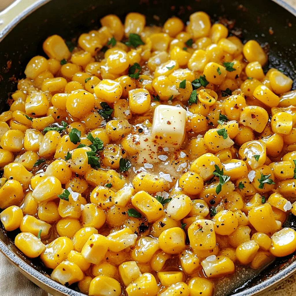 I love using fresh corn for this dish. Fresh corn has a sweet crunch that frozen corn lacks. If fresh corn isn't available, frozen corn is a good backup. Just make sure to thaw and drain it well. Both options work great in this recipe. The key seasonings in Honey Butter Skillet Corn are simple. You will need: - 4 cups fresh corn kernels (or frozen) - 4 tablespoons unsalted butter - 2 tablespoons honey - 1/2 teaspoon sea salt - 1/4 teaspoon black pepper - 1/4 teaspoon smoked paprika Each seasoning enhances the flavor of the corn. Butter gives richness, while honey adds sweetness. Salt and pepper balance the dish, and smoked paprika brings warmth. These flavors blend beautifully as they cook together. For a fresh touch, I suggest adding parsley. You will need: - 1 tablespoon fresh parsley, chopped (for garnish) It adds a nice color and bright taste. You can also try other garnishes like crumbled cheese or diced jalapeños. These extras let you customize the dish to your liking. For the complete list of ingredients and instructions, check the Full Recipe. Start with fresh corn if you can. It gives the best taste. Use a sharp knife to cut the kernels off the cobs. You need about 4 cups of kernels. If you choose frozen corn, thaw it first. Make sure to drain it well. This step is key for the best texture. Next, grab a large skillet. Place it on medium heat. Add 4 tablespoons of unsalted butter. Watch it melt and bubble. Keep an eye on it so it doesn't brown. The goal is to have it hot and ready for the corn. Once the butter is melted, carefully add the corn kernels. Stir them well to coat in butter. Now, sprinkle in 1/2 teaspoon of sea salt, 1/4 teaspoon of black pepper, and 1/4 teaspoon of smoked paprika. Mix everything together. Then, drizzle 2 tablespoons of honey over the corn. Stir gently so you don’t break the kernels. Cook the corn for about 8-10 minutes. Stir it occasionally. You want it heated through and slightly caramelized. When the corn looks golden, it's time to take it off the heat. For a finishing touch, sprinkle 1 tablespoon of fresh parsley on top. Now you have a sweet and savory side dish! Check out the Full Recipe for more details. To make honey butter skillet corn, use a large skillet. A wide pan helps heat evenly. Keep the heat at medium. This prevents the butter from burning. Stir often to keep the corn cooking evenly. Fresh corn gives the best flavor, but frozen works too. Just thaw it well before cooking. Caramelization makes the corn sweet and rich. Start with melted butter, then add the corn. Cook it for about 8-10 minutes. Stir gently to allow it to brown slightly. Look for a golden color on the corn. This adds depth to the dish. Don’t rush this step; good caramelization takes time. You can change the sweetness to fit your taste. If you want it less sweet, use less honey. Try a drizzle instead of a full 2 tablespoons. You can also add more salt or spices to balance the flavors. Smoked paprika adds a nice touch, but feel free to experiment. Taste as you go, and adjust until it’s just right. For the full recipe, check out the detailed instructions above. {{image_2}} You can easily change the taste of honey butter skillet corn. Try adding spices to make it pop. For a warm kick, mix in cayenne pepper or chili powder. If you love herbs, add fresh thyme or rosemary. These spices bring a new twist to the dish. You can also experiment with cumin or garlic powder for depth. Each spice adds its own charm, so feel free to play around! Mixing in veggies can enhance the dish. Sweet bell peppers add color and crunch. Zucchini or yellow squash can also work well. Just chop them small so they cook evenly. You can sauté them with the corn for about five minutes. This adds nutrition and flavor to your skillet corn. You make the dish more colorful and exciting! If you want a different sweetness, swap honey for maple syrup or agave. Both options provide a unique flavor twist. You can also use brown sugar for a richer taste. Adjust the amount to match your preference. If you prefer less sweetness, cut back on honey and add a splash of lemon juice. This balance keeps the dish bright and tasty. You can experiment with sweeteners until you find your perfect mix! To store honey butter skillet corn, let it cool first. Once cool, place it in an airtight container. This helps keep the corn fresh. Store it in the fridge for up to three days. Make sure the lid is sealed tightly to prevent moisture loss. If you leave it out too long, it may spoil. When you are ready to eat the corn again, reheating is easy. You can use a skillet on the stove or a microwave. If using a skillet, add a little butter. This keeps the corn moist. Heat it over medium heat for about five minutes, stirring often. For the microwave, place it in a bowl and cover it. Heat in 30-second bursts until hot. If you want to save honey butter skillet corn for later, freezing works well. First, let the corn cool completely. Then, pack it in a freezer-safe bag. Remove as much air as you can before sealing. You can freeze it for up to three months. When you are ready to eat it, thaw it in the fridge overnight. Reheat it as mentioned above. This way, you still enjoy its sweet, buttery flavor! For the Full Recipe, visit the cooking section of our website. Yes, you can use canned corn! It’s quick and easy. Just drain and rinse the corn before using it. Canned corn may be softer than fresh or frozen, so cook it for a shorter time. About 5 minutes should be enough. This way, you keep a nice texture. To cut the sweetness, reduce the honey. You can start with just one tablespoon. If you want more flavor without the sweetness, add a bit more salt or smoked paprika. This will bring out the savory taste. You can also add some lime juice for a fresh twist. Honey Butter Skillet Corn pairs well with many dishes. It’s a great side for grilled chicken or fish. You can serve it alongside BBQ ribs or a hearty steak. It also goes well with salads or tacos. This side dish adds a sweet and savory touch to any meal. In this post, I covered the best ways to make Sweet Honey Butter Skillet Corn. We talked about fresh vs. frozen corn and the must-have seasonings. I gave you tips on cooking and achieving that perfect honey glaze. We explored fun variations, like adding spices and other veggies. Storage tips keep your corn fresh for longer. This dish is simple and tasty. With the right techniques, you can impress anyone at your table. Now it’s time to make this sweet treat and enjoy!