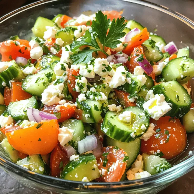 To make a tasty Cucumber Tomato Feta Salad, gather these simple items: - 2 large cucumbers, diced - 3 medium tomatoes, chopped - 1 cup feta cheese, crumbled - 1/4 cup red onion, finely chopped - 1/4 cup fresh parsley, chopped - 3 tablespoons olive oil - 1 tablespoon red wine vinegar (optional) - 1 teaspoon dried oregano - Salt and pepper to taste Using fresh, high-quality ingredients makes a big difference. Fresh cucumbers and tomatoes taste better. They add crunch and vibrant flavor. Feta cheese should be creamy and not too salty. Quality olive oil enhances the taste. It brings all the flavors together. When you use fresh herbs, like parsley, you boost the salad's brightness. You can swap out some ingredients if needed. If you don’t have cucumbers, try bell peppers for crunch. Instead of feta, use goat cheese for a tangy twist. Red onion can be replaced with green onion if you prefer a milder taste. For a vegan version, omit the cheese entirely and add avocado for creaminess. Use lemon juice instead of vinegar for a fresh zing. This flexibility keeps the salad exciting. Explore different flavors to find your favorite mix! For the full recipe, check out the detailed instructions! 1. Start by gathering all your ingredients. You need fresh cucumbers, tomatoes, feta cheese, red onion, parsley, olive oil, red wine vinegar, oregano, salt, and pepper. 2. Take the cucumbers and dice them into bite-sized pieces. Aim for uniformity to ensure even mixing. 3. Chop the tomatoes into similar-sized pieces. This helps the salad look great and taste fresh. 4. Crumble the feta cheese into small bits. This adds creaminess to each bite. 5. Finely chop the red onion. Use just enough to get a hint of flavor, without overpowering the salad. 6. Chop the parsley to add a fresh touch. It makes the salad more vibrant. 7. In a large mixing bowl, combine the diced cucumbers and chopped tomatoes. 8. Add the crumbled feta cheese and finely chopped red onion to the bowl. 9. Sprinkle in the chopped parsley and dried oregano for extra flavor. 10. In a small bowl, whisk together the olive oil and red wine vinegar (if you choose to use it). 11. Pour the dressing over the salad ingredients. 12. Gently toss everything together until well combined. Make sure everything is coated in the dressing. 13. Season with salt and pepper to taste. Adjust to your preference. 14. Let the salad sit for about 10 minutes. This helps the flavors meld together nicely. - When dicing cucumbers, use a sharp knife. A clean cut prevents mushy pieces. - For tomatoes, use a serrated knife. It helps slice without squishing. - Choose high-quality feta cheese for the best taste. Look for crumbly varieties. - If you want a stronger onion flavor, soak the chopped onion in cold water for a few minutes. - Tossing gently prevents breaking the feta too much. You want nice chunks in the salad. - The salad tastes best when served fresh, but letting it sit enhances the flavor. - Stage 1: Picture your fresh ingredients laid out. Clean and colorful vegetables are key. - Stage 2: Diced cucumbers and chopped tomatoes filling the bowl. This shows your progress. - Stage 3: Add the feta and herbs, creating a colorful mix of textures. - Stage 4: The dressing poured over the salad. Look for the glossy finish it adds. - Stage 5: Tossed salad ready to sit, a blend of colors and freshness. - Stage 6: Final presentation in a glass bowl. Garnish with extra feta and parsley for a stunning look. Now you know how to make a fresh and flavorful Cucumber Tomato Feta Salad! For the complete recipe, check out the Full Recipe section. Enjoy your culinary adventure! To make your Cucumber Tomato Feta Salad burst with flavor, start with fresh ingredients. Use firm cucumbers and ripe tomatoes for the best taste. Crumbled feta cheese adds a salty kick. Fresh herbs like parsley and dried oregano brighten the dish. Try letting the salad sit for about 10 minutes before serving. This wait time allows the flavors to mix well. You can also drizzle a bit more olive oil before serving. This adds richness and depth. One common mistake is cutting the cucumbers too small. This can make them mushy. Keep your cucumber pieces about the same size as your tomatoes. Also, don’t skip the salt and pepper. They enhance the taste of every ingredient. Another mistake is not letting the salad sit. If you serve it right away, the flavors may not shine. Always allow the salad to rest for a bit. For a beautiful presentation, serve the salad in a clear glass bowl. This shows off the vibrant colors. You can also garnish with extra feta and a sprig of parsley on top. For a fun twist, serve the salad on a bed of greens. Spinach or arugula works great. Pair it with crusty bread for a complete meal. Check out the Full Recipe to see how easy it is to create this delightful dish! {{image_2}} You can change this salad in many ways. Use different herbs like basil or dill for new flavors. Swap feta for goat cheese or mozzarella to change the texture. Try adding olives or avocado for a creamy twist. You can even toss in bell peppers or radishes for more crunch and color. If you want a vegan version, skip the feta. You can use tofu or a vegan cheese instead. For gluten-free options, this salad fits perfectly since all the ingredients are naturally gluten-free. Just be sure to check any dressings for gluten if you use store-bought options. This salad shines with seasonal produce. In summer, use ripe heirloom tomatoes for extra sweetness. In fall, add roasted squash cubes for warmth. In winter, try adding citrus fruits like oranges or grapefruits for a bright, tangy note. Explore what is fresh at your local market to keep it exciting. For the full recipe, check the Crisp Cucumber Tomato Feta Delight above. To keep your Cucumber Tomato Feta Salad fresh, use an airtight container. Place the salad in the fridge right after serving. This helps keep the flavors intact and prevents spoilage. Make sure to separate any dressing if possible. The dressing can make the salad soggy over time. The salad can last in the fridge for about 2 to 3 days. After that, the cucumbers and tomatoes may lose their crunch. The feta cheese can also change texture. Always check for any off smells or changes in color before eating leftovers. You do not need to reheat Cucumber Tomato Feta Salad. This dish tastes best cold. If you want to warm it slightly, do so gently. However, I recommend enjoying it fresh from the fridge. The coolness enhances the flavors and texture, making it a perfect light meal. For the full recipe, check out the detailed instructions above. Cucumber Tomato Feta Salad stays fresh for about three days in the fridge. After that, it may lose its crispness. Keep it in an airtight container to help it last longer. The cucumbers can become watery, so it’s best to eat it sooner rather than later. Yes, you can make this salad ahead of time. I recommend preparing it a few hours before serving. This gives the flavors time to mix. However, if you make it too early, the cucumbers may get soggy. To prevent this, add cucumbers just before serving for the best crunch. This salad pairs well with many dishes. You can serve it with grilled chicken or fish for a complete meal. It also goes great with pita bread and hummus for a light lunch. If you want a snack, serve it with crackers or chips. The salad adds a nice freshness to any plate. For a full meal, check out the Full Recipe. In this post, we explored the key elements of making Cucumber Tomato Feta Salad. We covered the ingredients and their quality. I shared step-by-step instructions to guide you through the process. You learned useful tips for flavor and common mistakes to avoid. We also discussed variations, storage tips, and frequently asked questions. Remember, a great salad starts with fresh ingredients and the right steps. Enjoy making it your own!