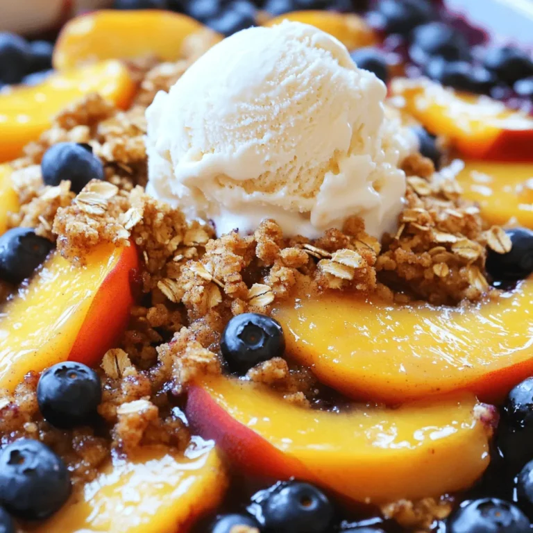 - 4 medium ripe peaches, peeled and sliced - 1 cup fresh blueberries - 1 tablespoon lemon juice - 1 tablespoon cornstarch - ½ cup granulated sugar - 1 teaspoon cinnamon - 1 teaspoon vanilla extract - 1 cup rolled oats - ½ cup all-purpose flour - ½ cup brown sugar, packed - ½ cup cold unsalted butter, cubed - Pinch of salt Gathering the right ingredients makes all the difference in your peach and blueberry crisp. First, choose ripe peaches. They should feel soft and smell sweet. Fresh blueberries add color and flavor. Look for berries that are firm and plump. For the baking essentials, lemon juice helps balance the sweetness. Cornstarch thickens the fruit mixture. Granulated sugar adds sweetness, while cinnamon gives a warm spice. Vanilla extract enhances the flavors, making them pop. Now, for the topping, rolled oats provide a hearty crunch. All-purpose flour helps bind the topping together. Brown sugar adds a rich, caramel note. Cold unsalted butter is key. It creates a crumbly texture. Lastly, a pinch of salt brings all the flavors together. Collect these items before you start. This will make cooking easier and more fun. For the full recipe, check back to combine these delicious ingredients! - Preheat your oven to 350°F (175°C). - In a large bowl, combine sliced peaches, fresh blueberries, lemon juice, cornstarch, granulated sugar, cinnamon, and vanilla extract. Mix gently to coat the fruit evenly. The lemon juice brightens the flavors, while the cornstarch helps thicken any juices. This combination creates a sweet and tangy base for your crisp. - In another bowl, mix rolled oats, flour, brown sugar, and a pinch of salt. - Add the cold unsalted butter, cubed. Use your fingers or a pastry cutter to mix until it looks crumbly. The butter gives the topping a rich flavor and a satisfying crunch. Make sure to work quickly so the butter stays cold. - Transfer the fruit mixture into an 8x8-inch baking dish. Spread it out evenly. This ensures every bite is filled with fruit. - Sprinkle the crumb topping evenly over the fruit. Bake in your preheated oven for 30-35 minutes. Look for a golden-brown topping and bubbling fruit. This means it’s ready to enjoy! You can find the full recipe above for detailed steps. - Choose ripe peaches for the best flavor. - Adjust sugar based on the sweetness of fruit. When picking peaches, look for ones that are soft but not mushy. Ripe peaches have a sweet scent and a warm color. If your fruit is not very sweet, lower the sugar. This keeps the crisp from being too sweet. - Check for bubbling fruit and golden topping for doneness. - Allow to cool for improved texture and flavor. Baking is key to a great crisp. Watch for the fruit to bubble and the topping to turn golden brown. This shows it’s ready. After baking, let it sit for about ten minutes. This cooling time helps the flavors blend and the texture improve. - Serve warm with vanilla ice cream and garnished peaches and blueberries. For a lovely touch, serve your crisp warm. Top it with a scoop of vanilla ice cream. Add a few fresh blueberries and peach slices for color. This makes your dish look and taste even better! You can find the full recipe in the article for more guidance. {{image_2}} You can change the fruits in your crisp for fun. Combine peaches and blueberries with raspberries or blackberries for a twist. This mix adds a tartness that balances the sweetness. You can also use nectarines instead of peaches. Nectarines bring a slightly different flavor but still taste great. Want to make a healthier version? Substitute brown sugar with coconut sugar. It has a lower glycemic index and adds a unique flavor. You can also use whole wheat flour in the topping. This adds more fiber and makes the dish a bit healthier without losing taste. Let’s make it even more interesting! You can mix in chopped nuts for crunch. Walnuts or almonds work well. They add texture and a nutty flavor. You can also add spices like nutmeg for extra warmth. This small change can elevate the dish and make it feel cozy. For the Full Recipe, check the main article! - Allow to cool completely before refrigerating. - Store in an airtight container in the fridge for 3-4 days. Keeping your Peach and Blueberry Crisp fresh is easy. After it cools, put it in the fridge. This way, you can enjoy it later without losing flavor or texture. The crisp topping stays nice and crunchy for a few days. - Freeze before baking for up to 3 months. - Bake directly from the freezer, adding extra time as needed. If you want to save some for later, freezing works well. Just prepare the crisp and place it in the freezer. You can bake it straight from the freezer. Just remember to add some extra baking time. This method lets you enjoy summer flavors even in winter. - Reheat in the oven for best results; use microwave for quick warm-up. When it’s time to eat your leftovers, reheating is key. For the best taste, use the oven. This keeps the topping crispy. If you need a quick fix, the microwave works fine too. Just be careful not to overheat it. Each method helps you enjoy your Peach and Blueberry Crisp again! Yes, but reduce sugar as frozen fruit can be sweeter. Frozen fruit is often picked at peak ripeness. This method locks in the sweetness. When using frozen fruit in your crisp, it’s best to thaw and drain excess liquid. This way, your crisp won’t become too watery. Use gluten-free oats and a suitable flour alternative. Almond flour or coconut flour works well. Be sure to check that your oats are certified gluten-free. This simple swap keeps the flavor while making it safe for gluten-sensitive folks. Best served warm with ice cream or whipped cream on top. The hot crisp contrasts nicely with cold ice cream. For extra flair, add some fresh blueberries or peach slices on top. This not only adds flavor but also a beautiful presentation. Yes, just use a larger baking dish and adjust baking time as needed. For a double batch, keep an eye on the crisp while baking. You might need to bake it a bit longer to ensure everything cooks evenly. Enjoy making this delightful treat! This blog post explored a delicious fruit crisp recipe, blending ripe peaches and blueberries. You learned about the key ingredients, including baking essentials and toppings. We covered simple instructions for preparing, assembling, and baking the dish. I shared tips for perfecting the recipe and fun variations to try. Remember to store leftovers properly for later enjoyment. Whether you're new to baking or a pro, this crisp is a treat. Dive in and enjoy the sweet goodness with your own twist!