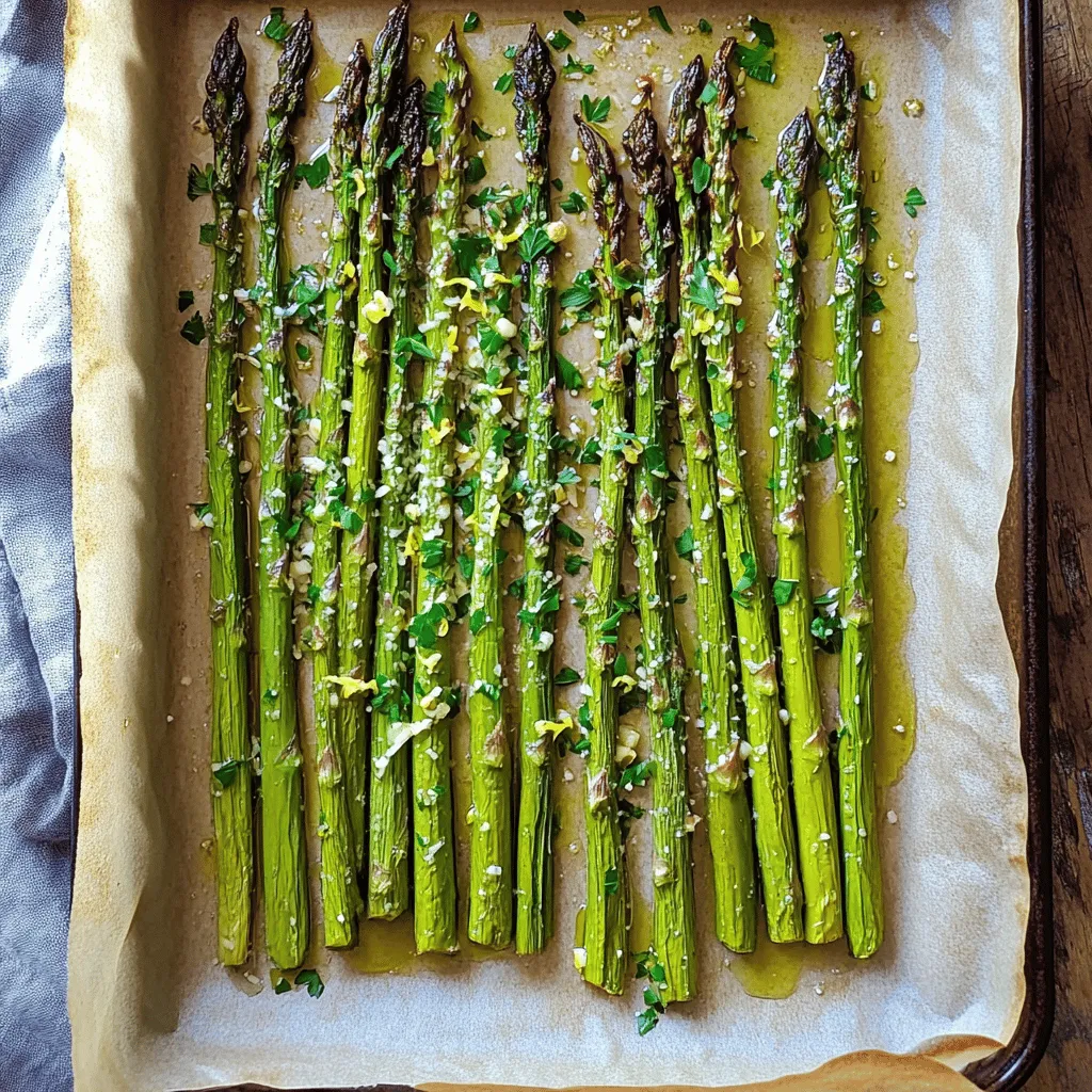 - 1 bunch of fresh asparagus, trimmed - 3 tablespoons olive oil - 4 cloves garlic, minced - 1/2 cup grated Parmesan cheese - 1 teaspoon lemon zest - 1/2 teaspoon red pepper flakes (optional) - Salt and pepper to taste - Fresh parsley, chopped (for garnish) Selecting fresh asparagus Choose asparagus that is bright green and firm. The tips should be tightly closed. Avoid any stalks that are wilting or have brown spots. Choosing the right olive oil Use a high-quality extra virgin olive oil. It adds a rich flavor and helps the asparagus roast nicely. Look for oils labeled as cold-pressed for the best taste. The importance of freshly grated Parmesan Freshly grated Parmesan cheese melts better and has a more robust flavor than pre-grated cheese. Grate your cheese just before using it for the best results. For the complete recipe, check out the [Full Recipe]. Enjoy making this delicious side dish! 1. Preheat the oven and prepare the baking sheet First, set your oven to 425°F (220°C). This hot oven helps the asparagus roast nicely. Line a baking sheet with parchment paper. This makes cleanup easy. 2. Toss asparagus with olive oil Take your fresh asparagus and trim the tough ends. Place them in a large bowl. Drizzle three tablespoons of olive oil over the asparagus. Toss them well, so they are coated evenly. 1. Add seasonings, and spreading asparagus on the sheet Next, add four minced garlic cloves, half a cup of grated Parmesan cheese, and one teaspoon of lemon zest to the bowl. If you like a kick, sprinkle in half a teaspoon of red pepper flakes. Season with salt and pepper. Toss everything again until the asparagus is well coated. Then, spread the asparagus in a single layer on your prepared baking sheet. 2. Roasting time and checking for doneness Place the baking sheet in the preheated oven. Roast the asparagus for 15 to 20 minutes. Check them for tenderness. They should be soft yet still have a slight crunch. The edges will become slightly crispy. 1. How to garnish and serve the dish Once the asparagus is done, take it out of the oven. Let it cool for a few minutes. Garnish with freshly chopped parsley for a pop of color. This adds a nice touch and fresh flavor. 2. Pairing options for Garlic Parmesan Roasted Asparagus Garlic Parmesan Roasted Asparagus pairs well with many dishes. Serve it alongside grilled chicken or fish for a complete meal. You can also enjoy it with pasta or on a bed of rice. This dish adds great flavor and nutrition to any plate. For the full recipe, check out the details above. - Ideal oven temperature: Set your oven to 425°F (220°C). This high heat helps the asparagus roast perfectly. You will get a nice crisp outside while keeping the inside tender. - How to avoid overcooking asparagus: Check your asparagus after 15 minutes. If you see brown edges, it's done. Asparagus cooks quickly, so stay close during the last few minutes. - Creative serving suggestions: Serve Garlic Parmesan Roasted Asparagus on a bed of fluffy rice or alongside grilled chicken. This adds color and flavor to your plate. You can even toss it in a fresh salad for extra crunch. - Best time to serve for freshness: Serve this dish right after cooking. The flavors are bright, and the texture is crisp. If you need to hold it, cover it with foil to keep it warm. - Best baking sheets or cookware to use: Use a rimmed baking sheet lined with parchment paper. This makes cleanup easy and helps the asparagus roast evenly. - Tools for preparing asparagus: A sharp knife works best for trimming. A large mixing bowl is great for tossing the asparagus with the olive oil and seasonings. A pair of tongs is helpful for flipping the asparagus when needed. For the full recipe, check out the detailed steps above. {{image_2}} You can change the flavors in Garlic Parmesan Roasted Asparagus easily. Try adding fresh herbs like thyme or rosemary for a fragrant twist. If you prefer a bit of heat, use crushed red pepper instead of flakes. You can also swap out the Parmesan cheese. Nutritional yeast gives a cheesy flavor without dairy. Or use pecorino Romano for a sharper taste. Making this dish gluten-free is simple. All the ingredients are naturally gluten-free. Just be sure to check labels on any packaged items. For a vegan version, omit the Parmesan and use a plant-based cheese. You can also blend cashews with nutritional yeast for a creamy, cheesy sauce. You can adapt this recipe for seasonal vegetables. In spring, use asparagus, but in summer, try zucchini or green beans. In fall, roasted Brussels sprouts work well. This dish shines during holiday meals too. Serve it alongside turkey or ham for a festive touch. It adds color and flavor to any table. To keep your Garlic Parmesan Roasted Asparagus fresh, store it correctly. First, let the asparagus cool down completely. Then, place it in an airtight container. This will help keep the moisture in and prevent it from getting soggy. You can store it in the fridge for up to 3 days. If you want to keep it longer, consider freezing it. Just make sure to use freezer-safe bags or containers. Frozen asparagus can last up to 2 months. For reheating, the best method is the oven. Preheat your oven to 350°F (175°C). Place the asparagus on a baking sheet and heat for about 10 minutes. This keeps it crispy. If you want to use a microwave, use a low power setting. Heat it in short bursts, checking often. This will help avoid sogginess. To achieve the same great texture, add a splash of olive oil before reheating. Enjoy your leftovers just like the first time! For the full recipe, check out the section above. Can I use frozen asparagus for this recipe? Yes, you can use frozen asparagus. However, fresh asparagus will give you the best taste and texture. If you use frozen, thaw it first. Pat it dry before cooking. This helps avoid sogginess. What is the best way to trim asparagus? To trim asparagus, hold the stalk in your hands. Bend it gently until it snaps. This breaks off the tough end. You can also cut about an inch from the bottom with a knife. How can I make this recipe ahead of time? You can prep the asparagus a few hours in advance. Toss it with oil, garlic, and seasonings. Store it in the fridge until you are ready to roast. This makes it easy to cook when needed. What are other dishes that pair well with Garlic Parmesan Roasted Asparagus? Garlic Parmesan Roasted Asparagus goes well with grilled chicken or fish. It also pairs nicely with pasta dishes. You can serve it alongside a fresh salad for a light meal. How many calories are in Garlic Parmesan Roasted Asparagus? One serving has about 150 calories. This may vary based on the amount of olive oil used. It’s still a healthy side dish that fits well into many diets. What are the health benefits of asparagus? Asparagus is low in calories and high in nutrients. It contains vitamins A, C, E, and K. It also has fiber, which aids digestion. Plus, it has antioxidants that help keep you healthy. This blog post shared easy steps for a tasty Garlic Parmesan Roasted Asparagus dish. We covered ingredients, cooking techniques, and expert tips for the best results. You learned how to select fresh asparagus, use the right oils, and the benefit of fresh cheese. Remember, cooking should be fun and flexible. Feel free to experiment with flavors or pairings. Enjoy making and sharing this tasty side dish! It’s sure to impress at any meal.