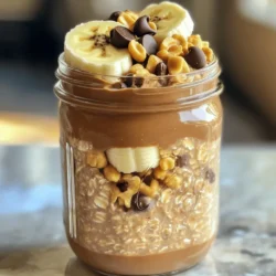 - 1 cup rolled oats - 2 cups almond milk (or preferred milk) - 1/2 cup natural peanut butter - 1 tablespoon maple syrup or honey - 1/4 teaspoon vanilla extract - 2 tablespoons cocoa powder - 1/2 banana, sliced - 2 tablespoons chocolate chips - Chopped peanuts for garnish The key to making Peanut Butter Cup Overnight Oats is using quality ingredients. Rolled oats are the base. They soak up the milk and become soft. Almond milk gives a nice flavor. You can use any milk you like. Natural peanut butter adds creaminess and great taste. Maple syrup or honey sweetens the dish just right. Vanilla extract adds depth, while cocoa powder gives that chocolate kick. When you slice the banana, mix it in for some fresh fruitiness. Chocolate chips bring the fun factor. Finish with chopped peanuts for crunch. Each ingredient plays a role in creating a tasty meal. - Calories per serving: Approximately 400 - Breakdown of macronutrients: - Protein: 12g - Carbohydrates: 50g - Fat: 18g Knowing the nutritional value helps you plan your meals. Each serving has a good mix of protein, carbs, and fats. This balance keeps you full and satisfied. Enjoying Peanut Butter Cup Overnight Oats gives you a sweet start to your day! To make Peanut Butter Cup Overnight Oats, you need a few simple tools. Grab a bowl and a mason jar. A bowl helps you mix the ingredients, while a mason jar is great for storing. Here are some important tips for success: - Use natural peanut butter for the best taste. - Stir well to avoid clumps in your oats. - Refrigerate overnight for soft, creamy oats. First, combine the rolled oats and almond milk in a bowl or mason jar. Stir them well. Make sure the oats are fully soaked in the milk. Next, mix the peanut butter, maple syrup, vanilla extract, and cocoa powder in another bowl. Blend these ingredients until smooth and creamy. Then, add this peanut butter mixture to the oats. Stir everything together until it is well combined. Fold in the sliced banana and chocolate chips gently. Cover your bowl or seal the mason jar. Place it in the fridge overnight or for at least four hours. This helps the oats soak up the flavors. In the morning, take out your oats. Stir them again and taste. If you want more sweetness, add a bit more maple syrup or honey. You can serve these oats in bowls or keep them in the mason jar for a quick breakfast. For a fun touch, sprinkle chopped peanuts on top for extra crunch. Enjoy! You can change the sweetness of your oats. If you want it less sweet, use less maple syrup or honey. Try using mashed dates for a natural sweet taste. Add toppings like sliced strawberries or crunchy granola. These add fun colors and good textures. For busy mornings, meal prep is key. Make a few jars at once. You can store them in the fridge for the week. Just grab one in the morning. You can also make a double batch. This way, you have breakfast ready for two days. Make sure you soak the oats long enough. If you don’t soak them, the oats can be hard. Aim for at least four hours or overnight. Also, mix well to avoid clumps. If you see clumps, stir again before you serve. This makes sure every bite is tasty. {{image_2}} You can easily change the flavor of your Peanut Butter Cup Overnight Oats. Adding fruits can give them a fresh twist. Berries like strawberries or blueberries add sweetness and color. Sliced apples provide a nice crunch and tartness. You can also switch nut butters. Almond butter or cashew butter can work well too. Each choice will change the taste and texture but keep it tasty! If you need vegan or gluten-free options, this recipe is flexible. Use plant-based milk like oat or soy milk. Make sure to choose gluten-free oats if you need them. For extra protein, add Greek yogurt or protein powder. These changes will help suit your diet while keeping the oats delicious. You might want to serve more or fewer people. To scale the recipe, simply double or halve the ingredients. Each serving is about one cup, so adjust based on how hungry everyone is. If you want a smaller snack, try half a cup. This way, you can enjoy your oats without waste. For the full recipe, check the details above! To keep your Peanut Butter Cup Overnight Oats fresh, store them in an airtight container. A mason jar works great. You can also use a bowl with a tight lid. Make sure to press down the lid or cover to avoid air exposure. This helps keep moisture in and prevents drying. Yes, you can freeze overnight oats! To freeze them, put the oats in a freezer-safe container. Leave some space at the top, as oats expand when frozen. When you want to eat them, move the oats to the fridge for a night to thaw. If you need them fast, you can microwave them for a minute. Stir well before eating. Peanut Butter Cup Overnight Oats last about 3 to 5 days in the fridge. After that, their taste and texture may change. Be on the lookout for signs of spoilage. If you see any mold or if the oats smell sour, it's time to toss them. Always trust your senses when it comes to food safety. For the complete recipe, check out the [Full Recipe]. You can keep Peanut Butter Cup Overnight Oats in the fridge for up to five days. This makes them perfect for meal prep. Just store them in a sealed container. If you notice any strange smell or mold, it's best to toss them out. Yes, you can use rolled oats instead of instant oats. Rolled oats are thicker and give a chewier texture. Instant oats cook faster, so they might be creamier. Both types work well, but rolled oats offer more nutrition and fiber. If you have a nut allergy, you can use sunbutter or soy nut butter. These options are great for taste and texture. For a different twist, try using almond butter or cashew butter if nuts are safe for you. They all blend well with the other ingredients. Absolutely! To make this recipe vegan, swap the honey for maple syrup. Use your favorite plant-based milk, like almond or oat milk. This way, you can enjoy the same great taste while keeping it vegan-friendly. Almond milk is a popular choice because it has a light flavor. Coconut milk adds creaminess and a hint of sweetness. If you prefer a richer taste, try oat milk. Each milk option changes the flavor slightly, so pick one you enjoy. Peanut Butter Cup Overnight Oats are easy to make and fun to eat. You learned about the key ingredients and how they come together for a tasty meal. I shared important tips to help you avoid common mistakes and customize your oats to fit your taste. Remember to store them correctly for the best flavor and freshness. With these ideas, you can enjoy a simple, healthy breakfast every day. Make this recipe your own, and enjoy!