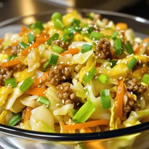 To create the perfect Egg Roll in a Bowl, gather the following ingredients: - 1 lb ground turkey (or ground chicken) - 4 cups coleslaw mix (cabbage and carrots) - 1 tablespoon sesame oil - 2 tablespoons soy sauce (low sodium) - 1 tablespoon rice vinegar - 2 cloves garlic, minced - 1 inch fresh ginger, grated - 2 green onions, sliced - 1 tablespoon sriracha (optional, for heat) - Salt and pepper to taste - Sesame seeds for garnish Using fresh ingredients is key. Fresh vegetables give the dish a crisp bite. They also enhance the flavor. When you use fresh herbs, like green onions, you add a nice pop. Feel free to add some optional ingredients for variations. You can switch the ground turkey for shrimp or tofu. If you like more heat, add more sriracha or chili flakes. You can also toss in extra veggies like bell peppers or snap peas. Using the right amounts matters, too. This recipe gives you a hearty meal that’s packed with flavor. Enjoy the ease of this quick recipe, which you can find in the Full Recipe section. Start by prepping your pan with sesame oil. Heat it in a large skillet over medium-high heat until it shimmers. This oil gives your dish a nice nutty flavor. Next, add the ground turkey or chicken. Break it apart with a spatula and cook it for about 5-7 minutes. You want it browned and cooked through. Once your meat is ready, it's time to add aromatics. Stir in two cloves of minced garlic and one inch of grated ginger. Cook these for 1-2 minutes. The smell will be amazing! Now, add four cups of coleslaw mix to the skillet. Toss everything together so the meat and veggies combine well. Stir-fry this mixture for 3-5 minutes. You want the cabbage to start wilting but still have some crunch. Then, pour in two tablespoons of low-sodium soy sauce and one tablespoon of rice vinegar. Mix it all well to coat the veggies and meat. Adjust seasoning with salt, pepper, and sriracha for heat, if you like. Cook for another 2-3 minutes to let the flavors meld together. When you finish cooking, it's time to adjust your seasoning. Taste your dish and add more salt or pepper if needed. For garnishes, top with sliced green onions and a sprinkle of sesame seeds. This adds a nice touch and makes your dish look great. You can serve Egg Roll in a Bowl on its own or over rice for extra heartiness. This dish is quick, easy, and packed with flavor! For the complete recipe, check out the [Full Recipe]. - Best practices for even cooking: Start with a hot skillet. Heat your sesame oil until it shimmers. This helps cook the meat evenly. Stir frequently to avoid burning. - How to avoid soggy vegetables: Use fresh coleslaw mix. Don’t overcook the vegetables. Stir-fry for just 3-5 minutes until they wilt but stay crisp. - Timing tips for quick prep: Pre-chop your garlic and ginger. Have your ingredients ready before you start cooking. This saves time and keeps things moving smoothly. - Low-carb or keto-friendly options: Swap the ground turkey for minced chicken or beef. You can also use cauliflower rice instead of coleslaw mix. - Vegetarian alternatives: Use tofu or tempeh instead of meat. Cook them until golden for a tasty crunch. - Gluten-free adjustments: Choose gluten-free soy sauce. Check labels to ensure all ingredients fit your needs. This keeps your dish safe and delicious. For the complete recipe, check out the [Full Recipe]. {{image_2}} You can change this recipe in many fun ways. - Adding proteins: Try shrimp or tofu for a new taste. Each adds unique flavors and textures. - Different vegetable combinations: Swap the coleslaw mix for bell peppers or broccoli. Use whatever veggies you have on hand. - Spicy vs. mild variations: Adjust the heat by adding sriracha. You can also leave it out for a milder dish. Pair your Egg Roll in a Bowl with tasty sides. - Best side dishes: Serve it with rice or a fresh salad. These help balance the flavors. - Suggestions for toppings: Top your bowl with nuts or cashews for some crunch. You can also add a drizzle of soy sauce. - Meal prep ideas: Store leftovers in the fridge for quick meals. This dish stays tasty for a few days, making it great for lunch. For the full recipe, check out Egg Roll in a Bowl. To keep your Egg Roll in a Bowl fresh, use airtight containers. Glass or plastic containers work well. Fill them with the dish and seal tightly. Store the bowl in the fridge. It lasts for about 3 to 4 days. Make sure to let the dish cool before sealing it. This helps to avoid condensation. If you want to save some for later, freezing is a great option. First, let the dish cool completely. Then, scoop it into freezer-safe bags or containers. Be sure to remove as much air as possible. Label the bags with the date. It can last in the freezer for up to 3 months. When it's time to eat, take the bowl out and thaw it in the fridge overnight. To reheat, place it in a skillet over medium heat. Stir frequently until it’s hot. This method keeps the flavor and texture just right. You can also use the microwave, but stir halfway through to heat evenly. What is Egg Roll in a Bowl and where did it originate? Egg Roll in a Bowl is a deconstructed version of the classic egg roll. It combines ground meat, veggies, and sauces in one dish. This dish became popular in the U.S. as a quick and healthy meal. It takes the flavors of Chinese egg rolls and makes them easier to serve. You get all the taste without the frying! Can I make Egg Roll in a Bowl ahead of time? Yes, you can make this dish ahead of time! Cook it fully and let it cool. Then, store it in an airtight container in the fridge. It will stay fresh for about three days. When you’re ready to eat, just reheat it in a skillet or microwave. How can I make this dish vegetarian? To make Egg Roll in a Bowl vegetarian, swap the meat for tofu or tempeh. Use the same cooking method to sauté them. You can also add more veggies like bell peppers or mushrooms for extra flavor. What to do if the dish turns out too salty? If your Egg Roll in a Bowl is too salty, add more coleslaw mix to balance it out. You can also add a splash of water or low-sodium broth. This will dilute the saltiness. Fixing soggy veggies If your veggies turn out soggy, try cooking them longer over higher heat. This helps to evaporate excess moisture. You can also add them later in the cooking process to keep them crisp. Tips for balancing flavors To balance flavors, taste as you cook. Add more soy sauce or vinegar based on your preference. Fresh herbs like cilantro or basil can brighten the dish too. In this article, we explored how to make Egg Roll in a Bowl. We discussed the best ingredients, detailed cooking steps, and helpful tips. You learned variations to customize your dish and clever storage methods. This meal is fast and tasty, making it great for busy days. Remember, fresh ingredients and careful cooking create the best flavor. Enjoy exploring your options and personalizing this recipe to suit your taste!