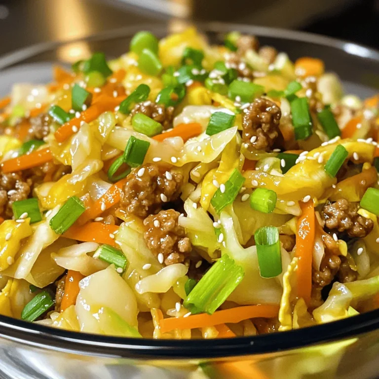 To create the perfect Egg Roll in a Bowl, gather the following ingredients: - 1 lb ground turkey (or ground chicken) - 4 cups coleslaw mix (cabbage and carrots) - 1 tablespoon sesame oil - 2 tablespoons soy sauce (low sodium) - 1 tablespoon rice vinegar - 2 cloves garlic, minced - 1 inch fresh ginger, grated - 2 green onions, sliced - 1 tablespoon sriracha (optional, for heat) - Salt and pepper to taste - Sesame seeds for garnish Using fresh ingredients is key. Fresh vegetables give the dish a crisp bite. They also enhance the flavor. When you use fresh herbs, like green onions, you add a nice pop. Feel free to add some optional ingredients for variations. You can switch the ground turkey for shrimp or tofu. If you like more heat, add more sriracha or chili flakes. You can also toss in extra veggies like bell peppers or snap peas. Using the right amounts matters, too. This recipe gives you a hearty meal that’s packed with flavor. Enjoy the ease of this quick recipe, which you can find in the Full Recipe section. Start by prepping your pan with sesame oil. Heat it in a large skillet over medium-high heat until it shimmers. This oil gives your dish a nice nutty flavor. Next, add the ground turkey or chicken. Break it apart with a spatula and cook it for about 5-7 minutes. You want it browned and cooked through. Once your meat is ready, it's time to add aromatics. Stir in two cloves of minced garlic and one inch of grated ginger. Cook these for 1-2 minutes. The smell will be amazing! Now, add four cups of coleslaw mix to the skillet. Toss everything together so the meat and veggies combine well. Stir-fry this mixture for 3-5 minutes. You want the cabbage to start wilting but still have some crunch. Then, pour in two tablespoons of low-sodium soy sauce and one tablespoon of rice vinegar. Mix it all well to coat the veggies and meat. Adjust seasoning with salt, pepper, and sriracha for heat, if you like. Cook for another 2-3 minutes to let the flavors meld together. When you finish cooking, it's time to adjust your seasoning. Taste your dish and add more salt or pepper if needed. For garnishes, top with sliced green onions and a sprinkle of sesame seeds. This adds a nice touch and makes your dish look great. You can serve Egg Roll in a Bowl on its own or over rice for extra heartiness. This dish is quick, easy, and packed with flavor! For the complete recipe, check out the [Full Recipe]. - Best practices for even cooking: Start with a hot skillet. Heat your sesame oil until it shimmers. This helps cook the meat evenly. Stir frequently to avoid burning. - How to avoid soggy vegetables: Use fresh coleslaw mix. Don’t overcook the vegetables. Stir-fry for just 3-5 minutes until they wilt but stay crisp. - Timing tips for quick prep: Pre-chop your garlic and ginger. Have your ingredients ready before you start cooking. This saves time and keeps things moving smoothly. - Low-carb or keto-friendly options: Swap the ground turkey for minced chicken or beef. You can also use cauliflower rice instead of coleslaw mix. - Vegetarian alternatives: Use tofu or tempeh instead of meat. Cook them until golden for a tasty crunch. - Gluten-free adjustments: Choose gluten-free soy sauce. Check labels to ensure all ingredients fit your needs. This keeps your dish safe and delicious. For the complete recipe, check out the [Full Recipe]. {{image_2}} You can change this recipe in many fun ways. - Adding proteins: Try shrimp or tofu for a new taste. Each adds unique flavors and textures. - Different vegetable combinations: Swap the coleslaw mix for bell peppers or broccoli. Use whatever veggies you have on hand. - Spicy vs. mild variations: Adjust the heat by adding sriracha. You can also leave it out for a milder dish. Pair your Egg Roll in a Bowl with tasty sides. - Best side dishes: Serve it with rice or a fresh salad. These help balance the flavors. - Suggestions for toppings: Top your bowl with nuts or cashews for some crunch. You can also add a drizzle of soy sauce. - Meal prep ideas: Store leftovers in the fridge for quick meals. This dish stays tasty for a few days, making it great for lunch. For the full recipe, check out Egg Roll in a Bowl. To keep your Egg Roll in a Bowl fresh, use airtight containers. Glass or plastic containers work well. Fill them with the dish and seal tightly. Store the bowl in the fridge. It lasts for about 3 to 4 days. Make sure to let the dish cool before sealing it. This helps to avoid condensation. If you want to save some for later, freezing is a great option. First, let the dish cool completely. Then, scoop it into freezer-safe bags or containers. Be sure to remove as much air as possible. Label the bags with the date. It can last in the freezer for up to 3 months. When it's time to eat, take the bowl out and thaw it in the fridge overnight. To reheat, place it in a skillet over medium heat. Stir frequently until it’s hot. This method keeps the flavor and texture just right. You can also use the microwave, but stir halfway through to heat evenly. What is Egg Roll in a Bowl and where did it originate? Egg Roll in a Bowl is a deconstructed version of the classic egg roll. It combines ground meat, veggies, and sauces in one dish. This dish became popular in the U.S. as a quick and healthy meal. It takes the flavors of Chinese egg rolls and makes them easier to serve. You get all the taste without the frying! Can I make Egg Roll in a Bowl ahead of time? Yes, you can make this dish ahead of time! Cook it fully and let it cool. Then, store it in an airtight container in the fridge. It will stay fresh for about three days. When you’re ready to eat, just reheat it in a skillet or microwave. How can I make this dish vegetarian? To make Egg Roll in a Bowl vegetarian, swap the meat for tofu or tempeh. Use the same cooking method to sauté them. You can also add more veggies like bell peppers or mushrooms for extra flavor. What to do if the dish turns out too salty? If your Egg Roll in a Bowl is too salty, add more coleslaw mix to balance it out. You can also add a splash of water or low-sodium broth. This will dilute the saltiness. Fixing soggy veggies If your veggies turn out soggy, try cooking them longer over higher heat. This helps to evaporate excess moisture. You can also add them later in the cooking process to keep them crisp. Tips for balancing flavors To balance flavors, taste as you cook. Add more soy sauce or vinegar based on your preference. Fresh herbs like cilantro or basil can brighten the dish too. In this article, we explored how to make Egg Roll in a Bowl. We discussed the best ingredients, detailed cooking steps, and helpful tips. You learned variations to customize your dish and clever storage methods. This meal is fast and tasty, making it great for busy days. Remember, fresh ingredients and careful cooking create the best flavor. Enjoy exploring your options and personalizing this recipe to suit your taste!