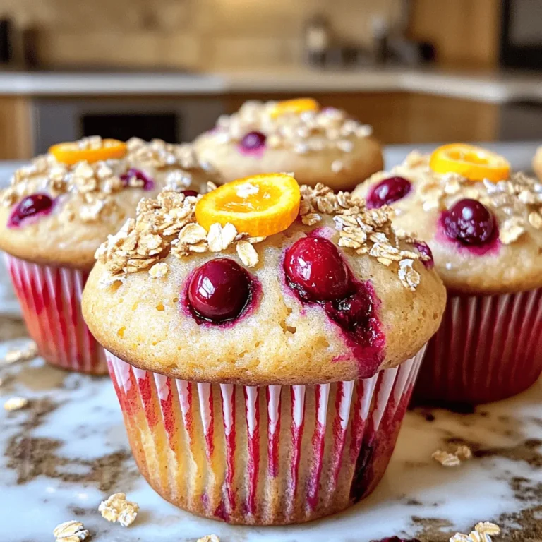 - 2 cups all-purpose flour - 1 cup fresh cranberries, halved - 1 large orange, zested and juiced - 3/4 cup granulated sugar - 1/2 cup unsalted butter, melted - 1/2 cup buttermilk - 2 large eggs - 2 teaspoons baking powder - 1 teaspoon baking soda - 1/2 teaspoon salt - 1 teaspoon vanilla extract - 1/4 cup rolled oats (for topping) What can I use instead of cranberries? If you cannot find cranberries, you can use blueberries or raspberries. Both add a sweet-tart flavor. What can I use for gluten-free flour? Use a 1:1 gluten-free flour blend. This works well in most recipes. What dairy-free options are there for buttermilk? You can make buttermilk with almond milk or soy milk. Just add a teaspoon of vinegar to each cup. 1. Preheat your oven to 375°F (190°C). This helps your muffins bake evenly. 2. Line a muffin tin with paper liners or grease it with nonstick spray. This keeps the muffins from sticking. 3. In a large mixing bowl, whisk together: - 2 cups all-purpose flour - 2 teaspoons baking powder - 1 teaspoon baking soda - 1/2 teaspoon salt Mix until everything is well combined. This step ensures your muffins rise properly. 1. In another bowl, beat together: - 1/2 cup melted unsalted butter - 3/4 cup granulated sugar Mix until creamy and smooth. 2. Next, add: - 2 large eggs - 1/2 cup buttermilk - Juice from 1 large orange - 1 teaspoon vanilla extract Stir until everything is well combined. The mixture should be smooth and slightly thick. 1. Gently fold in: - Zest of 1 large orange - 1 cup halved fresh cranberries 2. Gradually mix in the dry ingredients. Stir until just combined. The batter should be slightly lumpy; do not overmix. 3. Spoon the batter into your prepared muffin tin. Fill each cup about 3/4 full. 4. For extra texture, sprinkle: - 1/4 cup rolled oats on top of each muffin. 5. Bake in your preheated oven for 18-20 minutes. Check for doneness by inserting a toothpick. It should come out clean. 6. Let the muffins cool in the pan for 5 minutes. Then transfer them to a wire rack. Enjoy your warm muffins! You can find the complete instructions in the Full Recipe. To make great muffins, you must avoid overmixing the batter. Overmixing can make your muffins tough. Mix just until you see no dry flour. The batter should look slightly lumpy. This will give you soft, fluffy muffins. To check if your muffins are done, use a toothpick. Insert it in the center of a muffin. If it comes out clean, the muffin is ready. If it has wet batter on it, bake a few minutes more. Cranberry orange muffins shine when served warm. Add a dab of butter on top for extra flavor. You can also sprinkle a bit of orange zest for a pop of color. These muffins are great for breakfast or as a snack. Pair them with yogurt or a cup of tea. They also go well with a light salad for lunch. To make your muffins even better, think about adding spices. A pinch of cinnamon or nutmeg can boost the flavor. These spices pair well with the tart cranberries and sweet orange. You can also add nuts or seeds for crunch. Chopped walnuts or sunflower seeds work well. They add a nice texture and make the muffins even more satisfying. For the full recipe, check out the Cranberry Orange Bliss Muffins section. {{image_2}} You can easily change the flavor of your cranberry orange muffins. Adding chocolate chips gives a sweet twist. I like to mix in about 1 cup of semi-sweet chocolate chips. You can also add nuts like walnuts or pecans for a nice crunch. Just use 1/2 cup of chopped nuts. You can also play with citrus flavors. Try mixing in lemon or lime juice with the orange juice. This adds a nice zing to the muffins. Just use the same amount of juice as you would for orange. Want to make your muffins a bit healthier? You can reduce the sugar. Try 1/2 cup of sugar instead of 3/4 cup. This still keeps the muffins sweet but cuts down on the sugar. You can also use whole wheat flour instead of all-purpose flour. This adds fiber and makes the muffins more filling. If you want a heartier muffin, try adding oats. Replace 1/2 cup of flour with 1/2 cup of rolled oats. Making mini muffins is fun and easy! Just adjust the bake time. Bake mini muffins for about 12-15 minutes. Check them with a toothpick to make sure they are done. Mini muffins are perfect for snacks or parties. I like to serve them with a side of cream cheese or a fruit spread. They look cute and taste great! For the best flavor, serve them warm right out of the oven. For the full recipe, check out the Cranberry Orange Bliss Muffins. To keep your cranberry orange muffins fresh, store them in an airtight container. They stay good in the fridge for up to one week. If you want to keep them longer, freezing is a great option. - Refrigerator Storage: Let them cool completely. Place muffins in a single layer. Use parchment paper between layers to prevent sticking. Seal tightly with a lid or plastic wrap. - Freezing Muffins: Wrap each muffin in plastic wrap. Then, place them in a freezer bag. You can freeze them for up to three months. Label the bag with the date for easy tracking. To enjoy your muffins warm, reheating is key. Here’s how to do it right. - Reheat for Best Texture: Preheat your oven to 350°F (175°C). Place muffins on a baking sheet. Heat for about 10 minutes. This keeps them soft and moist. - Refreshing Muffins After Freezing: If frozen, remove the muffin from the bag. Let it thaw in the fridge overnight. Reheat in the oven as mentioned. You can also microwave for about 20 seconds, but this may make them a bit chewy. Enjoy your muffins fresh every time! For the full recipe, refer to the Cranberry Orange Bliss Muffins 🫓 section. To keep muffins moist, use buttermilk or yogurt in the batter. These ingredients add moisture. Avoid overmixing your batter, as this can make muffins dry. Also, bake them just until a toothpick comes out clean. If you leave them in the oven too long, they can lose moisture. - Use buttermilk or yogurt - Don’t overmix the batter - Bake until toothpick is clean Yes, you can use frozen cranberries. Just toss them into the batter while still frozen. This helps them keep their shape during baking. Fresh cranberries have a bright flavor, but frozen work well too. They can be a great option when fresh ones are out of season. - Toss frozen cranberries directly into batter - Fresh cranberries have a brighter taste - Frozen cranberries are good for off-season baking If you have leftover muffins, don't worry! You can repurpose them in fun ways. Crumble stale muffins over yogurt or ice cream for a treat. You can also make a bread pudding by soaking them in a custard mixture. Another idea is to freeze them for later use. - Crumble over yogurt or ice cream - Make bread pudding with a custard mix - Freeze for later use To zest an orange, use a microplane or a fine grater. Hold the orange firmly and rub it against the grater. Be careful not to grate the white pith, as it tastes bitter. You only want the colorful outer skin. This zest adds a bright flavor to your muffins. - Use a microplane or fine grater - Rub the orange against the grater - Avoid grating the white pith for better taste This blog post showed how to make delicious cranberry orange muffins. We covered all the key ingredients, from flour to fresh cranberries, and how to mix them. You also learned some handy tips to bake perfect muffins every time. Remember, you can tweak this recipe to fit your taste. Try adding different flavors or using substitutes if needed. Enjoy your time baking and sharing these tasty treats!