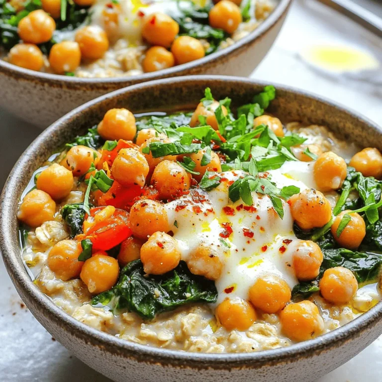 To make a tasty savory oatmeal bowl, gather these main items: - 1 cup rolled oats - 3 cups vegetable broth - 1 cup spinach, chopped - 1 medium tomato, diced - 1/2 cup grated Parmesan cheese - 1/4 cup cooked chickpeas (canned or lightly roasted) - 1 tablespoon olive oil - 1 teaspoon garlic powder - Salt and pepper to taste - Red pepper flakes (optional, for garnish) - Fresh herbs (like parsley or basil) for garnish These ingredients come together to create a warm, filling meal. The oats provide a hearty base while the broth adds rich flavor. Spinach and tomato offer nutrients and color. Cheese and chickpeas add protein for a healthy boost. You can make your savory oatmeal even better with toppings. Here are some ideas: - A drizzle of extra olive oil - A sprinkle of red pepper flakes - Extra grated cheese on top - Sliced avocado or a poached egg - Chopped nuts or seeds These toppings not only add flavor but also enhance the dish's look. Feel free to mix and match! If you have special dietary needs, you can still enjoy savory oatmeal. Here are some easy swaps: - Use gluten-free oats if you avoid gluten. - Replace Parmesan with nutritional yeast for a vegan option. - Use vegetable stock or water instead of broth for lower sodium. - Add any veggies you like, such as kale or bell peppers. These changes keep the dish tasty and fit for your diet. You can create a delicious bowl that meets your needs. For the full recipe, check out the section above! To start, grab a medium saucepan and pour in 3 cups of vegetable broth. Heat it over medium heat until it boils. This broth gives the oats great flavor. Once it boils, add 1 cup of rolled oats. Stir well and reduce the heat to medium-low. Cook for 5 to 7 minutes. You want the oats to absorb most of the liquid and become creamy. Next, stir in 1 cup of chopped spinach and 1 medium diced tomato. Add 1/4 cup of cooked chickpeas, too. They add protein and texture. Sprinkle in 1 teaspoon of garlic powder for extra taste. Cook everything for another 2 to 3 minutes. The spinach should be wilted, and the dish should feel warm. Now, take the saucepan off the heat. Mix in 1/2 cup of grated Parmesan cheese until it melts into the oatmeal. Season with salt and pepper to taste. If you like some heat, add red pepper flakes. Spoon the oatmeal into bowls. Drizzle a little olive oil on top. Finish with fresh herbs for color and flavor. Serve it warm and enjoy your savory oatmeal bowl! You can find the Full Recipe above for more details. To make creamy oatmeal, I use vegetable broth instead of water. The broth adds rich flavor. Start by bringing the broth to a boil. Then, add the rolled oats and lower the heat. Stir often while cooking. This helps the oats absorb the broth well. Cook for about 5-7 minutes until thickened and creamy. Savory oatmeal works best with fresh vegetables and proteins. I love adding spinach, tomatoes, and chickpeas. They bring color and taste. You can also try bell peppers or mushrooms. For a cheesy touch, add grated Parmesan. It melts in beautifully. Season with garlic powder, salt, and pepper for depth. To boost nutrition, add seeds or nuts. Chia seeds or walnuts provide healthy fats. Fresh herbs like parsley or basil add vitamins and flavor. You can use leftovers, too! Cooked veggies or proteins from meals work great. This way, you waste less food while creating a hearty dish. For the full recipe, check out Savory Oatmeal Bowls. {{image_2}} Want to make a vegan version? It's simple! Just swap out the Parmesan cheese for nutritional yeast. This gives a cheesy flavor without dairy. You can also add avocado slices for creaminess. Try using vegetable broth or water for cooking. Toss in any of your favorite veggies, like mushrooms or bell peppers. These options boost the taste and nutrients! If you need gluten-free oatmeal, choose certified gluten-free rolled oats. Most oats come from farms that process other grains. This can cause cross-contamination. Always check the label for safety. You can still enjoy the same savory flavors. Use chickpeas, spinach, and herbs as toppings. These ingredients are naturally gluten-free and delicious! Looking to spice things up? Think about global flavors. You might try an Asian twist with soy sauce and ginger. For a Mexican flair, use black beans and avocado. You could make a Mediterranean bowl with olives and sun-dried tomatoes. The options are endless! With each variation, you create a new dish. These choices keep your meals fun and fresh. For the full recipe, check out Savory Oatmeal Bowls. After making savory oatmeal, let it cool first. Then, store it in an airtight container. It will last for about three to four days in the fridge. Make sure it is sealed well to keep out air. This helps keep the flavors fresh and prevents it from drying out. You can freeze savory oatmeal for later use. First, let it cool completely. Then, place it in freezer-safe containers or bags. Label them with the date. Frozen oatmeal can stay good for up to three months. When you are ready to eat it, thaw it in the fridge overnight. To reheat savory oatmeal, add a splash of water or broth. This helps restore creaminess. Heat it on the stove over medium heat or in the microwave. Stir it every 30 seconds in the microwave to avoid hot spots. If you want to enjoy the full flavor, add fresh herbs or a drizzle of olive oil before serving. Feel free to check out the Full Recipe for more details on making this dish! The best way to prepare savory oatmeal is to start with vegetable broth. It adds rich flavor. Bring the broth to a boil, then add rolled oats. Cook on medium-low heat until creamy. Stir in fresh vegetables like spinach and tomatoes for added nutrients. Top it off with cheese and seasonings for a delicious meal. This method ensures you get the best taste and texture. Yes, you can prepare savory oatmeal in advance! Cook the oatmeal as directed and let it cool. Store it in an airtight container in the fridge. When ready to eat, simply reheat it on the stove or in the microwave. If the oatmeal thickens too much, add a splash of broth or water to loosen it up. This way, you save time during busy mornings. Savory oatmeal is packed with health benefits. It is high in fiber, which helps digestion. The oats provide long-lasting energy, making it a great breakfast. Adding vegetables boosts vitamins and minerals, while chickpeas add protein. This meal is also low in sugar compared to sweet oats. You can enjoy a hearty and nutritious bowl that supports your wellness goals. For the full recipe, see above. Savory oatmeal bowls are a tasty and healthy choice. We explored the main ingredients, toppings, and dietary substitutions. You learned how to make your base oatmeal and add veggies and protein. We shared tips on cooking methods, flavor pairings, and nutrition. You can create vegan and gluten-free versions or try global flavors. Lastly, we discussed storage and reheating methods. Enjoy your savory oatmeal adventure! Remember, it’s simple to customize and makes for a great meal at any time.