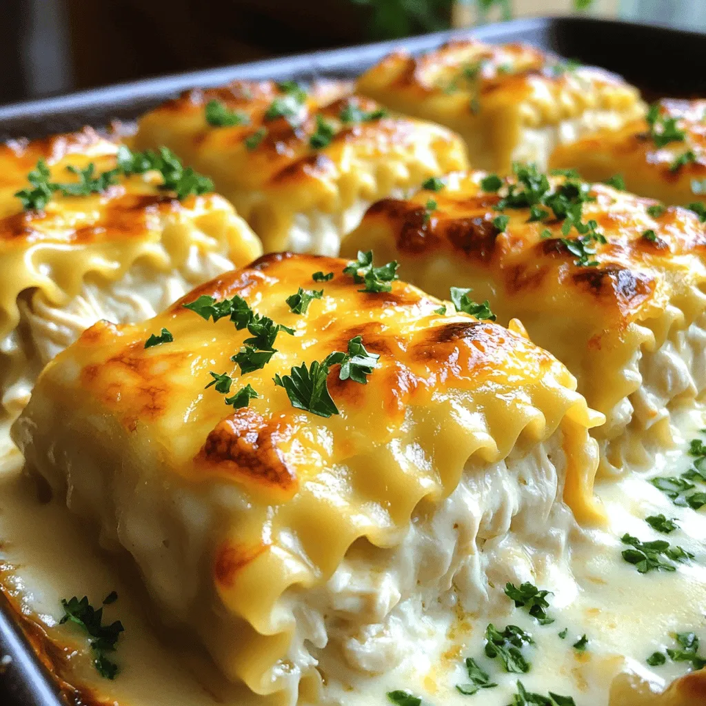 Here is the list of ingredients you will need: - 8 lasagna noodles - 2 cups cooked chicken, shredded - 1 cup ricotta cheese - 2 cups mozzarella cheese, shredded (divided) - 1 cup grated Parmesan cheese - 2 cups Alfredo sauce (store-bought or homemade) - 1 teaspoon garlic powder - 1 teaspoon Italian seasoning - Salt and pepper to taste - Fresh parsley, chopped (for garnish) Each ingredient plays a key role in making this dish tasty and satisfying. The lasagna noodles provide the perfect structure for rolling. The cooked chicken adds protein and flavor. Ricotta cheese gives a creamy touch, while mozzarella and Parmesan add richness. Alfredo sauce ties everything together with its smooth, buttery taste. Garlic powder and Italian seasoning enhance the flavor profile, making each bite delightful. Don't forget the salt and pepper to balance all the flavors. Finally, fresh parsley adds a pop of color and freshness on top. This dish is simple yet delicious, making it a great choice for family dinners. For the full recipe, check out the details above and get ready to impress! First, preheat your oven to 375°F (190°C). This ensures even cooking. While the oven heats, cook the lasagna noodles according to the package instructions until they are al dente. Be careful not to overcook them. After cooking, drain the noodles and lay them flat on a clean kitchen towel. This will help them dry a bit. Next, you will prepare the chicken and cheese mixture. In a mixing bowl, combine the shredded chicken, ricotta cheese, 1 cup of mozzarella cheese, garlic powder, Italian seasoning, salt, and pepper. Mix everything until it is well combined and creamy. This mixture is the heart of the roll-ups. Now, it's time to assemble the lasagna roll-ups. Take one lasagna noodle and spread about 2-3 tablespoons of the chicken mixture across its length. Roll up the noodle tightly from one end to the other. Make sure the seam is on the bottom to keep it closed. Place each roll seam-side down in a greased 9x13 inch baking dish. Repeat this process with the remaining noodles and filling until all are rolled and placed in the dish. After all the roll-ups are in the baking dish, pour the remaining Alfredo sauce evenly over the top. This sauce adds creaminess and flavor. Then, sprinkle the rest of the mozzarella and Parmesan cheese over the sauce. This will create a nice cheesy layer when baked. Cover the baking dish with aluminum foil and bake in the preheated oven for 25 minutes. This step helps steam the roll-ups. After 25 minutes, remove the foil and bake for an additional 15 minutes. Keep an eye on it, as you want the cheese to be bubbly and slightly golden. Once done, remove the roll-ups from the oven and let them cool for a few minutes. This helps set the filling and makes serving easier. Finally, garnish with fresh chopped parsley for a pop of color. Serve warm and enjoy the cheesy goodness of your Chicken Alfredo Lasagna Roll Ups! For the full recipe, check out the details above. To keep noodles from sticking together, rinse them with cold water. This cools them down and keeps them separate. Lay the noodles flat on a towel once you drain them. When rolling, avoid overfilling. This helps the roll-ups stay tight and neat. To avoid soggy roll-ups, use less sauce in the assembly. Spread a thin layer at the bottom of the dish. Make sure to bake them at the right temperature. Baking them too long can make them mushy. Cover them with foil until the last few minutes to keep moisture in. If you want to swap chicken, try cooked turkey or even tofu. Shredded beef also works well. For a lighter option, use shredded veggies like zucchini or spinach. For dairy-free options, use plant-based cheeses and sauces. Almond milk or coconut cream can replace cream in your sauce. Cashew cheese is a great ricotta substitute, too. Serve Chicken Alfredo Lasagna Roll Ups with a fresh salad. A simple green salad adds crunch and color. Garlic bread is a classic choice, too. It pairs well with the creamy sauce. For presentation, place roll-ups on a large platter. Drizzle extra Alfredo sauce over them, then sprinkle with parsley. Add a sprinkle of extra cheese for a nice touch. This makes the dish look inviting and delicious. {{image_2}} You can make Chicken Alfredo Lasagna Roll Ups even more fun by adding vegetables. Spinach, zucchini, or bell peppers work great. Just chop them small and mix them into your chicken filling. This step adds flavor and nutrients. You can also get creative with cheese. Instead of just ricotta, try adding cottage cheese or cream cheese. Mixing different cheeses can change the dish's taste and texture. You might find a new favorite combo! If you want a homemade touch, making your own Alfredo sauce is easy. Just melt butter, add heavy cream, and mix in garlic and Parmesan. This sauce makes your roll ups rich and creamy. You can also try different creamy sauces. A white sauce made with butter, flour, and milk can work well. For a lighter option, consider using a yogurt-based sauce. These choices keep the dish fresh and exciting. You can turn Chicken Alfredo Lasagna Roll Ups into a holiday dish. Add festive ingredients like cranberries or sage for a seasonal twist. This makes it perfect for special gatherings. Using seasonal ingredients also boosts flavor. In summer, add fresh tomatoes and basil. In fall, think about mushrooms and squash. These swaps can keep your dish in tune with the seasons. For the full recipe, check out the complete guide! To keep your Chicken Alfredo Lasagna Roll Ups fresh, store leftovers in an airtight container. Make sure to let them cool completely before sealing. This helps prevent sogginess. In the fridge, they last about 3 to 4 days. When you want to eat them, just reheat in the oven or microwave. Freezing is a great option if you want to save some roll-ups for later. First, let them cool to room temperature. Then, wrap each roll-up tightly in plastic wrap. Place them in a freezer-safe bag or container. They can stay frozen for up to 3 months. When you are ready to enjoy them, thaw in the fridge overnight. To reheat, bake them in the oven until hot throughout. If you have a busy week, make these roll-ups ahead of time. You can prepare the filling and noodles in advance. Assemble and freeze them before baking. This way, you have a quick meal ready to go. Just take them out of the freezer, thaw, and bake when you need a tasty dinner. What can I substitute for ricotta cheese? You can use cottage cheese if you want a lighter option. Cream cheese works well too. Both will add creaminess to your roll-ups. Can I use no-boil lasagna noodles? Yes, you can use no-boil noodles. Just add a bit more sauce to ensure they cook well. They save time and still taste great. How do I adjust the recipe for a larger or smaller batch? To change the size, simply adjust the ingredient amounts. If you want more roll-ups, double the ingredients. For fewer, halve them. How to make Chicken Alfredo Lasagna Roll Ups from scratch? Start by cooking the lasagna noodles. Mix the chicken, ricotta, and spices in a bowl. Spread Alfredo sauce in a baking dish, fill the noodles, roll them, and bake. Check the full recipe for details. What is the best way to freeze Chicken Alfredo Lasagna Roll Ups? To freeze, let them cool completely. Then, wrap each roll-up in plastic wrap and place them in a freezer bag. They can last up to three months. How do I know when the roll-ups are done? Check the cheese on top. It should be bubbly and golden. You can also use a knife to see if the center is hot. Are there any food safety tips I should follow when reheating? Always reheat roll-ups to at least 165°F (74°C). This ensures they are safe to eat. Use a food thermometer for best results. You now have a clear guide to making delicious Chicken Alfredo Lasagna Roll-Ups. We covered all the important ingredients, step-by-step instructions, and helpful tips. You can customize the recipe with different fillings or sauces. Remember to store leftovers properly to keep them fresh. I hope you enjoy this tasty dish with your friends and family. Happy cooking!