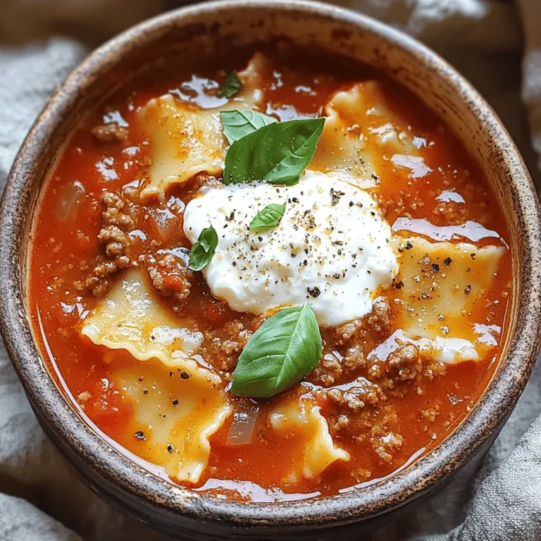 To make Easy Lasagna Soup, you need a few simple ingredients. Here’s what you will need: - 1 lb ground beef - 1 medium onion, chopped - 2 cloves garlic, minced - 1 can (28 oz) crushed tomatoes - 4 cups beef broth - 1 teaspoon dried basil - 1 teaspoon dried oregano - 1 teaspoon crushed red pepper flakes (optional) - 8 lasagna noodles, broken into pieces - 1 cup ricotta cheese - 1 cup shredded mozzarella cheese - 1/2 cup grated Parmesan cheese - Salt and pepper to taste - Fresh basil leaves for garnish These ingredients combine to create a warm and hearty soup. Each one adds a unique flavor to the dish. The ground beef gives it richness. The tomatoes and broth provide a tasty base. Herbs like basil and oregano add depth. Don’t forget the cheeses! They make it creamy and indulgent. You can also add crushed red pepper for a spicy kick. If you want to customize your soup, feel free to swap or add ingredients. For the full recipe, follow the steps I’ve laid out. Enjoy cooking! - Sautéing the onion and garlic Start by heating a splash of olive oil in a large pot over medium heat. Add the chopped onion and cook until it turns soft and translucent, which takes about three to four minutes. This step builds a strong flavor base for your soup. Next, toss in the minced garlic and stir for about a minute. This brings out the garlic's rich aroma and taste. - Browning the ground beef Now, add the ground beef to the pot. Use a wooden spoon to break it into smaller pieces. Cook the beef until it turns brown. This should take about five to seven minutes. If there’s extra fat, drain it off. Browning the meat adds depth and a savory flavor you’ll love. - Adding tomatoes, broth, and seasoning Once the beef is browned, stir in the crushed tomatoes and beef broth. Add your dried basil and oregano for that classic Italian taste. If you like some heat, toss in crushed red pepper flakes. Season with salt and pepper to taste. Bring this mixture to a boil, which takes about five minutes. - Incorporating the lasagna noodles After it boils, reduce the heat to low. Add the broken lasagna noodles to the pot. Let the soup simmer for about ten to twelve minutes. Check the noodles for doneness; they should be al dente, meaning they are tender but still firm. - How to add the ricotta topping In a small bowl, mix the ricotta cheese with a pinch of salt and pepper. This will be your creamy topping. When serving, ladle the hot soup into bowls. Add a dollop of the ricotta mixture on top of each bowl. This adds creaminess that balances the flavors. - Recommended garnishing options To finish, sprinkle shredded mozzarella and grated Parmesan cheese over the soup. For an extra touch, add fresh basil leaves. This adds a pop of color and fresh flavor. Enjoy your comforting Easy Lasagna Soup! For the full recipe, check out the instructions above. - Using fresh herbs: Fresh basil adds a bright taste. You can chop it and mix it in just before serving. This step gives your soup a fresh kick. - Adjusting spice levels: If you like heat, add more crushed red pepper flakes. Start with a small amount, then taste and adjust. This way, you control the spice to suit your taste. - Browning meat for flavor: Browning the ground beef is key. This process adds depth to your soup. Cook it until it's browned, not just grey. This step brings out the best flavors. - Perfectly cooking lasagna noodles: Break the noodles into smaller pieces. This helps them cook evenly. Stir them in when the soup boils, and watch them carefully. You want them tender, not mushy. - Best accompaniments for soup: Serve with crusty bread or a side salad. These pair well and add to the meal. A sprinkle of fresh basil on top makes it look pretty, too. - Ideal serving temperature: Serve the soup hot, but not too hot. Let it cool for a minute if needed. This way, you can enjoy it without burning your tongue. {{image_2}} You can easily swap the ground beef for other meats. Ground turkey or chicken works well. For a lighter option, try using cooked sausage. If you want a meatless dish, use lentils or crumbled tofu. Cheese is another area where you can mix things up. Instead of ricotta, try cottage cheese for a lighter taste. You can also use goat cheese for a tangy twist. For mozzarella, feel free to use provolone or a dairy-free cheese if you prefer. If you need gluten-free options, substitute lasagna noodles with gluten-free pasta. There are many types available now, and they cook well in soups. You can also use zucchini or eggplant slices as a noodle alternative. For a vegetarian lasagna soup, skip the meat and add more vegetables. Spinach, mushrooms, or bell peppers add great flavor and texture. You can also use vegetable broth instead of beef broth for a lighter taste. Adding vegetables can boost both flavor and nutrition. Carrots, celery, or bell peppers can add crunch and taste. You can sauté them with the onion and garlic for extra depth. You might want to adjust the broth types. Use chicken broth for a milder flavor or vegetable broth for a vegetarian option. For a bolder taste, add some beef broth along with chicken broth. This can give your soup a unique kick that everyone will enjoy. To keep your Easy Lasagna Soup fresh, use airtight containers. Glass or plastic containers work well. Make sure the soup cools first before sealing it. Store it in the fridge for the best taste. Keep it at a temperature below 40°F (4°C) to stay safe. If you want to save some for later, freezing is a great option. Pour the cooled soup into freezer-safe bags. Leave some space at the top for expansion. Seal the bags tight, then label them with the date. When you're ready to eat, thaw it overnight in the fridge. Reheat on the stove or in a microwave until hot. Your Easy Lasagna Soup lasts about 3-4 days in the fridge. Always check for signs of spoilage. If it smells off or has strange colors, toss it out. Keeping track of the date helps avoid eating bad food. Enjoy your soup while it's fresh for the best flavor! Can I make Easy Lasagna Soup in a slow cooker? Yes, you can! Start by browning the ground beef in a pan. Then, add the beef, onions, garlic, crushed tomatoes, and spices to the slow cooker. Pour in the beef broth too. Cook on low for 6-8 hours. Add the broken lasagna noodles in the last 30 minutes. This method gives a rich flavor. What can I substitute for ricotta cheese? If you don’t have ricotta, try cottage cheese. It has a similar texture. You can also use cream cheese for a richer taste. Just mix it with a bit of milk to soften it. What type of beef is best for soup? I recommend using ground beef with 80/20 fat content. This mix keeps the meat juicy. You can also use ground turkey for a lighter option. Just make sure to brown it well. Can I use fresh lasagna noodles? Yes, you can! Just break them into pieces like dried noodles. Add them to the soup for the last 10 minutes of cooking. Fresh noodles cook quicker, so keep an eye on them. How do I reheat the soup? Reheat the soup on the stove over medium heat. Stir it often to warm it evenly. You can also use a microwave. Heat in a bowl for 1-2 minutes, stirring halfway through. Can I make this recipe ahead of time? Absolutely! Make the soup ahead and let it cool. Store it in the fridge for up to 3 days. Just remember to add the cheese when serving. This keeps it fresh and tasty. For the full recipe, check the earlier sections. This blog post covered how to make Easy Lasagna Soup. We discussed key ingredients and step-by-step cooking instructions. I shared tips to enhance flavor and various ways to adapt the recipe. You learned about proper storage and answered common questions. Enjoying this dish can be simple and fun. Whether you use ground beef or veggies, make it your own! Dive in and create a warm, tasty meal that everyone will love.