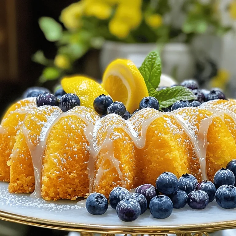 To make this delightful Lemon Blueberry Pound Cake, you need a few key items: - 1 cup unsalted butter, softened - 1 ½ cups granulated sugar - 4 large eggs - 1 tablespoon lemon zest - 1 tablespoon lemon juice - 1 teaspoon vanilla extract - 2 cups all-purpose flour - 1 teaspoon baking powder - ½ teaspoon baking soda - ¼ teaspoon salt - 1 cup fresh blueberries (tossed in a little flour) These ingredients work well together to create a fluffy and moist cake. The lemon zest and juice add a bright flavor. The blueberries bring sweetness and a burst of color. To top off your cake, you will need: - ½ cup powdered sugar - 2 tablespoons fresh lemon juice This simple glaze adds a sweet and tangy touch. It complements the cake's flavors perfectly. Choosing the best blueberries can make a big difference. Here’s what to look for: - Color: Look for deep blue berries. Avoid any that are green or red. - Firmness: The berries should feel firm and plump. - Skin: Check for a smooth skin. Wrinkled or soft berries may be overripe. - Size: Choose medium-sized berries for the best flavor. Fresh blueberries enhance the taste and texture of your pound cake. Use the best you can find for a great result. Start by preheating your oven to 350°F (175°C). This step is key to getting a nice rise. Grease and flour a 9x5 inch loaf pan. This prevents sticking later. In a large bowl, cream the softened butter and granulated sugar. Mix until light and fluffy, which takes about 3-5 minutes. Add the eggs one at a time. Ensure each egg is mixed in well before adding the next. Then, mix in the lemon zest, lemon juice, and vanilla extract. This adds great flavor. In a separate bowl, whisk together the dry ingredients: flour, baking powder, baking soda, and salt. Gradually add this dry mixture to your wet ingredients. Mix until just combined. Lastly, gently fold in the fresh blueberries. Tossing them in a little flour helps keep them from sinking. Pour the batter into the prepared loaf pan. Smooth the top with a spatula to make it even. Bake in your preheated oven for 50-60 minutes. To check if it’s done, insert a toothpick into the center. If it comes out clean, your cake is ready. Once baked, let the cake cool in the pan for about 10 minutes. After that, transfer it to a wire rack to cool completely. For the glaze, combine powdered sugar and fresh lemon juice in a small bowl. Whisk until smooth. Once the cake is cool, drizzle the glaze over it. Let the glaze set for a few minutes before slicing. This adds a sweet lemony touch that makes the cake even better. For an appealing presentation, serve each slice on a nice plate. A few extra blueberries and a mint sprig make it look great. You can find the Full Recipe for all the details. To make your lemon blueberry pound cake soft, follow a few simple tips. Use room temperature ingredients, especially the butter and eggs. This helps create a smooth batter. Cream the butter and sugar well until fluffy. This step adds air, making your cake light. Mix the dry and wet ingredients gently. Overmixing can lead to a dense cake. Avoid using cold butter straight from the fridge. Cold butter won’t mix well and can lead to a heavy cake. Also, don’t skip the flour coating on the blueberries. This helps them stay suspended in the batter. Finally, ensure your oven is preheated. Baking in a cold oven can ruin the rise and texture. For the best results, let your butter and eggs sit out for about 30 minutes before starting. This ensures they are at room temperature. The same goes for the lemon juice and zest. Fresh ingredients taste better and give more flavor. Using room temperature ingredients helps the batter blend smoothly and rise properly. If you follow these tips, your lemon blueberry pound cake will be delightful! For the full recipe, check out the [Full Recipe]. {{image_2}} You can make a gluten-free version of this cake. Use a gluten-free flour blend. Look for one that works well in baking. Measure it just like regular flour. You may need to add more liquid. Keep an eye on the texture while mixing. It should be thick, but not dry. To make this pound cake vegan, swap the eggs for flax eggs. Mix one tablespoon of ground flaxseed with three tablespoons of water. Let it sit for a few minutes to thicken. Use coconut oil instead of butter. It adds a nice flavor. You can also use almond milk instead of regular milk. You can change the flavors to suit your taste. Adding nuts like walnuts or pecans adds crunch. You can also try other fruits. Raspberries or strawberries work great. Mix them in with the blueberries. Experiment with spices too, like cinnamon or nutmeg. Each tweak brings a new twist to the classic recipe. For the full recipe, check the original instructions above. To keep your lemon blueberry pound cake fresh, wrap it well. Use plastic wrap or aluminum foil. This keeps the cake moist. Store it at room temperature for up to three days. If you want it to last longer, consider refrigeration. Just remember to wrap it tightly to avoid drying out. You can freeze this cake for later use. First, let it cool completely. Then, wrap it in plastic wrap, followed by foil. This double-layer helps prevent freezer burn. Label the package with the date. You can freeze it for up to three months. When ready to enjoy, thaw it in the fridge overnight. The shelf life of your lemon blueberry pound cake depends on how you store it. At room temperature, it lasts about three days. In the fridge, it can last about a week. If you freeze it, aim to eat it within three months. Always check for signs of spoilage before eating. Enjoy your delicious cake knowing it’s well-stored! For the full recipe, check out the detailed instructions above. Yes, you can use frozen blueberries. Frozen blueberries may add some extra moisture to the batter. Make sure to toss them in a bit of flour before adding them. This helps prevent them from sinking to the bottom of the cake. If you need a butter substitute, use coconut oil or a plant-based spread. Both options work well and will keep the cake moist. You can also use applesauce, but it may change the texture. It’s best to use the same amount as you would for butter. To check if your pound cake is done, insert a toothpick into the center. If it comes out clean, the cake is ready. You can also look for a golden-brown color and a slight dome on top. The edges should pull away from the pan slightly when done. For a detailed guide with precise steps, check out the [Full Recipe]. This article covered how to make a tasty lemon blueberry pound cake. We went over the main and extra ingredients, along with tips for choosing fresh blueberries. You saw a detailed guide on preparing, baking, and glazing the cake. I shared helpful tips to get the right texture and avoid common mistakes. Don't forget, you can try gluten-free or vegan options, too. Finally, I gave you storage tips for keeping your cake fresh. Enjoy your baking!