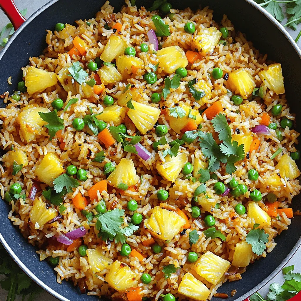 To make pineapple fried rice, gather these ingredients: - 2 cups cooked jasmine rice (preferably day old) - 1 cup fresh pineapple, diced - 1/2 cup frozen peas and carrots - 1/2 cup bell pepper, diced (mix of red and yellow for color) - 1/4 cup red onion, finely chopped - 2 cloves garlic, minced - 2 tablespoons soy sauce (low sodium) - 1 tablespoon sesame oil - 1/2 tablespoon curry powder - 2 green onions, chopped - 2 eggs, beaten (optional) - Salt and pepper to taste - Fresh cilantro or parsley for garnishing Pineapple fried rice packs a punch of flavors and nutrients. A serving contains: - Calories: Around 350 - Protein: 8 grams (more if you add eggs) - Carbs: 60 grams - Fat: 10 grams - Fiber: 3 grams - Vitamins: High in Vitamin C from pineapple and bell pepper This dish is a balanced meal that combines carbs, proteins, and healthy fats. To cook this dish, you will need: - A large skillet or wok - A spatula for stirring - A knife and cutting board for chopping - Measuring cups and spoons - A bowl for beating eggs (if using) These tools will help you create a delicious meal with ease! Start with cooked jasmine rice. Day-old rice works best. If you use fresh rice, spread it out on a baking sheet. Let it cool for 30 minutes. This step helps keep the rice from becoming mushy. 1. Heat the Pan: Grab a large skillet or wok. Heat 2 tablespoons of sesame oil over medium-high heat. 2. Add Aromatics: Toss in 1/4 cup of chopped red onion and 2 minced garlic cloves. Sauté for 2-3 minutes until it smells great. 3. Toss in Vegetables: Add 1/2 cup of diced bell pepper, along with 1/2 cup of frozen peas and carrots. Stir-fry for another 2-3 minutes until they start to soften. 4. Incorporate Pineapple: Now, add 1 cup of diced fresh pineapple. Stir everything together. Let it cook for a few minutes to caramelize the pineapple slightly. 5. Mix in Rice and Season: Add your prepared rice, 2 tablespoons of soy sauce, and 1/2 tablespoon of curry powder. Use a spatula to mix everything well. Stir-fry for 5-7 minutes to blend the flavors. 6. Add Eggs: If you want eggs, push the rice to one side. Pour in 2 beaten eggs on the other side. Scramble the eggs until cooked, then mix them into the rice. Add salt and pepper to taste. Stir in 2 chopped green onions for a fresh touch. Remove from heat and garnish with fresh cilantro or parsley. Serve hot for a delightful meal! For the full recipe, check the earlier section. To keep your rice from being mushy, start with day-old rice. Freshly cooked rice has more moisture. If you must use fresh rice, spread it out on a baking sheet. Let it cool for at least 30 minutes. This helps the rice dry out. Drier rice fries better without clumping. Seasoning is key to a tasty fried rice. Soy sauce adds salt and depth. I recommend using low-sodium soy sauce. It gives flavor without too much salt. Curry powder adds warmth and a bit of spice. Taste as you go to find your perfect balance. Fresh herbs, like cilantro or parsley, brighten the dish at the end. Pineapple fried rice is perfect for using leftovers. You can add any cooked meat or veggies you have. Cooked chicken, shrimp, or even tofu work well. Just chop them up and stir them in. This dish makes a great way to clean out your fridge. Plus, it’s a fun way to create new flavors! {{image_2}} You can make this dish vegetarian easily. Just skip the eggs. The flavors remain bright and fresh. Use the same ingredients from the full recipe. Adding more veggies can enhance the taste. Try mushrooms, zucchini, or spinach for extra nutrition. This mix makes it colorful and fun! If you want a vegan version, leave out the eggs as well. Use tofu instead for protein. Firm tofu works best. Dice it and sauté it with the vegetables. It absorbs all the flavors well. You can also add a splash of coconut milk for creaminess. This adds a tropical twist that's delightful! For a hearty meal, consider adding protein. Chicken, shrimp, or beef are great choices. Cook them first in the pan, then add the veggies. Make sure they’re cooked through before adding rice. You can also use plant-based options like tempeh or seitan. They fit perfectly into this tasty dish! To keep your pineapple fried rice fresh, store it in an airtight container. Let the rice cool down to room temperature before sealing it. This step helps to prevent moisture buildup. For best results, refrigerate the rice within two hours of cooking. This keeps it safe to eat and preserves its taste. You can also freeze the rice if you want to keep it longer. Just use a freezer-safe container or bag. When ready to enjoy leftovers, reheat your pineapple fried rice on the stove. Add a splash of water or broth to keep it moist. Heat over medium heat, stirring often. This helps to warm it evenly. You can also use the microwave. Place the rice in a bowl, cover it with a damp paper towel, and heat in 30-second intervals. Stir between intervals until hot. Pineapple fried rice can last in the fridge for about 3 to 4 days. Make sure to check for any off smells or signs of spoilage before eating. If stored in the freezer, it can last up to 3 months. Just remember to label the container with the date for easy reference. Enjoy your delicious dish again and again! Yes, you can use canned pineapple. Just make sure to drain it well. Canned pineapple has more juice. This can make your fried rice watery. If you choose canned, use less soy sauce to balance flavors. Fresh pineapple adds a nice texture and sweetness. To make pineapple fried rice without eggs, skip the eggs in the recipe. Focus on the rice, veggies, and pineapple. Add more peas or even tofu for extra protein. The flavors will still be great without eggs. Just follow the rest of the steps in the Full Recipe. Pineapple fried rice is great on its own. You can serve it with grilled chicken or shrimp for a fuller meal. It also pairs well with a fresh salad. Try a simple green salad with lime dressing. For a fun twist, serve it in a hollowed-out pineapple! We explored ingredients for pineapple fried rice, from tools to nutritional facts. I shared step-by-step instructions to prepare and cook perfect rice, plus tips to avoid mushiness. You learned how to enhance flavors and use leftovers, along with tasty variations like vegetarian and vegan options. Finally, we covered storage and answered common questions. Remember, making this dish is easy and fun. Enjoy creative freedom and make it your own!