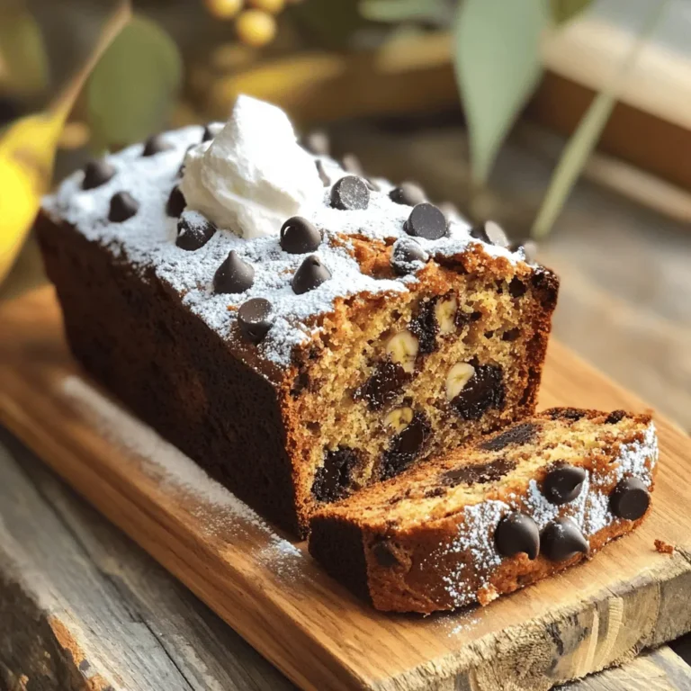 - 3 ripe bananas, mashed - 1/3 cup melted coconut oil - 1 teaspoon vanilla extract - 1 teaspoon baking soda - Pinch of salt - 3/4 cup brown sugar - 1 large egg, beaten - 1 cup all-purpose flour - 1/2 cup chocolate chips (dark or semi-sweet) - 1/4 cup chopped walnuts (optional) - 1/4 teaspoon cinnamon (for an extra kick) The right ingredients make all the difference in your chocolate chip banana bread. Start with three ripe bananas. The riper they are, the sweeter your bread will be. Mash them well for an even texture. Next, use 1/3 cup of melted coconut oil. This adds moisture and a subtle flavor. You also need 1 teaspoon of vanilla extract for that warm, sweet aroma. Baking soda helps your bread rise. A pinch of salt balances the sweetness. For the sugar, I prefer 3/4 cup of brown sugar. It gives a rich taste. Add in one large beaten egg for binding. You’ll also need 1 cup of all-purpose flour to hold everything together. The best part? The chocolate chips! Use 1/2 cup of dark or semi-sweet chips. They melt beautifully and create gooey pockets in each slice. If you like a crunch, add 1/4 cup of chopped walnuts. Finally, a dash of cinnamon adds a lovely warmth and flavor. This combination of ingredients is simple yet creates a delightful treat. For the full recipe, you can refer to the steps outlined in the article. - Approximate calories per slice: 180 - Macronutrient breakdown: - Carbohydrates: 25g - Fats: 8g - Proteins: 3g Knowing the nutritional info helps you enjoy this treat mindfully. Each slice packs about 180 calories. It includes 25 grams of carbs, making it a solid snack. The 8 grams of fat mainly come from the coconut oil and nuts. You’ll also get about 3 grams of protein, which adds some staying power to your snack. First, prepare your loaf pan. Grease a 9x5 inch pan with some coconut oil. This helps the bread slide out easily. Next, preheat your oven to 350°F (175°C). A hot oven is key for a great rise. Now, let’s mix the wet ingredients. In a large bowl, mash the ripe bananas until smooth. Add 1/3 cup of melted coconut oil and stir. Then, mix in 1 teaspoon of vanilla extract and 1 beaten egg. Make sure everything blends nicely. In another bowl, combine the dry ingredients. Add 1 teaspoon of baking soda, a pinch of salt, and 3/4 cup of brown sugar. Stir this mix well. When you combine wet and dry ingredients, do it gently. Overmixing can make the bread tough. Pour the wet mix into the dry ingredients. Fold in 1 cup of all-purpose flour until just combined. Gently add 1/2 cup of chocolate chips and any walnuts if you like. Now, pour the batter into your prepared loaf pan. Smooth the top with a spatula. Bake this in your preheated oven for 55 to 65 minutes. Check for doneness using a toothpick. Insert it into the center of the bread. If it comes out clean, the bread is done. If not, give it a few more minutes. Once baked, let the bread cool in the pan for about 10 minutes. Then transfer it to a wire rack to cool completely. This step is important. Cooling helps the texture and flavor develop. For serving, slice the bread while warm. I recommend adding a dollop of whipped cream or a sprinkle of powdered sugar on top. If you want to go the extra mile, drizzle some chocolate over each slice. Enjoy every bite of your chocolate chip banana bread! - Overmixing the batter: This can make the bread tough. Mix gently until just combined. - Not using ripe enough bananas for flavor: Ripe bananas are sweeter and add moisture. Look for bananas with brown spots. - Adding nuts or dried fruit variations: Chopped walnuts or dried cranberries add crunch and flavor. Feel free to get creative! - Using alternative sweeteners for dietary preferences: You can try honey or maple syrup. This can change the flavor, but it’s a fun twist. - Adding spices like nutmeg or allspice: Just a pinch can elevate your banana bread. It adds warmth and depth. - Suggestions for using different types of chocolate chips: Dark, semi-sweet, or even white chocolate chips work well. Each type brings its unique flavor to the bread. For the full recipe, check out [Full Recipe]. {{image_2}} You can make your banana bread a bit healthier. Switch to whole wheat flour or almond flour. Both flours add fiber and nutrients. Whole wheat flour gives a nutty taste. Almond flour adds moisture and a slight sweetness. Another great swap is using applesauce instead of coconut oil. This cut down on fat while keeping the bread moist. Use the same amount of applesauce. Your bread will still taste rich and delicious. Want to mix it up? Try making peanut butter chocolate chip banana bread. Just add a half cup of peanut butter to the wet ingredients. The result is a creamy, nutty flavor that pairs well with chocolate. You can also add citrus zest for a fun twist. A teaspoon of lemon or orange zest brightens the bread. It adds a refreshing taste that balances the sweetness of the bananas. If you need a gluten-free option, use a gluten-free flour blend. Look for blends that include rice flour or almond flour. They work well in banana bread. You may need a binding agent for gluten-free recipes. Try adding one tablespoon of ground flaxseed mixed with water. This will help hold your bread together. Enjoy your gluten-free chocolate chip banana bread! For the complete recipe, check out the Full Recipe. To keep your banana bread fresh, wrap it well. Use plastic wrap or aluminum foil. This protects it from air and moisture. You can also place it in an airtight container. If you want to store it longer, freeze it. Just slice the bread first. Wrap each slice separately. This way, you can enjoy a slice anytime! To reheat your banana bread, use the oven or microwave. For the oven, preheat it to 350°F (175°C). Place the bread on a baking sheet. Heat for about 10-15 minutes. This keeps the bread soft and warm. If using a microwave, place a slice on a plate. Heat it for about 10-15 seconds. This gives you a nice warm treat! At room temperature, your banana bread lasts about 3-4 days. Keep it in a cool, dry place. If you store it in the fridge, it can last up to a week. Just remember to wrap it well to avoid drying out. If frozen, it can last for several months. Simply thaw it in the fridge before enjoying! Can I use frozen bananas for this recipe? Yes, you can use frozen bananas. Just thaw them first. They will mash easily. Frozen bananas add great flavor, too! How can I make this recipe vegan-friendly? To make it vegan, swap the egg for a flax egg. Mix one tablespoon of flaxseed meal with three tablespoons of water. Let it sit for a few minutes until it thickens. Use plant-based milk instead of coconut oil if you want. What can I use instead of eggs? You can use a flax egg or unsweetened applesauce. A quarter cup of applesauce works well. This keeps the bread moist and adds sweetness. Can I replace brown sugar with white sugar or honey? Yes, you can replace brown sugar with white sugar. If using honey, use less. Honey is sweeter, so about half the amount should work fine. Why is my banana bread dense? Dense banana bread can come from overmixing the batter. Mix until just combined. Also, make sure your bananas are very ripe. They should be soft and sweet. How can I ensure my banana bread rises properly? To help your banana bread rise, check your baking soda. It should be fresh. Make sure your oven is at the right temperature, too. Preheat it well before baking. You now have a clear guide to making delicious chocolate chip banana bread. We covered key ingredients, the baking process, and tips to avoid mistakes. Personalizing your recipe allows you to cater to your own taste. Remember, using ripe bananas and following the right steps makes all the difference. I hope you feel ready to try this recipe. Enjoy the warm, sweet aroma of fresh banana bread in your kitchen!