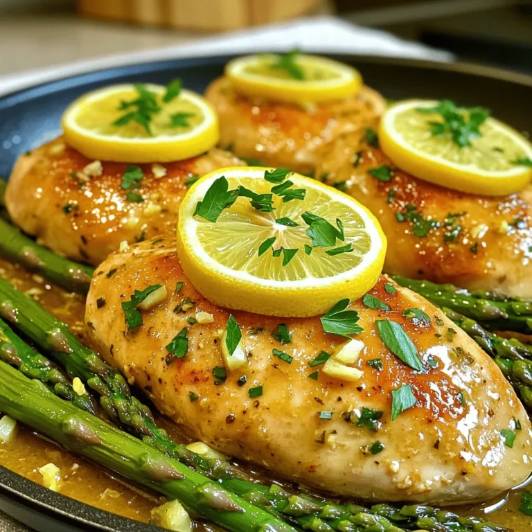 To make One Pan Lemon Asparagus Chicken, you need fresh and simple ingredients. Here’s what you’ll need: - 4 boneless, skinless chicken breasts - 1 bunch of fresh asparagus, trimmed - 2 lemons (juice and slices) - 3 cloves garlic, minced - 1 tablespoon olive oil - 1 teaspoon dried oregano - 1 teaspoon garlic powder - Salt and pepper to taste - Fresh parsley, chopped (for garnish) Each ingredient plays a key role in the dish. The chicken serves as the main protein, providing a hearty base. Asparagus adds a crisp texture and bright color. Fresh lemons give a zesty flavor that brightens the meal. Garlic enhances the taste, making it rich and inviting. Olive oil helps with cooking and adds a nice sheen. Dried oregano brings an earthy note, while garlic powder boosts the flavor. Finally, salt and pepper season everything perfectly. You can find the full recipe for One Pan Lemon Asparagus Chicken with detailed instructions to guide you through the cooking process. Enjoy cooking this delightful dish! - Preheat oven to 400°F (200°C). - In a large bowl, mix olive oil, juice of one lemon, minced garlic, oregano, garlic powder, salt, and pepper. This creates a tasty marinade. - Add the chicken breasts to the bowl. Toss them well to coat in the marinade. Let the chicken sit for 15 minutes. This helps the flavors soak in. - While the chicken marinates, arrange the fresh asparagus on a baking sheet. Drizzle with a little olive oil and season with salt and pepper. Toss to coat. - After 15 minutes, place the marinated chicken on the same baking sheet with the asparagus. - Slice the second lemon and place the slices evenly over the chicken. This adds a zesty flavor. Bake in the preheated oven for 25-30 minutes. - Cook until the chicken reaches 165°F (75°C). This ensures it’s safe to eat. - Once cooked, remove the pan from the oven. Let it rest for 5 minutes before serving. - Garnish with freshly chopped parsley for a pop of color and flavor. For the complete recipe, check out the Full Recipe section. For the best flavor, marinate the chicken for at least 15 minutes. This short time lets the chicken soak in the tasty lemon and garlic. Fresh ingredients are key here. They add more zest and keep every bite bright and delicious. Set your oven to 400°F (200°C) for the perfect bake. This heat cooks the chicken evenly. To check if the chicken is done, use a meat thermometer. It should read 165°F (75°C). This ensures your chicken is safe and juicy. Pair this dish with a light salad or rice. A fresh green salad adds crunch and color. For a nice touch, arrange the chicken and asparagus on a platter. Garnish with fresh parsley for a pop of green. You can also add lemon wedges for extra flair. For the full recipe, check the instructions above. {{image_2}} You can mix things up with this dish by using other veggies. Try broccoli or green beans. They both add great color and flavor. You can also switch the protein. If you love fish, use salmon. For a plant-based option, try tofu. Just be sure to adjust the cooking time. To boost the taste, add spices or fresh herbs. Herbs like thyme or rosemary work well. If you want some heat, sprinkle in red pepper flakes or cayenne. This will give your dish a nice kick without overpowering the lemon taste. If you're looking for low-carb options, skip the asparagus. Instead, use zucchini or cauliflower. For gluten-free, check your spices to ensure they are gluten-free. If you want a vegan version, swap the chicken for chickpeas or more tofu. Just make sure to adjust the cooking time to prevent overcooking. Feel free to explore these options to make the dish your own. Check out the Full Recipe for detailed steps to create your perfect meal. To keep your One Pan Lemon Asparagus Chicken fresh, store it in an airtight container. Make sure to let it cool first. This dish stays good in the fridge for up to three days. If you want to keep it longer, consider freezing it. When you reheat chicken and asparagus, the oven is your best friend. Preheat it to 350°F (175°C). Place the dish in the oven for about 15 minutes. This method keeps the chicken juicy and the asparagus tender. You can also use the microwave, but use lower power to avoid drying out the chicken. Yes, you can freeze One Pan Lemon Asparagus Chicken. Divide it into portions before freezing. It can last up to three months in the freezer. For thawing, move it to the fridge overnight. Once thawed, reheat it as mentioned above to enjoy the flavors fresh again. One Pan Lemon Asparagus Chicken is a fresh and tasty meal. It features juicy chicken breasts, tender asparagus, and bright lemon. This dish cooks in one pan, making cleanup easy. The flavors blend well, creating a delightful dining experience. To keep your chicken juicy, follow these tips: - Marinate well: Use the marinade for at least 15 minutes. - Don’t overcook: Bake until the chicken reaches 165°F (75°C). - Rest the chicken: Allow it to sit for 5 minutes before serving. These steps help lock in moisture and flavor. Yes, you can prepare this meal ahead. Here are some tips: - Marinate the chicken: You can marinate it the night before. - Store cooked chicken: After cooking, let it cool before refrigerating. - Reheat gently: Use a low temperature to avoid drying it out. This way, you have a quick meal ready to go. Pair this dish with these tasty sides: - Rice: A light lemon rice or wild rice works well. - Salad: A fresh green salad adds crunch. - Potatoes: Roasted or mashed potatoes are great options. These sides complement the flavors and make your meal complete. For more ideas, check out the Full Recipe. In this blog post, we explored a tasty dish: One Pan Lemon Asparagus Chicken. We covered every step, from gathering ingredients to serving suggestions. You learned how to marinate chicken for the best flavor and the perfect baking tips. We also shared some helpful variations and how to store and reheat your meal. This dish is easy to prepare and full of flavor. I hope you enjoy making and sharing it!