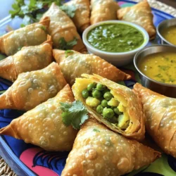 To make great vegetable samosas, you need a few key items. Here’s what you’ll need: - 2 cups all-purpose flour - 1/4 cup vegetable oil - 1/2 teaspoon salt - 6-8 tablespoons water (as needed) - 2 tablespoons oil (for filling) - 1 medium onion, finely chopped - 1 teaspoon ginger, grated - 2 green chilies, finely chopped (adjust to taste) - 2 medium potatoes, boiled and mashed - 1/2 cup green peas (fresh or frozen) - Fresh coriander leaves, chopped (for garnish) - Oil for deep-frying Spices make your samosas tasty and fragrant. Here are the spices you will use: - 1 teaspoon cumin seeds - 1 teaspoon garam masala - 1/2 teaspoon turmeric powder - Salt to taste These spices add warmth and depth to the filling. Adjust the spices based on your taste. You will need some basic items to cook the samosas: - A large mixing bowl - A frying pan - A rolling pin - A slotted spoon - Paper towels for draining Having the right tools makes cooking easier and more fun. Check that you have everything ready before you start. For the full recipe, you can follow the detailed steps to enjoy this crunchy and spicy treat! To start, mix the all-purpose flour, salt, and vegetable oil in a large bowl. Slowly add water, kneading it until you have a firm dough. Cover the dough with a damp cloth and let it rest for 30 minutes. This resting time helps the dough become easier to roll out later. Next, heat 2 tablespoons of oil in a pan over medium heat. Add the cumin seeds and wait for them to splutter. Then, toss in the chopped onion and cook until it turns golden brown. Stir in the grated ginger and green chilies, cooking for one more minute. Now, add the mashed potatoes, green peas, garam masala, turmeric, and salt. Mix everything and cook for 2-3 minutes. Once done, remove from heat and let it cool slightly. Don’t forget to garnish with fresh coriander leaves! Divide the rested dough into small balls, about 10-12 pieces. Roll each ball into a thin oval shape. Cut each oval in half to form two semi-circles. Take one semi-circle and create a cone by bringing the straight edges together. Seal the edge with a little water. Now, stuff the cone with your vegetable filling. Press the open edge firmly to seal. Heat oil in a deep frying pan over medium heat. Fry the samosas in batches, making sure not to overcrowd the pan. Cook them until they turn golden and crispy, about 5-7 minutes. Once they are ready, use a slotted spoon to remove them and place on paper towels to drain excess oil. Serve the samosas on a bright platter. Pair them with mint chutney and tamarind sauce for tasty dipping. A sprinkle of fresh coriander on top adds a nice touch. Enjoy your crunchy and flavorful vegetable samosas! You can find the full recipe for crunchy and spicy vegetable samosas in our recipe section. To make crispy samosas, use the right amount of water in your dough. A firmer dough helps hold its shape. Rest it for at least 30 minutes. This allows the gluten to relax. Roll the dough thin for a crispier shell. When you fry, ensure the oil is hot enough. If the oil is too cool, the samosas absorb more oil and become soggy. Fry them in small batches for even cooking. One common mistake is not sealing the samosas well. If they are not sealed, the filling leaks out during frying. Another mistake is overfilling them. This can also lead to leaks. Make sure to keep an eye on the heat while frying. If the oil is too hot, the outside cooks too fast, leaving the inside raw. Lastly, avoid using cold dough. Warm dough rolls out better and fries up crispier. Serve your samosas hot and crisp. A colorful platter makes them look even better. Pair them with mint chutney or tamarind sauce. These dips add a burst of flavor and freshness. You can also sprinkle some fresh coriander leaves on top for a touch of color. If you want a twist, try serving them with yogurt or a spicy salsa. For the full recipe, refer back to the earlier section. {{image_2}} You can easily make vegan vegetable samosas. Just swap the ghee for vegetable oil. This keeps the filling tasty and plant-based. Use mashed potatoes and peas as your base. You can add other veggies like carrots or corn for extra flavor. For gluten-free samosas, use rice flour or chickpea flour instead of all-purpose flour. These flours give a nice texture. Make sure to adjust the water amount as needed. The filling stays the same, so you can enjoy your favorite flavors without gluten. Vegetable samosas vary by region. In North India, they are spicy and filled with potatoes and peas. In East Africa, you might find them with lentils and spices like coriander. Each variant offers a unique taste experience. Experiment with different spices to find your favorite profile. Add nutmeg for warmth or lemon zest for brightness. Each twist can bring a new delight to your plate. To store uncooked samosas, place them on a tray. Make sure they do not touch. Cover them with plastic wrap. You can keep them in the fridge for up to 24 hours. For longer storage, freeze them. Place them in a freezer-safe bag or container. They can last for about a month in the freezer. Once cooked, let your samosas cool down. Place them on a plate lined with paper towels. This helps absorb extra oil. Store the cooled samosas in an airtight container. Keep them in the fridge for up to three days. If you want to keep them longer, freeze them. Place them in a freezer-safe bag, separating layers with parchment paper. To reheat cooked samosas, you have a few options. For the best texture, use an oven. Preheat your oven to 350°F (175°C). Place the samosas on a baking sheet and heat for about 10-15 minutes. If you prefer the microwave, heat them for about 30 seconds to 1 minute. Be careful, as the microwave may make them soft. Enjoy your samosas with your favorite dips! For the full recipe, check out the Crunchy & Spicy Vegetable Samosas. Vegetable samosas come from South Asia, mainly India. They grew popular in the Middle East and beyond. The dish dates back to the 10th century. Samosas were first made with meat, but vegetarian versions emerged later. Today, they are a favorite snack around the world. Yes, you can bake samosas! Baking is a healthier way to enjoy them. Preheat your oven to 400°F (200°C). Brush the samosas with oil and place them on a baking sheet. Bake for 25-30 minutes until golden brown. They may not be as crispy as fried ones, but they taste great. To make samosas spicier, add more green chilies to the filling. You can also include red chili powder or cayenne pepper. Adjust the spice to your taste. Remember to balance the heat with the other flavors in the filling. You can find the full recipe for crunchy and spicy vegetable samosas. Here are the key ingredients: - 2 cups all-purpose flour - 1/4 cup vegetable oil - 1/2 teaspoon salt - 6-8 tablespoons water (as needed) - 2 tablespoons oil (for filling) - 1 teaspoon cumin seeds - 1 medium onion, finely chopped - 1 teaspoon ginger, grated - 2 green chilies, finely chopped (adjust to taste) - 2 medium potatoes, boiled and mashed - 1/2 cup green peas (fresh or frozen) - 1 teaspoon garam masala - 1/2 teaspoon turmeric powder - Salt to taste - Fresh coriander leaves, chopped (for garnish) - Oil for deep-frying This recipe leads you to a delicious treat! In this guide, we covered everything about making vegetable samosas. We explored ingredients, key spices, and essential tools. I shared step-by-step instructions, from dough to frying. You also learned tips for crispiness and common mistakes to avoid. We discussed vegan and gluten-free options, plus storage tips. Samosas are fun and tasty to make. With practice, you’ll impress everyone with your skills. Dive in and enjoy the process!