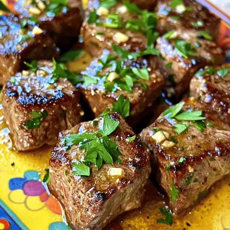 To make garlic butter steak bites, you need the following key items: - 1 pound sirloin steak, cut into bite-sized cubes - 4 tablespoons unsalted butter - 4 cloves garlic, minced - 1 tablespoon fresh rosemary, chopped - 1 tablespoon fresh thyme, chopped - Salt and pepper to taste - 1 tablespoon olive oil - ¼ teaspoon red pepper flakes (optional) - Fresh parsley, chopped for garnish These ingredients create a simple yet rich flavor that makes each bite special. The right seasonings enhance the taste of the steak. Salt and pepper are must-haves. They draw out the natural flavors of the meat. Fresh herbs like rosemary and thyme add a fragrant twist. You can also use red pepper flakes if you enjoy a little heat. They give a nice kick without overpowering the dish. Want to take your steak bites to the next level? Try these add-ins: - A splash of soy sauce for umami richness. - A squeeze of lemon juice for brightness. - Sautéed onions or mushrooms for extra texture. These options allow you to customize your dish and make it your own. Each add-in can bring a unique flavor and make your meal even more delicious! For the full recipe, check out the cooking instructions that follow. To start, you need to cut your sirloin steak into bite-sized cubes. Make sure they are uniform for even cooking. Pat the steak cubes dry with a paper towel. This step helps create a nice sear. Next, sprinkle salt and pepper on all sides. This adds great flavor. Now, set the seasoned steak aside while you prepare the skillet. Heat a large skillet over medium-high heat. Add olive oil once the pan is hot. When the oil shimmers, it’s time to add the steak bites. Lay them in a single layer to avoid steaming. Sear for 2-3 minutes without stirring. This builds a lovely crust. Flip the bites to sear the other side for another 2-3 minutes. For medium-rare, check the color; adjust cooking time if needed. Once done, transfer the steak bites to a plate. In the same skillet, lower the heat to medium. Add unsalted butter and let it melt. Stir in minced garlic, chopped rosemary, and thyme. If you like heat, add red pepper flakes. Cook for about one minute until the garlic smells amazing. Toss the steak bites back into the skillet. Mix them well with the garlic butter for 1-2 minutes. This step helps the flavors blend perfectly. Once cooked, take the skillet off the heat. Garnish your steak bites with fresh parsley for a pop of color. Serve these delicious bites on a vibrant platter. You can skewer them with toothpicks for easy eating. Drizzle some garlic butter sauce on top for extra flavor. Enjoy this tasty dish with friends or family! For the full recipe, refer to the earlier sections. To get a great sear, start with dry steak. Use a paper towel to pat your steak cubes. This helps form a nice crust. Heat your skillet until hot. Add the olive oil and let it shimmer. Place the steak bites in a single layer. Avoid crowding the pan; this keeps the heat high. Sear for 2-3 minutes without moving them. Flip and sear for another 2-3 minutes for medium-rare. This method gives you that tasty, crunchy edge. Cook your steak bites to the doneness you like. For rare, aim for 1-2 minutes less. For medium, keep with the 2-3 minutes on each side. If you want well-done steak, cook them longer. Always check the internal temperature if unsure. Use a meat thermometer for accuracy. Rare is around 125°F, medium is 135°F, and well-done is around 160°F. Knowing this helps you serve steak just the way you want it. Garlic and herbs make these steak bites shine. After removing the steak, lower the heat and add butter. Let it melt, then add minced garlic. Cook until fragrant, about 1 minute. Toss in chopped rosemary and thyme for a fresh twist. Red pepper flakes add a nice kick, too! Once the steak bites return to the pan, coat them well. This will soak in all those rich flavors. Serve your steak bites with fresh parsley on top. This adds a pop of color and taste. For the full recipe, check out the detailed steps above. {{image_2}} You can use different cuts of steak for garlic butter steak bites. Sirloin is great, but you might love ribeye for its richness. Flank steak can work too; just slice it thin. Tender cuts give a soft bite, while tougher cuts add flavor. Just remember to adjust cooking time based on the cut. If you want a vegetarian twist, try using mushrooms. Portobello mushrooms make great steak substitutes. Cut them into bite-sized pieces. Cauliflower florets also work well. Toss them in the garlic butter for a savory flavor. You can enjoy the same tasty garlic butter sauce with these options. You can change the flavors to match your taste. Adding a splash of soy sauce gives a nice umami kick. For heat, toss in more red pepper flakes or some sriracha. Want something sweet? Add a touch of honey to the butter. Herbs can also change the dish. Use fresh basil or cilantro for a fresh taste. These options make garlic butter steak bites fun and varied for everyone. To keep your garlic butter steak bites fresh, store them in an airtight container. Let them cool down first. This helps prevent steam from making them soggy. Place the container in the fridge. They will stay good for up to three days. When ready to eat, gently reheat the steak bites. Use a skillet over low heat. Add a little butter to keep them moist. Stir often to avoid burning. You can also use a microwave. Just cover them with a damp paper towel to keep them from drying out. Heat in short bursts, checking often. You can freeze garlic butter steak bites for longer storage. First, let them cool completely. Then, place them in a freezer-safe bag. Squeeze out as much air as possible. They can last up to three months in the freezer. To use, thaw them in the fridge overnight before reheating. For best taste, reheat them on the stove. You can tell if steak bites are done by checking their color. For medium-rare, the inside should be warm and pink. You can also use a meat thermometer. Aim for 130°F for medium-rare and 140°F for medium. If you like them well-done, go for 160°F. Remember, the steak will continue to cook a bit after you take it off the heat. Yes, you can prepare garlic butter steak bites ahead of time. Cook the steak bites as usual, then let them cool. Store them in an airtight container in the fridge. Reheat them in a skillet with a bit of butter for the best flavor. The garlic butter adds a lovely taste when warmed again. Garlic butter steak bites pair well with many sides. Here are some great options: - Mashed Potatoes: They soak up the garlic butter well. - Roasted Vegetables: Carrots, broccoli, or asparagus add color and nutrition. - Salad: A fresh green salad balances the richness of the steak. - Rice or Quinoa: These grains offer a good base for the steak bites. - Crusty Bread: Perfect for dipping into the garlic butter sauce. For more ideas, check out the Full Recipe for more serving suggestions! Garlic butter steak bites are easy to make and full of flavor. We covered the key ingredients, from steak cuts to seasonings. I shared a step-by-step guide to prepare and cook them just right. Tips for searing and achieving the right doneness help you get perfect results. You can also explore variations for different tastes, including vegetarian options. Finally, proper storage keeps leftovers fresh. Enjoy making garlic butter steak bites that impress!