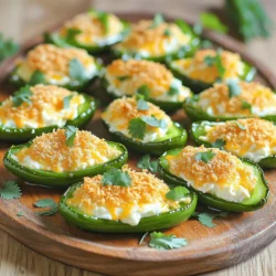 - 12 fresh jalapeño peppers - 8 oz cream cheese, softened - 1 cup shredded cheddar cheese - 2 cloves garlic, minced - 1 teaspoon smoked paprika - 1/2 teaspoon onion powder - 1/2 teaspoon salt - 1/4 teaspoon black pepper - 2 tablespoons chopped fresh cilantro (optional) - 1/2 cup breadcrumbs (preferably panko) - Olive oil for drizzling Baked jalapeño poppers need fresh ingredients for the best taste. You want to select firm, bright green jalapeños. Avoid any that have soft spots or wrinkles. Cream cheese gives the poppers a creamy texture. Shredded cheddar adds flavor and richness. For extra flavor, garlic, smoked paprika, and onion powder enhance the cheese mixture. Salt and black pepper bring everything together. Fresh cilantro can add a nice touch, but it’s optional. The topping is key for that crunch. Panko breadcrumbs work well because they are light and crispy. A drizzle of olive oil helps them brown nicely in the oven. For the full recipe, you can check the details and tips included. Enjoy making these tasty snacks! - First, preheat the oven to 400°F (200°C) and prepare a baking sheet. - Next, cut each jalapeño in half lengthwise and remove the seeds and membranes. This step is key. It helps control the heat. You can use a spoon or a small knife for this. - In a bowl, mix the softened cream cheese, shredded cheddar cheese, and spices. - Add minced garlic, smoked paprika, onion powder, salt, and black pepper. If you like, toss in chopped cilantro for fresh flavor. Make sure the mixture is well combined. - Use a small spoon or piping bag to fill each jalapeño half with the cheese mixture. - In another bowl, coat breadcrumbs with a drizzle of olive oil. Then sprinkle this mixture on top of the cheese-filled jalapeños. This adds a nice crunch. - Place the filled jalapeños on the prepared baking sheet and bake for 20-25 minutes. Look for bubbly cheese and golden brown breadcrumbs. Enjoy the wonderful aroma! This is how you make tasty baked jalapeño poppers. Check out the Full Recipe for more details and tips! To get that great crunch, I always use panko breadcrumbs. They give a light, crispy texture that regular breadcrumbs can’t match. Drizzle olive oil evenly over the breadcrumbs. This helps them brown nicely as they bake. If you want milder poppers, remove all the seeds and membranes from the jalapeños. This cuts down the heat. For those who love spice, add more spices or a splash of hot sauce to the cheese mix. You can always adjust to your taste! These poppers shine when paired with sour cream or guacamole. They cool the heat and add creaminess. Fresh cilantro makes a lovely garnish. It adds color and a fresh taste. For the full recipe, check out the recipe section above. {{image_2}} You can change the filling to make your jalapeño poppers even better. Instead of cheddar cheese, use pepper jack cheese. This cheese adds a nice kick. If you want a meaty popper, add cooked bacon or sausage. Both options make the dish hearty and tasty. Switch up your toppings for a fun twist! Try using goat cheese instead of cheddar. Goat cheese gives a creamy texture and tangy flavor. You can also add finely chopped veggies, like bell peppers or onions. This gives your poppers extra crunch and color. Pair your poppers with great dips for added flavor! Homemade ranch dressing is a classic choice. It’s cool and creamy. For a spicy kick, try sriracha or a spicy aioli. These sauces make every bite exciting. Check out the Full Recipe for more ideas! To keep your poppers fresh, place them in an airtight container. You can store them in the fridge for up to three days. If you want to save them longer, freeze the uncooked poppers. When you're ready to enjoy them, bake them straight from the freezer. To reheat your baked jalapeño poppers, I recommend using the oven. Set it to 350°F (175°C). This method helps keep them crispy. If you’re short on time, you can use the microwave. Just know that they might lose some of their crunch with this method. Total time is approximately 35 minutes, including prep. You’ll spend about 15 minutes getting everything ready. Then, you bake them for 20 to 25 minutes. This gives you time to prepare your favorite dips! Yes, prepare and freeze them before baking for convenient appetizers. Just fill the jalapeños, then place them in a freezer-safe container. When you’re ready to serve, bake them straight from the freezer. They will still taste fresh and yummy! Check the breadcrumbs to ensure they are gluten-free for dietary needs. Many brands offer gluten-free options. Always read the labels to be sure. This way, everyone can enjoy these tasty bites! Baked jalapeño poppers are easy and fun to make. You start with fresh jalapeños and fill them with a creamy cheese mix. Add spices and breadcrumbs for crunch. Don't forget your dips for serving! These tasty snacks are great for parties or movie nights. With endless filling options, you can create your own version. Enjoy making and sharing them with friends!