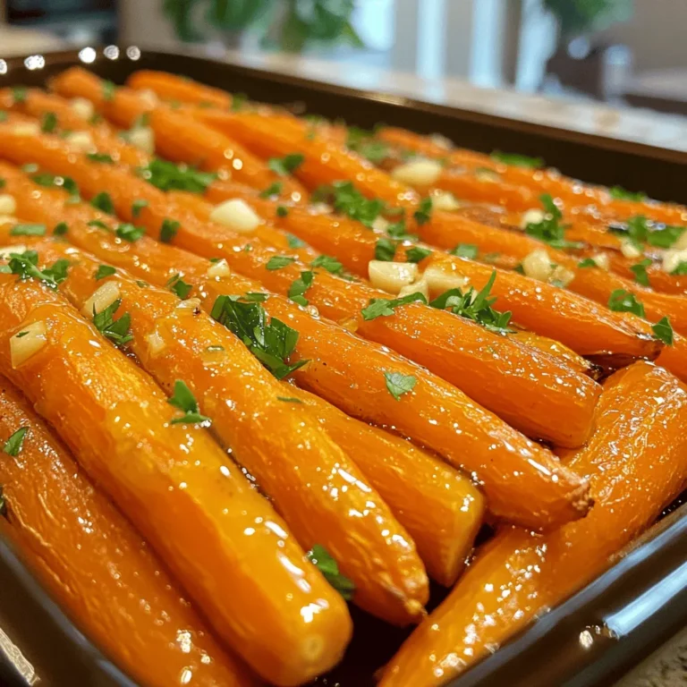 - 1 lb baby carrots (or large carrots cut into sticks) - 3 tablespoons honey - 2 tablespoons olive oil - 4 cloves garlic, minced - 1 teaspoon fresh thyme leaves (or ½ teaspoon dried thyme) - Salt and pepper to taste - Optional: Chopped parsley for garnish When I prepare honey garlic roasted carrots, I always choose fresh ingredients. The carrots should be bright and firm. Baby carrots are sweet and tender. If you use large carrots, cut them into sticks. Next, I love the rich flavor of honey. It adds sweetness that balances the garlic. Olive oil is key for roasting. It helps the carrots to brown nicely. I always use fresh garlic for the best taste. Minced garlic infuses the dish with a strong aroma. Fresh thyme adds an herbal note that brightens the flavors. Finally, seasoning with salt and pepper enhances everything. If you want, sprinkle chopped parsley on top for color. It makes the dish even more appealing. For the complete method, check the Full Recipe. First, heat your oven to 425°F (220°C). This high heat makes the carrots tender and sweet. Next, take a big mixing bowl. In it, whisk together 3 tablespoons of honey, 2 tablespoons of olive oil, 4 cloves of minced garlic, 1 teaspoon of fresh thyme, and a pinch of salt and pepper. This mix creates a tasty marinade that brings out the best in the carrots. Now, add 1 pound of baby carrots to the bowl. If you have large carrots, cut them into sticks first. Toss the carrots in the marinade until they are well-coated. Make sure every piece gets a good layer of that sweet and savory mix. This step is key for flavor! Line a baking sheet with parchment paper for easy cleanup. Spread the coated carrots evenly on the sheet in a single layer. Now, roast them in your heated oven for about 25 to 30 minutes. Remember to turn the carrots halfway through cooking. This helps them brown and caramelize nicely. When they are tender and golden, they are ready! You can find the full recipe for more details on timing and serving. To make the best honey garlic roasted carrots, start with fresh carrots. Look for carrots that feel firm. Avoid carrots that are soft or have dark spots. Baby carrots are sweet and easy to use. If you choose large carrots, cut them into even sticks. This helps them cook at the same rate. For caramelization, high heat is key. Roasting at 425°F (220°C) works well. Spread the carrots in a single layer on your baking sheet. This allows hot air to circulate around them. If your carrots are larger, cut them into smaller pieces. Adjust the cook time to about 35-40 minutes. Keep an eye on them as they roast to ensure they don’t burn. Garnishing makes your dish look beautiful. After roasting, sprinkle chopped parsley on top. It adds color and freshness. Serve the carrots on a bright plate to make them pop. Pair them with grilled chicken or fish for a nice meal. These tips will make your honey garlic roasted carrots shine on your table. For the full recipe, check the details above. {{image_2}} You can make honey garlic roasted carrots even better. Try adding spices like paprika or cumin. These spices add warmth and depth. You can also use citrus, like lemon or orange juice. This change brightens the dish and makes it zingy. Just a little zest goes a long way! If you want a different taste, use maple syrup instead of honey. Maple gives a unique sweetness that works well. Also, consider using different oils. Grapeseed or avocado oil can add their own flavors. This small swap can change the whole dish! Think about what to serve with your carrots. They pair well with proteins like chicken or fish. You can also add other side dishes, like rice or quinoa. For a special touch, create a honey garlic glaze for meats. This glaze brings all the flavors together. For the full recipe, check out the Sweet & Savory Honey Garlic Roasted Carrots. To keep your honey garlic roasted carrots fresh, store them in an airtight container. This helps keep them moist and tasty. Place them in the fridge as soon as they cool down. Roasted carrots last about 3 to 5 days in the fridge. When it’s time to enjoy leftovers, reheating is key. The best way is to use the oven. Preheat it to 350°F (175°C). Spread the carrots on a baking sheet and heat for about 10 minutes. This method keeps the texture nice and firm. You can also use a microwave. Just warm the carrots for 1-2 minutes. However, this may make them a bit soft. Yes, you can freeze honey garlic roasted carrots! This is great for meal prep. First, let the carrots cool completely. Then, place them in a freezer-safe bag or container. Try to remove as much air as possible to avoid freezer burn. They can last up to 3 months in the freezer. When you want to eat them, thaw them in the fridge overnight. Reheat as mentioned above to enjoy their sweet and savory flavors again. To make honey garlic roasted carrots vegan, swap honey for maple syrup. Maple syrup gives a sweet touch and works well with garlic. You can also use agave nectar as another option. This change keeps the flavor rich while making it plant-based. Yes, you can prepare the carrots ahead of time! Clean and cut them a day before. Store them in a sealed bag in the fridge. You can also mix the marinade and store it separately. When you are ready, toss the carrots in the marinade and roast them. This saves time and makes meal prep easier. These carrots pair well with many main dishes. Try serving them with roasted chicken or grilled salmon. They also go nicely with a quinoa salad or a creamy risotto. For a complete meal, add a fresh green salad on the side. For a detailed guide on making these delicious carrots, check out the [Sweet & Savory Honey Garlic Roasted Carrots](#). In this post, we explored how to make honey garlic roasted carrots. We covered ingredients, step-by-step instructions, tips, and variations. You can enhance your meal with these flavorful carrots. They are simple to prepare and make a great side dish. Remember to store leftovers properly. You can also freeze them for later. Enjoy experimenting with different flavors and ingredients. Your cooking will shine with this tasty recipe!