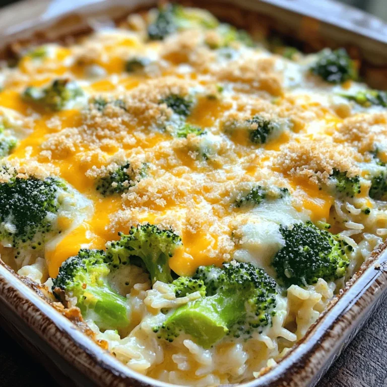 Cheesy Broccoli Rice Casserole is a warm, creamy dish. It blends rice, cheese, and broccoli into a tasty meal. You can serve it as a side or a main dish. The [Full Recipe] gives you all the details you need to create this comfort food classic. You will need the following key ingredients: - 2 cups cooked jasmine rice - 3 cups fresh broccoli florets - 1 ½ cups shredded sharp cheddar cheese - ½ cup cream cheese, softened - 1 cup sour cream - 1 cup vegetable broth - 1 cup shredded mozzarella cheese - 1 teaspoon garlic powder - 1 teaspoon onion powder - ½ teaspoon black pepper - ½ teaspoon salt These ingredients create a rich and cheesy flavor. The jasmine rice gives a lovely texture. Fresh broccoli adds a nice crunch and nutrition. The cream and cheese make it creamy and delicious. You can add these optional ingredients to make the dish your own: - ½ cup bread crumbs (for a crunchy topping) - 2 tablespoons olive oil (if using bread crumbs) The bread crumbs will add a crunchy layer on top. Olive oil helps them brown nicely. Feel free to explore and add your favorite herbs or spices as well! First, gather all your ingredients. You will need cooked jasmine rice, fresh broccoli, and cheeses. Here’s what to do: - Blanch 3 cups of broccoli florets in boiling water for 2-3 minutes. - Drain the broccoli and set it aside. - In a large bowl, mix 2 cups of cooked jasmine rice, ½ cup of softened cream cheese, and 1 cup of sour cream. - Add 1 teaspoon of garlic powder, 1 teaspoon of onion powder, ½ teaspoon of black pepper, and ½ teaspoon of salt. - Stir until the mixture is creamy and smooth. Next, fold in the blanched broccoli and half of the 1 ½ cups of sharp cheddar cheese. - Pour in 1 cup of vegetable broth slowly while stirring. - This keeps the mix moist but not soupy. - Transfer the mixture to a greased baking dish, spreading it evenly. Now it's time to bake! Here’s how: - Sprinkle the remaining sharp cheddar cheese and 1 cup of mozzarella cheese on top. - If you want a crunchy topping, mix ½ cup of bread crumbs with 2 tablespoons of olive oil. - Sprinkle this mix over the cheese layer. - Bake in your preheated oven at 350°F for 25-30 minutes. - Look for bubbly and golden cheese. - Once done, remove the dish and let it cool for a few minutes before serving. For the full experience, you can check the Full Recipe. Enjoy your delicious Cheesy Broccoli Rice Casserole! To make the best Cheesy Broccoli Rice Casserole, start with well-cooked rice. I recommend using jasmine rice for its aroma and texture. Rinse the rice first to remove excess starch. Use a 1:1.5 rice-to-water ratio. Bring the water to a boil, then add the rice. Cover and simmer on low heat for about 15 minutes. Let the rice rest after cooking. This step keeps it fluffy. Blanching broccoli keeps it bright and tender. First, bring water to a boil in a large pot. Add salt to enhance flavor and color. Once boiling, add the broccoli florets. Cook them for 2 to 3 minutes. You want them just tender but still crisp. After cooking, quickly transfer the florets to ice water. This stops the cooking process and locks in the vibrant green color. Choosing the right cheese makes a big difference. I use sharp cheddar for its bold taste. It melts beautifully and adds depth to the dish. Mixing in mozzarella gives a nice stretchy texture. For a twist, try adding a bit of pepper jack or gouda. The key is to use high-quality cheese. This will elevate your casserole and make it extra delicious. Don’t forget to check the Full Recipe for exact amounts! {{image_2}} You can easily change this dish to fit your needs. If you are vegan, swap out the cream cheese and sour cream for plant-based versions. Instead of cheese, use a vegan cheese that melts well. For a gluten-free option, choose gluten-free bread crumbs or skip them altogether. You can also use brown rice instead of jasmine rice for more fiber and nutrients. Want to boost the protein in your casserole? Consider adding cooked chicken, turkey, or even tofu. Shredded rotisserie chicken works great. You could also try canned chickpeas for a vegetarian twist. Mix in about one cup of your chosen protein into the rice and broccoli mixture for a heartier dish. To elevate the taste, try adding spices and herbs. A pinch of cayenne pepper gives it a kick. You could also add fresh herbs like thyme or parsley for a fresh flavor. For a smoky taste, mix in some smoked paprika. Experiment with flavors to find your favorite twist on this classic dish. For the full recipe, check the details above. After you enjoy your cheesy broccoli rice casserole, let it cool. Place leftovers in an airtight container. Store them in the fridge for up to three days. Make sure the lid is tight to keep the flavors fresh. If you have extra toppings, store them separately. To reheat, you have a few options. The best way is to use the oven. Preheat it to 350°F (175°C). Place the casserole in a baking dish and cover it with foil. Heat for about 15-20 minutes. You can also use the microwave. Just place a portion in a microwave-safe dish. Heat it for 1-2 minutes, stirring halfway through. Make sure it’s hot all the way through. If you want to save some for later, freezing works great. First, let the casserole cool completely. Then, cut it into portions. Wrap each piece tightly in plastic wrap. Place the wrapped portions in a freezer bag. Remove as much air as possible before sealing. You can freeze it for up to two months. When ready to eat, thaw it in the fridge overnight before reheating. This keeps the flavors intact and tasty. For the full recipe, check the earlier section. Yes, you can make Cheesy Broccoli Rice Casserole ahead of time. Prepare the dish, but do not bake it. Cover it well and store it in the fridge for up to 24 hours. When you are ready, just pop it into the oven. Baking time may need a few extra minutes since it is cold. You can use any rice you like! Long-grain white rice works well. Brown rice is a healthy option too. Quinoa can also be a fun choice for a twist. Just remember to cook it before adding to the mix. Yes, you can make Cheesy Broccoli Rice Casserole gluten-free. Use gluten-free breadcrumbs if you want a crunchy topping. Check the labels on the cream cheese and sour cream to ensure they contain no gluten. This way, everyone can enjoy the dish! This blog post explored how to make a Cheesy Broccoli Rice Casserole. We covered essential and optional ingredients for great flavor. The step-by-step instructions made it easy to prepare, cook, and bake. I shared tips for perfect rice, blanching broccoli, and cheese selection. You can also try variations for different diets or add protein for a boost. In conclusion, this dish is simple to make and fun to customize. Enjoy your cheesy creation!