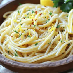 To make a delicious Spaghetti Aglio e Olio, you need simple, fresh ingredients. Here’s what you’ll need: - 400g spaghetti - 5 cloves garlic, thinly sliced - 1/2 cup extra virgin olive oil - 1/2 teaspoon red pepper flakes (adjust for heat preference) - Zest of 1 lemon - Juice of 1 lemon - 1/2 cup fresh parsley, chopped - Salt, to taste - Freshly grated Parmesan cheese (optional for serving) These ingredients create a dish that’s both simple and full of flavor. The garlic and olive oil blend beautifully, while the lemon adds a refreshing zing. Adjust the red pepper flakes to match your spice preference. This recipe is not just quick to make; it’s also a great way to impress guests with minimal effort. You can find the full recipe in the earlier section. Enjoy the cooking process! First, bring a large pot of salted water to a boil. The salt adds flavor to the pasta. Once the water is boiling, add 400g of spaghetti. Cook it according to the package instructions until it is al dente, which means it should be firm but not hard. This usually takes about 8 to 10 minutes. Reserve 1 cup of the pasta water before you drain the spaghetti. Next, heat 1/2 cup of extra virgin olive oil in a large skillet over medium heat. It’s important to use good-quality olive oil for the best flavor. Add 5 cloves of thinly sliced garlic to the skillet. Sauté the garlic for about 2 minutes. You want it to turn golden brown, but not burnt. Be careful, as burnt garlic can make the dish taste bitter. Now, it’s time to bring everything together. Add the drained spaghetti directly into the skillet with the garlic oil. Toss the spaghetti to coat it evenly. If the pasta looks dry, gradually add some of that reserved pasta water. This will help create a silky sauce. Next, squeeze in the juice of 1 lemon and add the zest. Finally, mix in 1/2 cup of chopped fresh parsley. Toss everything well and season with salt to taste. Enjoy this simple, flavorful dish! For the complete instructions, check the Full Recipe. To get the best garlic flavor, watch your heat. Use medium heat when you sauté garlic. This helps it cook evenly and turn golden. If you burn the garlic, it will taste bitter. Keep a close eye on it and stir often. For heat, adjust the red pepper flakes. If you like it spicy, add more. If you prefer less heat, use fewer flakes. Start with half a teaspoon and taste as you go. Using reserved pasta water is key. After draining the spaghetti, save a cup of that starchy water. When you mix the pasta with the garlic oil, add small amounts of this water. It helps the sauce stick to the pasta. To balance the lemon flavor, add the zest first. This adds a bright touch. Then squeeze the lemon juice in. Taste your dish and adjust as needed. You want it fresh, not too sour. Garnishing makes your dish pop. Use lemon wedges and a sprinkle of parsley. This adds color and makes it look fancy. When serving, add freshly grated Parmesan cheese on top. This cheese gives a creamy finish. It also brings a rich flavor that pairs well with the garlic and lemon. Enjoy your beautiful plate of Spaghetti Aglio e Olio! For the complete recipe, check the Full Recipe section. {{image_2}} You can add sautéed spinach or cherry tomatoes to your dish. This gives it bright colors and fresh flavors. The spinach adds a nice green touch. The tomatoes bring a sweet burst with each bite. To do this, sauté the vegetables before adding the garlic. They will cook quickly and add a healthy twist to your meal. Adding shrimp or chicken can make your spaghetti even better. Shrimp cooks fast and adds a nice seafood taste. Chicken adds heartiness and goes well with garlic flavors. Cook the shrimp or chicken first, then mix it with the spaghetti. This way, you get a complete meal in one dish. You can change the flavor by using fresh herbs like basil or oregano. Basil gives a sweet and aromatic touch. Oregano adds a warm and earthy flavor. Chop these herbs and toss them in before serving. This simple addition can elevate your dish and make it feel gourmet. For the full experience, check out the Full Recipe. To keep your Spaghetti Aglio e Olio fresh, store it in the fridge. Place the pasta in an airtight container. This helps prevent it from drying out. It will stay good for up to three days. When you want to reheat, use a skillet. Add a splash of olive oil to keep it moist. Heat it over low heat, stirring gently. This method keeps the garlic flavor strong. If you want to freeze your spaghetti, use freezer-safe containers. Make sure they seal well. You can also use freezer bags. Just remove as much air as possible. When you are ready to eat, take it out and thaw it in the fridge overnight. For reheating, warm it in a skillet. Add a bit of olive oil or pasta water to help. This keeps the meal tasty and fresh. Spaghetti Aglio e Olio is a simple Italian dish. It mainly uses spaghetti, garlic, and olive oil. The name means "spaghetti with garlic and oil." This dish comes from Naples, Italy. It is a favorite among many for its bold flavor and ease of preparation. The key is to cook the garlic until golden, then mix it with pasta. This dish is perfect for busy nights. Yes, you can make Spaghetti Aglio e Olio vegan! To do this, skip the Parmesan cheese. You can add nutritional yeast for a cheesy flavor without dairy. This keeps the dish rich and tasty. You can also use a bit more olive oil to balance the flavors. To make this dish gluten-free, choose gluten-free pasta. Many brands offer tasty gluten-free spaghetti made from rice or corn. Cook it just like regular pasta. The method stays the same, and the flavors still shine through. Enjoy your gluten-free Spaghetti Aglio e Olio without worry! This post covered Spaghetti Aglio e Olio from start to finish. We explored key ingredients, simple steps, and useful tips. I shared ideas to add veggies or protein, plus ways to store extras. Remember, this dish is flexible. You can tweak flavors to fit your taste. Whether you're a novice or a pro, enjoy making this classic. It's all about good food and fun cooking!