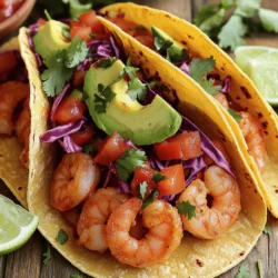 - 1 pound shrimp, peeled and deveined - 1 tablespoon olive oil - 1 teaspoon chili powder - 1 teaspoon cumin - 1 garlic clove, minced - 1 lime, juiced - 1/2 teaspoon salt - 1/4 teaspoon black pepper - 8 small corn tortillas - 1 cup shredded red cabbage - 1/2 cup diced tomatoes - 1 avocado, sliced - Fresh cilantro, chopped (for garnish) - Lime wedges (for serving) These ingredients work together to create bold and fresh flavors. The shrimp are the star. They soak up the spices and lime juice, giving them a zesty kick. The olive oil helps cook the shrimp evenly. Chili powder and cumin add warmth and depth. Garlic brings in a savory note that balances everything. The fresh toppings make every bite exciting. Shredded cabbage adds crunch, while tomatoes bring juiciness. Sliced avocado adds creaminess. Fresh cilantro gives a burst of flavor. Each component plays a role in making these tacos a delight. - Calories per serving: Approximately 300 - Macronutrient breakdown: - Protein: 25g - Fats: 15g - Carbohydrates: 30g This meal provides a good balance of protein and healthy fats. The carbs mainly come from the tortillas and veggies, making it a wholesome choice. - Servings: 4 - Prep Time: 15 minutes - Cook Time: 15 minutes You can have these tasty tacos ready in just 30 minutes. They are perfect for a fun dinner or a casual gathering. For the full recipe, check the earlier section. To marinate shrimp effectively, mix shrimp with olive oil, chili powder, cumin, garlic, lime juice, salt, and black pepper in a bowl. Coat the shrimp well. Marinate for about 15 minutes. This time lets the shrimp soak up all the great flavors. If you skip marinating, you miss out on a lot of taste. For perfect shrimp, heat a non-stick skillet over medium-high heat. This temperature is key. When the skillet is hot, add the shrimp in a single layer. Cook for about 2-3 minutes on each side. The shrimp should turn pink and opaque. Avoid crowding the pan; this helps them cook evenly. To assemble the tacos, first warm the corn tortillas in another pan or microwave. Then, place a few shrimp on each tortilla. Top with shredded red cabbage, diced tomatoes, and slices of avocado. For an extra kick, garnish with fresh cilantro and squeeze lime juice over the tacos. This step adds a burst of flavor and freshness. Don’t forget, you can find the full recipe for these zesty shrimp tacos in my guide! To make your shrimp tacos pop, consider adding some extra spices. Here are a few I love: - Smoked paprika: This gives a deep, smoky taste. - Cayenne pepper: A little heat goes a long way. - Oregano: This adds a fresh herb flavor. For sauces, you can't go wrong with a zesty lime crema. Mix sour cream, lime juice, and a pinch of salt for a creamy touch. You might also try a spicy salsa or a mango chutney to balance the shrimp's zest. Get that smoky flavor by grilling the shrimp. If you don't have a grill, use a cast-iron skillet. It holds heat well and gives a nice sear. To avoid overcooking shrimp, remove them from the heat as soon as they turn pink and opaque. This usually takes just 2-3 minutes per side. Keep an eye on them; shrimp can go from perfect to rubbery quickly. An attractive taco arrangement makes your dish shine. Stack the tortillas, then layer the shrimp and toppings neatly. For garnishes, fresh cilantro adds color and flavor. Lime wedges on the side let your guests add their own zing. You could also sprinkle a little feta or cotija cheese on top for extra flair. {{image_2}} You can switch things up by using fish or chicken instead of shrimp. Grilled white fish works great. It has a mild taste and absorbs flavors well. Chicken adds a different texture and flavor. Just marinate it like the shrimp. For a vegetarian or vegan option, try using grilled portobello mushrooms or marinated tofu. These options still give you a tasty taco experience. Toppings make your tacos special. You can explore a variety of toppings for more flavor. Try adding pico de gallo for a fresh twist. You can also use mango salsa for a sweet touch. If you like crunch, include radishes or jalapeños. They add a spicy kick. Don't forget about cheese! Cotija or queso fresco enhance the flavor. Adjusting the spice level is easy. If you want milder tacos, use less chili powder. Add more lime juice to brighten the flavors. For a bolder taste, try chipotle seasoning. It gives a smoky kick. You can also add Thai spices for an exciting twist. Use ingredients like fish sauce or lemongrass for a unique flavor profile. Experiment to find what you love best! For the complete recipe, check out the Full Recipe section. To keep your shrimp tacos fresh, store them in an airtight container. Place cooked shrimp and toppings separately to preserve texture. Use the following tips for best results: - Cooked shrimp: Store in the fridge for up to 3 days. - Tortillas: Keep them in a sealed bag for up to 5 days. - Toppings: Shredded cabbage and diced tomatoes last about 2 days in the fridge. When reheating shrimp, avoid microwaving them too long. This can make them tough. Instead, follow these steps: - Skillet method: Heat a non-stick skillet over medium heat. Add shrimp for about 2 minutes until warm. - Tortilla method: Reheat tortillas in a pan or microwave. Use a damp paper towel to keep them soft. Can you freeze shrimp tacos? Yes, but with a few steps: - Shrimp: Freeze cooked shrimp in a sealed bag for up to 3 months. - Tortillas and toppings: Freeze separately. Toppings like cabbage and tomatoes may not freeze well. To thaw, place shrimp in the fridge overnight. Reheat gently and enjoy your tacos again! For the full recipe, check out the details above. To reduce spice levels, start by cutting back on chili powder. You can also use sweet paprika instead. Another option is to skip the cumin, which adds a warm flavor. If you want heat, serve mild salsa on the side. This way, each person can choose how much spice they want. Yes, you can use frozen shrimp for these tacos. Just remember to thaw them first. The best way is to leave them in the fridge overnight. If you're short on time, place them in a bowl of cold water for about 15 minutes. Once they are thawed, peel and devein them before cooking. Great sides for shrimp tacos include: - Mexican rice - Black beans - Grilled corn salad These sides add flavor and texture. For drinks, I suggest serving limeade or a light beer. They balance the shrimp's zestiness perfectly. If you prefer non-alcoholic options, try a refreshing iced tea with mint. For the full recipe, check the beginning of this article. This blog post covered all you need to know for delicious shrimp tacos. We discussed essential ingredients, nutritional facts, and detailed cooking steps. I shared tips to enhance flavor and suggested variations for every taste. You learned how to store and reheat leftovers efficiently. Finally, I answered common questions about spice levels and sides. Enjoying shrimp tacos is simple, tasty, and fun. Now, gather your ingredients and start cooking! You’ll impress everyone with this great dish.