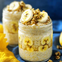 - 1 cup rolled oats - 1 ripe banana, mashed - 1 tablespoon maple syrup (optional) - 1 cup almond milk (or any milk of your choice) - 1 teaspoon vanilla extract - 1 teaspoon ground cinnamon - 1 tablespoon chia seeds - Pinch of salt - ¼ cup chopped walnuts (or pecans) - Slices of banana and additional walnuts for topping Banana bread overnight oats are both tasty and healthy. You just need a few simple ingredients to create this delightful breakfast. Start with rolled oats. They give the base a hearty texture. Next, add a ripe banana. The banana not only adds sweetness but also makes the oats creamy. If you want a bit more sweetness, you can use maple syrup. It’s optional but great. For the liquid, I like almond milk. You can use any milk that you prefer. It helps to blend all the flavors together. Now for the flavor enhancers! Vanilla extract adds a warm touch. Ground cinnamon brings that cozy banana bread flavor to life. Chia seeds add fiber and a nice crunch. A pinch of salt balances the sweetness. Finally, let’s talk toppings. Chopped walnuts or pecans add a nice crunch. Plus, some banana slices make it look pretty and tasty. You can find the full recipe [here]. Enjoy this simple and healthy breakfast! - In a medium bowl, combine 1 cup rolled oats, 1 ripe banana (mashed), and 1 tablespoon maple syrup, if you want a touch of sweetness. Mix well until the banana is evenly spread. - Next, add 1 cup almond milk, 1 teaspoon vanilla extract, 1 teaspoon ground cinnamon, 1 tablespoon chia seeds, and a pinch of salt. Stir until everything is well mixed. - Now, gently fold in ¼ cup chopped walnuts. This adds a nice crunch. - Divide the mixture into two jars or containers with tight lids. Cover them and place them in the refrigerator overnight. - In the morning, take the jars out of the fridge. If the oats look too thick, add a splash of almond milk for your desired creaminess. - Top with banana slices and extra walnuts before serving. Enjoy your Banana Bread Overnight Oats! For the full recipe, click here. To get the best texture, adjust the almond milk based on your taste. If you want creamier oats, add more milk. For thicker oats, use less. Letting the mixture sit overnight helps the oats absorb all the flavors. This step is key for a tasty breakfast. Don't be afraid to mix things up! You can try different nuts or seeds. Chopped almonds or sunflower seeds work great. You can also add chocolate chips for a sweet twist. Dried fruits like raisins or cranberries add a nice touch too. Be creative! For a yummy breakfast, pair your oats with yogurt. A drizzle of honey makes it even better. You can also enjoy them with fresh fruit. Slices of strawberries or blueberries add color and flavor. These toppings make your meal more fun and tasty! For the complete recipe, check out the [Full Recipe]. {{image_2}} If you want a vegan twist, here are some easy swaps. - Skip the maple syrup for an unsweetened version. - Replace almond milk with oat milk. These small changes keep it plant-based and still tasty. You can enjoy the same creamy texture without losing flavor. Feel free to mix in a bit of nut butter for extra richness. Want to boost the protein? Here’s how: - Add Greek yogurt for extra protein. - Include protein powder in the mixture. This version helps you start the day strong. Greek yogurt gives a creamy texture and a protein punch. Just mix it in with the other ingredients. It makes your breakfast more filling and satisfying. You can switch up the flavor easily! Try these ideas: - Substitute mashed banana with applesauce for apple cinnamon oats. - Use pumpkin puree for a seasonal twist. These variations keep breakfast exciting. Applesauce gives a cozy apple flavor, while pumpkin adds warmth and spice. Each option makes your overnight oats unique and fun to eat. Try them out and see what you like best! Store your Banana Bread Overnight Oats in airtight containers. This keeps them fresh and tasty. I find that they are best eaten within 3 to 5 days. The flavors mix well over time, but they won't last forever. You can freeze these oats for longer storage. Just divide them into single servings and seal them tightly. When you want to eat them, thaw in the fridge overnight. Stir well before serving. This helps bring back their creamy texture. To warm them up, use the microwave. Add a splash of almond milk for moisture. You can enjoy your oats cold or warm, depending on your mood. Both ways taste great! Generally, they last for up to 5 days when stored properly. To keep them fresh, use airtight containers. You can also check for any changes in smell or texture before eating. Yes, you can prepare them up to 5 days in advance. This makes them a great option for busy mornings. Just make sure to store them in the fridge. Grab a jar and enjoy a quick, healthy breakfast. Steel-cut oats will require significantly more soaking time and may alter the texture. They are chewier and take longer to soften. If you prefer the texture of rolled oats, stick with them for this recipe. In this post, we covered how to make Banana Bread Overnight Oats with simple ingredients. You learned about the main components, flavor enhancers, and how to store them. I also shared tips for great texture and fun variations. Try different nuts, fruits, or sweeteners to make this recipe your own. These oats are an easy way to enjoy a healthy breakfast. Experiment with flavors and discover your favorite combination!