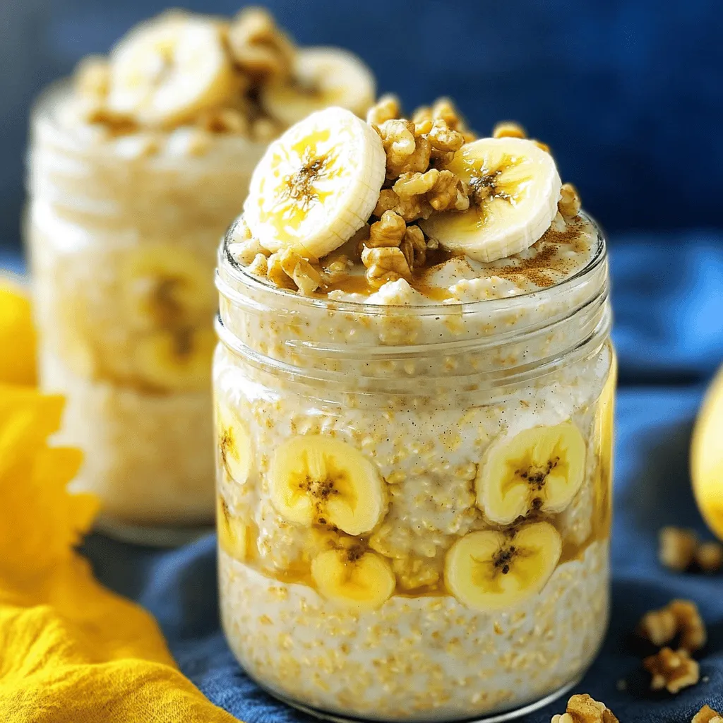 - 1 cup rolled oats - 1 ripe banana, mashed - 1 tablespoon maple syrup (optional) - 1 cup almond milk (or any milk of your choice) - 1 teaspoon vanilla extract - 1 teaspoon ground cinnamon - 1 tablespoon chia seeds - Pinch of salt - ¼ cup chopped walnuts (or pecans) - Slices of banana and additional walnuts for topping Banana bread overnight oats are both tasty and healthy. You just need a few simple ingredients to create this delightful breakfast. Start with rolled oats. They give the base a hearty texture. Next, add a ripe banana. The banana not only adds sweetness but also makes the oats creamy. If you want a bit more sweetness, you can use maple syrup. It’s optional but great. For the liquid, I like almond milk. You can use any milk that you prefer. It helps to blend all the flavors together. Now for the flavor enhancers! Vanilla extract adds a warm touch. Ground cinnamon brings that cozy banana bread flavor to life. Chia seeds add fiber and a nice crunch. A pinch of salt balances the sweetness. Finally, let’s talk toppings. Chopped walnuts or pecans add a nice crunch. Plus, some banana slices make it look pretty and tasty. You can find the full recipe [here]. Enjoy this simple and healthy breakfast! - In a medium bowl, combine 1 cup rolled oats, 1 ripe banana (mashed), and 1 tablespoon maple syrup, if you want a touch of sweetness. Mix well until the banana is evenly spread. - Next, add 1 cup almond milk, 1 teaspoon vanilla extract, 1 teaspoon ground cinnamon, 1 tablespoon chia seeds, and a pinch of salt. Stir until everything is well mixed. - Now, gently fold in ¼ cup chopped walnuts. This adds a nice crunch. - Divide the mixture into two jars or containers with tight lids. Cover them and place them in the refrigerator overnight. - In the morning, take the jars out of the fridge. If the oats look too thick, add a splash of almond milk for your desired creaminess. - Top with banana slices and extra walnuts before serving. Enjoy your Banana Bread Overnight Oats! For the full recipe, click here. To get the best texture, adjust the almond milk based on your taste. If you want creamier oats, add more milk. For thicker oats, use less. Letting the mixture sit overnight helps the oats absorb all the flavors. This step is key for a tasty breakfast. Don't be afraid to mix things up! You can try different nuts or seeds. Chopped almonds or sunflower seeds work great. You can also add chocolate chips for a sweet twist. Dried fruits like raisins or cranberries add a nice touch too. Be creative! For a yummy breakfast, pair your oats with yogurt. A drizzle of honey makes it even better. You can also enjoy them with fresh fruit. Slices of strawberries or blueberries add color and flavor. These toppings make your meal more fun and tasty! For the complete recipe, check out the [Full Recipe]. {{image_2}} If you want a vegan twist, here are some easy swaps. - Skip the maple syrup for an unsweetened version. - Replace almond milk with oat milk. These small changes keep it plant-based and still tasty. You can enjoy the same creamy texture without losing flavor. Feel free to mix in a bit of nut butter for extra richness. Want to boost the protein? Here’s how: - Add Greek yogurt for extra protein. - Include protein powder in the mixture. This version helps you start the day strong. Greek yogurt gives a creamy texture and a protein punch. Just mix it in with the other ingredients. It makes your breakfast more filling and satisfying. You can switch up the flavor easily! Try these ideas: - Substitute mashed banana with applesauce for apple cinnamon oats. - Use pumpkin puree for a seasonal twist. These variations keep breakfast exciting. Applesauce gives a cozy apple flavor, while pumpkin adds warmth and spice. Each option makes your overnight oats unique and fun to eat. Try them out and see what you like best! Store your Banana Bread Overnight Oats in airtight containers. This keeps them fresh and tasty. I find that they are best eaten within 3 to 5 days. The flavors mix well over time, but they won't last forever. You can freeze these oats for longer storage. Just divide them into single servings and seal them tightly. When you want to eat them, thaw in the fridge overnight. Stir well before serving. This helps bring back their creamy texture. To warm them up, use the microwave. Add a splash of almond milk for moisture. You can enjoy your oats cold or warm, depending on your mood. Both ways taste great! Generally, they last for up to 5 days when stored properly. To keep them fresh, use airtight containers. You can also check for any changes in smell or texture before eating. Yes, you can prepare them up to 5 days in advance. This makes them a great option for busy mornings. Just make sure to store them in the fridge. Grab a jar and enjoy a quick, healthy breakfast. Steel-cut oats will require significantly more soaking time and may alter the texture. They are chewier and take longer to soften. If you prefer the texture of rolled oats, stick with them for this recipe. In this post, we covered how to make Banana Bread Overnight Oats with simple ingredients. You learned about the main components, flavor enhancers, and how to store them. I also shared tips for great texture and fun variations. Try different nuts, fruits, or sweeteners to make this recipe your own. These oats are an easy way to enjoy a healthy breakfast. Experiment with flavors and discover your favorite combination!