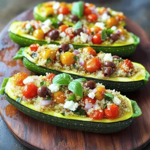 Zesty Mediterranean Stuffed Zucchini Boats - 4 medium zucchini - 1 cup cherry tomatoes, diced - 1 cup cooked quinoa - 1/2 cup feta cheese, crumbled - 1/4 cup Kalamata olives, pitted and chopped - 1/4 cup red onion, finely chopped - 2 cloves garlic, minced - 1 teaspoon dried oregano - 1 teaspoon smoked paprika - 2 tablespoons olive oil - Salt and pepper to taste - Fresh basil leaves for garnish Zucchini is the star of this dish. It has a mild taste and a nice crunch. You scoop it out to make room for the filling. This gives it a boat shape that is fun to eat. Quinoa is a great choice for stuffing. It is high in protein and keeps you full. It also has a nutty flavor that pairs well with veggies. For vegetables, I love using cherry tomatoes and red onion. They add sweetness and nice texture. The Kalamata olives bring a briny taste that makes this dish pop. For seasonings, I use garlic, oregano, and smoked paprika. These give the filling a rich, warm flavor. Olive oil keeps everything moist and tasty. When you mix all these ingredients, you get a healthy meal that is full of flavor. Each bite is a treat! Prepping the Zucchini Start by washing the zucchini well. Cut each zucchini in half lengthwise. Use a spoon to scoop out the seeds. This makes room for the filling. Place the zucchini halves on a baking sheet, cut-side up. Sautéing the Filling In a skillet, heat olive oil over medium heat. Add the chopped red onion and minced garlic. Cook until the onion is soft, about 3-4 minutes. Then, add diced cherry tomatoes, Kalamata olives, dried oregano, and smoked paprika. Stir and cook for another 3-5 minutes. This helps the flavors blend together. Combining Ingredients In a large bowl, mix the cooked quinoa with the sautéed veggies. Add crumbled feta cheese. Season with salt and pepper to taste. Stir well until everything is combined. Filling the Zucchini Boats Spoon the quinoa mixture into each zucchini half. Press down slightly to pack the filling in. Make sure to fill them generously. Cooking Time & Temperature Preheat your oven to 375°F (190°C). Bake the stuffed zucchini boats for 25-30 minutes. They should be tender and slightly golden on top. Garnish with fresh basil leaves before serving for a pop of color. For the full recipe, check the above section. - Achieving the Perfect Texture To get soft yet firm zucchini, bake them just right. You want them tender but not mushy. Bake for 25-30 minutes. Check for doneness with a fork. It should slide in easily but not fall apart. - Flavor Enhancements Add a splash of lemon juice before serving. This brightens the dish and adds a fresh zing. You can also mix in herbs like parsley or dill for a flavor boost. Experiment with spices to suit your taste. - Plating Ideas Place the stuffed zucchini boats on a colorful platter. Arrange them in a line for a neat look. Drizzle a bit of olive oil over the top for shine. This adds a gourmet touch to your meal. - Garnishing Suggestions Use fresh basil leaves for a pop of color. Crumble extra feta on top for added flavor and texture. A sprinkle of chili flakes can add a bit of heat for those who like it spicy. {{image_2}} Mediterranean Twist For a Mediterranean flavor, use fresh herbs and spices. Add fresh parsley and dill for more zest. Consider replacing feta with goat cheese for a creamy touch. You can also use sun-dried tomatoes for extra flavor and color. This will make your stuffed zucchini boats even more vibrant and delicious. Other Cheese Options You can switch up the cheese in this recipe. Try mozzarella for a milder taste. Parmesan adds a nice salty flavor. Vegan cheese can work too, if you're avoiding dairy. Each cheese brings a unique twist, allowing you to explore new tastes. Vegan Alternatives If you want a vegan version, skip the cheese. You can use nutritional yeast for a cheesy flavor. Replace quinoa with lentils for added protein. Make sure to add more veggies to keep it filling. This way, you keep all the flavor while sticking to your diet. Low-Carb Substitutes For a low-carb meal, swap quinoa with cauliflower rice. This will keep the dish light and healthy. You can also skip the olives if you want fewer carbs. Use more veggies like bell peppers or spinach for texture and taste. These swaps help you stay on track without losing flavor. For the complete recipe, check out the Full Recipe section! How to Store Leftovers After enjoying your stuffed zucchini boats, let them cool down. Place the leftovers in an airtight container. This keeps them fresh and tasty. You can also wrap them in plastic wrap or foil if you don’t have a container. Shelf Life Stored properly, your stuffed zucchini boats will last about 3 to 4 days in the fridge. Make sure to check for any signs of spoilage before eating. If they look or smell off, it’s best to toss them. Freezing Instructions You can freeze stuffed zucchini boats for later. First, let them cool completely. Wrap each boat in plastic wrap or foil. Place them in a freezer-safe bag or container to prevent freezer burn. They can last up to 2 months in the freezer. Reheating Tips To reheat, take the frozen zucchini boats out and let them thaw overnight in the fridge. You can warm them in the oven at 350°F (175°C) for about 20-25 minutes. This keeps them moist and tasty. For a quick option, use the microwave, but be careful not to overcook them. Enjoy your meal again with great flavor! How do I know when zucchini boats are cooked? You can tell when zucchini boats are cooked by checking their texture. The zucchini should be tender but not mushy. A fork should easily pierce the zucchini. Look for a slight browning on the tops for that perfect finish. Can I prepare stuffed zucchini boats in advance? Yes, you can prepare stuffed zucchini boats in advance. You can make the filling and stuff the zucchini a day ahead. Just store them in the fridge until you're ready to bake. This saves time and makes for an easy dinner option. What can I use as a stuffing alternative? If you want to change up the stuffing, you have many options. You can use rice, lentils, or even ground meat. For a vegan option, try using mushrooms or beans. Get creative and mix in your favorite flavors! For a full recipe, check out the Zesty Mediterranean Stuffed Zucchini Boats. This blog post covered how to make stuffed zucchini boats. We talked about the main ingredients, like zucchini and quinoa, and how to prep them. You learned step-by-step instructions for cooking and baking. I shared tips for the best texture and flavor, plus ideas for plating. We also explored variations for different diets. Finally, I provided storage tips to keep leftovers fresh. Enjoy making this dish your own with the ideas and tips shared. Happy cooking!