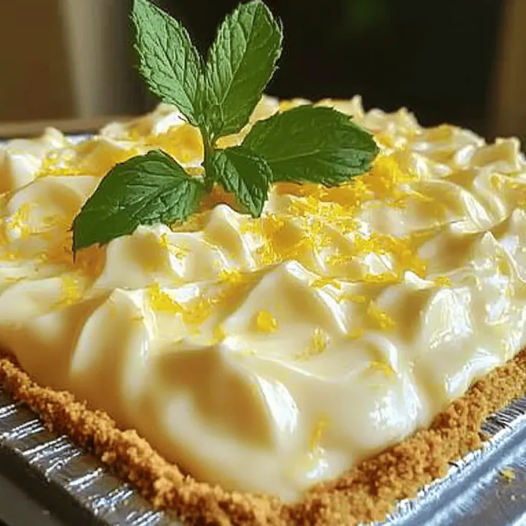 - 1 ½ cups graham cracker crumbs - ⅓ cup granulated sugar - ½ cup unsalted butter, melted - 1 cup sweetened condensed milk - ½ cup freshly squeezed lemon juice - 2 tablespoons lemon zest - 1 cup heavy whipping cream - ¼ cup powdered sugar - Fresh mint leaves for garnish (optional) To make the No Bake Lemon Icebox Pie, you need simple and fresh ingredients. Each ingredient plays a key role in creating that zesty flavor and creamy texture. 1. Graham cracker crumbs create a sweet and crunchy crust. They also balance the tart lemon filling. 2. Granulated sugar adds sweetness. It helps to enhance the flavors of the pie. 3. Unsalted butter gives the crust a rich taste and holds it together. 4. Sweetened condensed milk adds creaminess. It also serves as the base for the filling. 5. Freshly squeezed lemon juice provides the bright, tangy flavor. It makes the pie refreshing. 6. Lemon zest adds a burst of citrus aroma. It enhances the lemon flavor without adding extra liquid. 7. Heavy whipping cream gives the filling a light, airy texture. It makes every bite feel indulgent. 8. Powdered sugar sweetens the whipped cream. It ensures a smooth texture. 9. Fresh mint leaves are optional for garnish. They add color and freshness to the pie. - Mixing bowls - Electric mixer - Pie pan Gathering the right tools makes the process easier. Use mixing bowls for combining ingredients. An electric mixer helps whip the cream quickly. A pie pan is essential for shaping and serving the pie. With these tools, you will create a stunning dessert that impresses everyone! - Combine 1 ½ cups of graham cracker crumbs and ⅓ cup of granulated sugar in a medium bowl. - Mix in ½ cup of melted butter until the mixture looks like wet sand. - Press this crumb mixture into a 9-inch pie pan evenly. - Place the crust in the refrigerator to firm up while you make the filling. - In another bowl, whisk together 1 cup of sweetened condensed milk, ½ cup of freshly squeezed lemon juice, and 2 tablespoons of lemon zest. - Mix until everything is well combined and slightly thickened. - In a separate bowl, whip 1 cup of heavy cream with ¼ cup of powdered sugar. Keep whipping until stiff peaks form. - Gently fold the lemon mixture into the whipped cream. Be careful not to deflate the cream. - Pour the lemon filling into the prepared graham cracker crust. Spread it evenly across the crust. - Cover the pie with plastic wrap and refrigerate it for at least 4 hours. Overnight is best for a perfect set. For the complete steps and detailed guidance, refer to the Full Recipe. To get a great crust, press it firmly into the pie pan. This gives it more stability. When you press, make sure it covers the bottom and sides evenly. After that, chill the crust in the fridge before adding the filling. This step helps it hold its shape better. To keep your filling light, avoid deflating the whipped cream when you fold it in. Use a gentle touch and fold carefully. This keeps the mix fluffy. Once combined, chill the pie fully for the best results. It helps the filling set perfectly. You can adjust the lemon juice to make it more or less tangy. If you want a richer taste, add a bit of vanilla extract. This small change can really boost the flavor of your pie. Feel free to experiment and find your perfect balance. For the full recipe, check out the details above. {{image_2}} You can switch up the crust for your No Bake Lemon Icebox Pie. Here are some ideas: - Use digestive biscuits for a different taste and texture. - An Oreo crust adds a rich chocolate flavor. - For a gluten-free option, try using almond flour to make a crust. Simply mix it with melted butter and press it into your pie pan. If you want to change the flavor of your pie, consider these options: - Swap out lemon juice for lime juice. This gives a fresh twist to your pie. - Add berries into the filling. Blueberries, raspberries, or strawberries add color and flavor. Toppings can make your pie even more special. Here are some ideas to consider: - Use whipped cream or meringue on top for a creamy finish. - Fresh fruit or edible flowers can add beauty to your pie. They make it look fancy and inviting. These variations let you create a unique dessert every time. Enjoy the process of making it your own! For the full recipe, check out the details above. To keep your No Bake Lemon Icebox Pie fresh, store it in the refrigerator. It’s best to use an airtight container if the pie is not covered. This keeps it safe from other odors and helps maintain its flavor. If you cover the pie with plastic wrap, make sure it’s sealed well. You can freeze this pie if you have leftovers. To freeze, wrap the pie tightly with plastic wrap. Then, place it in a freezer-safe container. The pie can be frozen for about three months. When you want to enjoy it, thaw it in the fridge overnight. This way, it stays creamy and delicious. In the fridge, No Bake Lemon Icebox Pie lasts about five days. Look for signs of spoilage like an off smell or discoloration. If the crust looks soggy or the filling is watery, it’s best to toss it. Always check before serving to ensure it’s still good. Yes, you can make this pie a day in advance. In fact, it tastes even better when chilled overnight. The flavors meld together, and the filling sets perfectly. Just cover it well with plastic wrap to keep it fresh. This makes it a great option for parties or family gatherings. To slice the pie, use a sharp knife dipped in warm water. This helps the knife glide through the filling smoothly. For serving, place each slice on a plate and add a mint leaf on top. It adds a nice touch and makes it look fancy. Yes, you can. Here are some common substitutions: - Use coconut cream instead of heavy cream for a dairy-free option. - Swap sweetened condensed milk with a dairy-free version or a homemade mix. - If you don’t have graham crackers, use crushed cookies or gluten-free alternatives like almond flour. This pie has roots in the Southern United States. It became popular in the mid-20th century. The no-bake style made it easy for home cooks to whip up a refreshing dessert without heating the kitchen. It’s a classic summer treat that many families enjoy. A regular lemon pie usually has a baked crust and a cooked filling. In contrast, an icebox pie has a cold filling and a no-bake crust. This gives the icebox pie a lighter, creamier texture. The chilling process allows the flavors to shine without the need for baking. This blog post covered how to make a No Bake Lemon Icebox Pie. You learned about the base ingredients, step-by-step instructions, and tips for success. Remember to chill the crust and filling for the best results. You can customize flavors or try different crusts, too. Proper storage extends the pie’s life, whether in the fridge or freezer. Now it’s time for you to enjoy this delicious treat with friends and family! Your lemon pie adventure awaits!