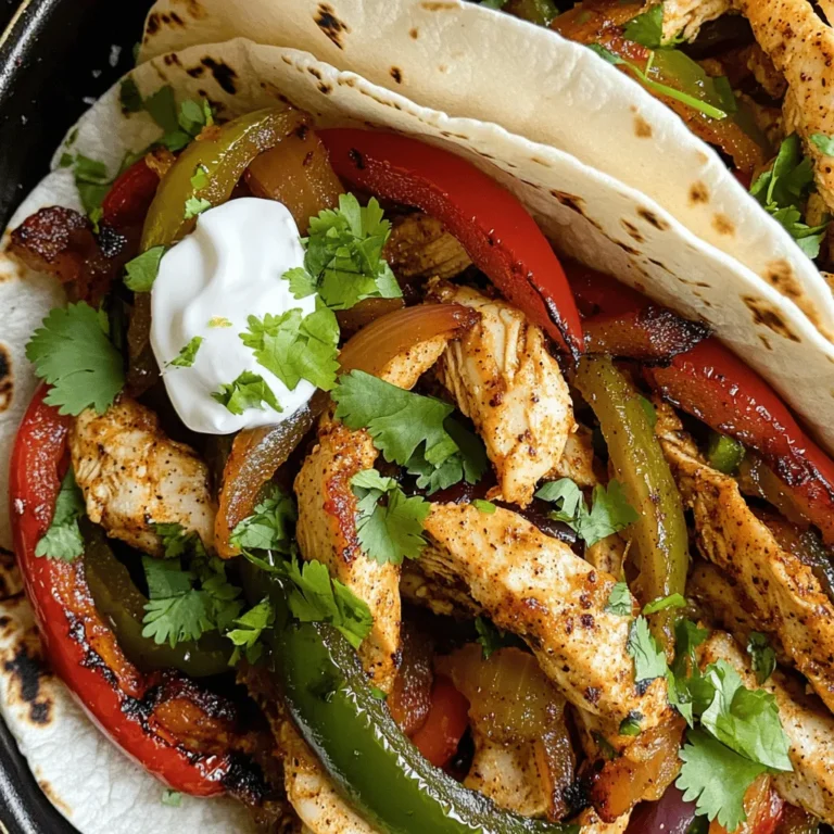 To make easy chicken fajitas, gather these main ingredients: - 2 boneless, skinless chicken breasts, sliced into thin strips - 1 red bell pepper, sliced - 1 green bell pepper, sliced - 1 medium onion, sliced - 3 cloves garlic, minced - 2 tablespoons olive oil - 1 teaspoon chili powder - 1 teaspoon cumin - 1 teaspoon smoked paprika - Salt and pepper to taste - Juice of 1 lime - Flour tortillas, for serving - Fresh cilantro, chopped, for garnish - Sour cream and salsa, for serving (optional) For extra flavor and fun, consider these add-ons: - Avocado slices or guacamole add creaminess. - Jalapeños bring heat for spice lovers. - Shredded cheese like cheddar or Monterey Jack can add richness. - Fresh lime wedges enhance a zesty taste. - Corn or black beans boost nutrition and texture. If you don't have an ingredient, try these substitutions: - Chicken thighs work well instead of chicken breasts. - You can use any color bell pepper for variety. - Red onion can replace yellow or white onion. - Olive oil can be swapped with vegetable or canola oil. - For a dairy-free option, skip sour cream and use a plant-based alternative. This recipe is flexible and allows for creativity in the kitchen. You can check the Full Recipe for more details. First, take your sliced chicken and place it in a large bowl. Add minced garlic, olive oil, chili powder, cumin, smoked paprika, lime juice, salt, and pepper. Mix well until the chicken is fully coated. This step is key for flavor. Let it marinate for at least 15 minutes. If you have time, letting it sit for up to 2 hours will deepen the taste. Next, heat a large skillet over medium-high heat. Once it’s hot, add the marinated chicken. Cook it for about 5 to 7 minutes. Stir occasionally to ensure even cooking. You want the chicken to reach 165°F or 75°C. This ensures it is safe to eat and juicy. Once the chicken is cooked, add the sliced bell peppers and onion to the skillet. Sauté these for another 5 to 7 minutes. You want the veggies to be tender but still crisp. This adds nice texture and color to your dish. After that, taste and adjust seasoning with more salt and pepper if needed. Then, serve your sizzling chicken and veggies in warm flour tortillas. Feel free to top with cilantro, sour cream, and salsa if you like. For the full recipe, check out the details above. Marinating adds great flavor to chicken fajitas. Use a mix of olive oil, lime juice, and spices. I suggest marinating for at least 15 minutes. For the best taste, let it sit for up to 2 hours. The longer you marinate, the more flavor the chicken will absorb. Heat your skillet before adding chicken. A hot skillet gives a nice sear. Cook the chicken for 5-7 minutes until it's fully cooked. Stir occasionally to ensure even cooking. Then, add the sliced bell peppers and onion. Sauté them for another 5-7 minutes until they are tender-crisp. To avoid dry chicken, check its temperature. Use a meat thermometer to ensure it reaches 165°F (75°C). Remove the chicken from the heat as soon as it’s cooked. Letting it rest for a few minutes helps keep it juicy. Keep an eye on the skillet to prevent burning. Follow these tips, and you’ll enjoy juicy, tender fajitas every time! {{image_2}} If you want a meat-free meal, try using veggies. You can swap chicken for portobello mushrooms. They have a rich, earthy flavor. Use bell peppers, zucchini, and corn for a colorful mix. Season these with the same spices as the chicken. This way, you keep that great fajita taste without the meat. Cook the veggies until they are tender, about 5-7 minutes. Wrap them in tortillas with your favorite toppings. To heat things up, add more spice! Start with a dash of cayenne pepper. You can also try diced jalapeños for fresh heat. Mix these into the chicken marinade. If you like smoky flavors, add chipotle powder as well. Cook the chicken just like in the full recipe, ensuring it reaches 165°F (75°C). Serve with spicy salsa and a squeeze of lime for extra zest. For a fresh twist, use citrus fruits! Squeeze in some orange juice with the lime juice in the marinade. This adds a sweet and tangy flavor. You can also toss in some orange slices while cooking. They caramelize nicely and add a unique taste. Serve these fajitas with a sprinkle of lime zest for an aromatic finish. Enjoy the bright flavors in every bite! If you have leftover chicken fajitas, store them in an airtight container. Make sure to let them cool down first. Place them in the fridge for up to three days. This keeps the chicken and veggies fresh. If you want to keep them longer, consider freezing. To reheat your fajitas, use a skillet for the best results. Heat the skillet over medium heat. Add a touch of olive oil to keep things moist. Cook the fajitas for about five minutes, stirring often. This helps them warm up evenly and stay tasty. You can also use a microwave. Just cover the dish and heat in short bursts, stirring in between. Freezing chicken fajitas is easy and great for meal prep. Put the cooled fajitas in a freezer-safe bag. Squeeze out as much air as possible. This helps prevent freezer burn. You can freeze them for up to three months. When you're ready to eat, thaw them in the fridge overnight. Then, reheat as mentioned above. This way, you can enjoy a quick meal anytime! For the full recipe, check the previous section. Yes, you can use chicken thighs. Chicken thighs have more fat, making them juicy. They also add a richer flavor to your fajitas. Just slice them thinly, like the breasts. Cook them the same way, and you will enjoy a tasty meal. Great sides for chicken fajitas include: - Mexican rice - Refried beans - Guacamole - Corn salad - Chips and salsa These sides add color and flavor. They also make your meal more filling. You can mix and match based on your taste. To make fajitas ahead of time, you can prep the chicken and veggies. Marinate the chicken and keep it in the fridge. Slice the bell peppers and onion, too. Store them in a separate container. Cook everything when you are ready to eat. This way, you save time and still enjoy fresh fajitas. Check the Full Recipe for more details. In this post, I covered how to make delicious chicken fajitas. We looked at ingredients, step-by-step cooking, and helpful tips. Remember, marinating chicken makes it tasty, and sautéing veggies adds flavor. You can explore variations like spicy or vegetarian options, and storage tips help keep leftovers fresh. Fajitas are versatile and fun to make, perfect for any meal. Enjoy trying new flavors and impressing friends with your skills.