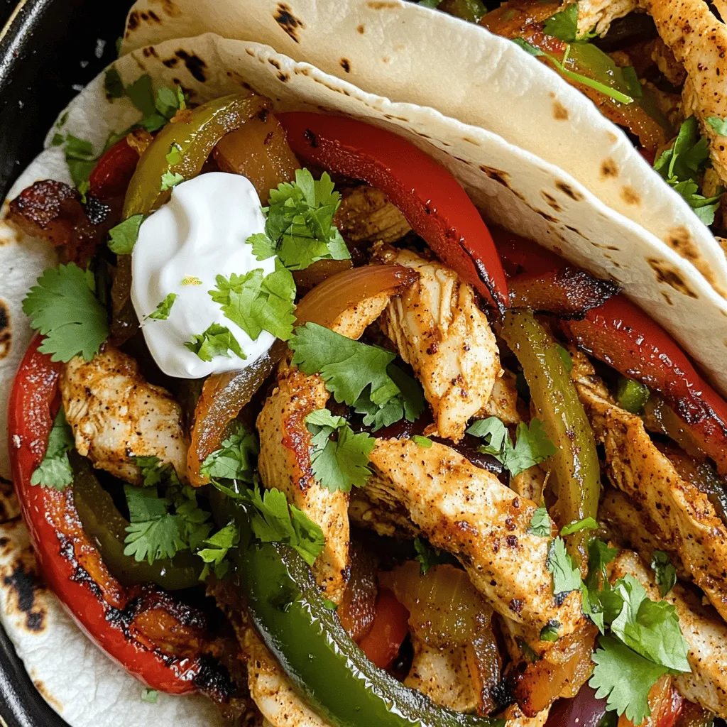 To make easy chicken fajitas, gather these main ingredients: - 2 boneless, skinless chicken breasts, sliced into thin strips - 1 red bell pepper, sliced - 1 green bell pepper, sliced - 1 medium onion, sliced - 3 cloves garlic, minced - 2 tablespoons olive oil - 1 teaspoon chili powder - 1 teaspoon cumin - 1 teaspoon smoked paprika - Salt and pepper to taste - Juice of 1 lime - Flour tortillas, for serving - Fresh cilantro, chopped, for garnish - Sour cream and salsa, for serving (optional) For extra flavor and fun, consider these add-ons: - Avocado slices or guacamole add creaminess. - Jalapeños bring heat for spice lovers. - Shredded cheese like cheddar or Monterey Jack can add richness. - Fresh lime wedges enhance a zesty taste. - Corn or black beans boost nutrition and texture. If you don't have an ingredient, try these substitutions: - Chicken thighs work well instead of chicken breasts. - You can use any color bell pepper for variety. - Red onion can replace yellow or white onion. - Olive oil can be swapped with vegetable or canola oil. - For a dairy-free option, skip sour cream and use a plant-based alternative. This recipe is flexible and allows for creativity in the kitchen. You can check the Full Recipe for more details. First, take your sliced chicken and place it in a large bowl. Add minced garlic, olive oil, chili powder, cumin, smoked paprika, lime juice, salt, and pepper. Mix well until the chicken is fully coated. This step is key for flavor. Let it marinate for at least 15 minutes. If you have time, letting it sit for up to 2 hours will deepen the taste. Next, heat a large skillet over medium-high heat. Once it’s hot, add the marinated chicken. Cook it for about 5 to 7 minutes. Stir occasionally to ensure even cooking. You want the chicken to reach 165°F or 75°C. This ensures it is safe to eat and juicy. Once the chicken is cooked, add the sliced bell peppers and onion to the skillet. Sauté these for another 5 to 7 minutes. You want the veggies to be tender but still crisp. This adds nice texture and color to your dish. After that, taste and adjust seasoning with more salt and pepper if needed. Then, serve your sizzling chicken and veggies in warm flour tortillas. Feel free to top with cilantro, sour cream, and salsa if you like. For the full recipe, check out the details above. Marinating adds great flavor to chicken fajitas. Use a mix of olive oil, lime juice, and spices. I suggest marinating for at least 15 minutes. For the best taste, let it sit for up to 2 hours. The longer you marinate, the more flavor the chicken will absorb. Heat your skillet before adding chicken. A hot skillet gives a nice sear. Cook the chicken for 5-7 minutes until it's fully cooked. Stir occasionally to ensure even cooking. Then, add the sliced bell peppers and onion. Sauté them for another 5-7 minutes until they are tender-crisp. To avoid dry chicken, check its temperature. Use a meat thermometer to ensure it reaches 165°F (75°C). Remove the chicken from the heat as soon as it’s cooked. Letting it rest for a few minutes helps keep it juicy. Keep an eye on the skillet to prevent burning. Follow these tips, and you’ll enjoy juicy, tender fajitas every time! {{image_2}} If you want a meat-free meal, try using veggies. You can swap chicken for portobello mushrooms. They have a rich, earthy flavor. Use bell peppers, zucchini, and corn for a colorful mix. Season these with the same spices as the chicken. This way, you keep that great fajita taste without the meat. Cook the veggies until they are tender, about 5-7 minutes. Wrap them in tortillas with your favorite toppings. To heat things up, add more spice! Start with a dash of cayenne pepper. You can also try diced jalapeños for fresh heat. Mix these into the chicken marinade. If you like smoky flavors, add chipotle powder as well. Cook the chicken just like in the full recipe, ensuring it reaches 165°F (75°C). Serve with spicy salsa and a squeeze of lime for extra zest. For a fresh twist, use citrus fruits! Squeeze in some orange juice with the lime juice in the marinade. This adds a sweet and tangy flavor. You can also toss in some orange slices while cooking. They caramelize nicely and add a unique taste. Serve these fajitas with a sprinkle of lime zest for an aromatic finish. Enjoy the bright flavors in every bite! If you have leftover chicken fajitas, store them in an airtight container. Make sure to let them cool down first. Place them in the fridge for up to three days. This keeps the chicken and veggies fresh. If you want to keep them longer, consider freezing. To reheat your fajitas, use a skillet for the best results. Heat the skillet over medium heat. Add a touch of olive oil to keep things moist. Cook the fajitas for about five minutes, stirring often. This helps them warm up evenly and stay tasty. You can also use a microwave. Just cover the dish and heat in short bursts, stirring in between. Freezing chicken fajitas is easy and great for meal prep. Put the cooled fajitas in a freezer-safe bag. Squeeze out as much air as possible. This helps prevent freezer burn. You can freeze them for up to three months. When you're ready to eat, thaw them in the fridge overnight. Then, reheat as mentioned above. This way, you can enjoy a quick meal anytime! For the full recipe, check the previous section. Yes, you can use chicken thighs. Chicken thighs have more fat, making them juicy. They also add a richer flavor to your fajitas. Just slice them thinly, like the breasts. Cook them the same way, and you will enjoy a tasty meal. Great sides for chicken fajitas include: - Mexican rice - Refried beans - Guacamole - Corn salad - Chips and salsa These sides add color and flavor. They also make your meal more filling. You can mix and match based on your taste. To make fajitas ahead of time, you can prep the chicken and veggies. Marinate the chicken and keep it in the fridge. Slice the bell peppers and onion, too. Store them in a separate container. Cook everything when you are ready to eat. This way, you save time and still enjoy fresh fajitas. Check the Full Recipe for more details. In this post, I covered how to make delicious chicken fajitas. We looked at ingredients, step-by-step cooking, and helpful tips. Remember, marinating chicken makes it tasty, and sautéing veggies adds flavor. You can explore variations like spicy or vegetarian options, and storage tips help keep leftovers fresh. Fajitas are versatile and fun to make, perfect for any meal. Enjoy trying new flavors and impressing friends with your skills.
