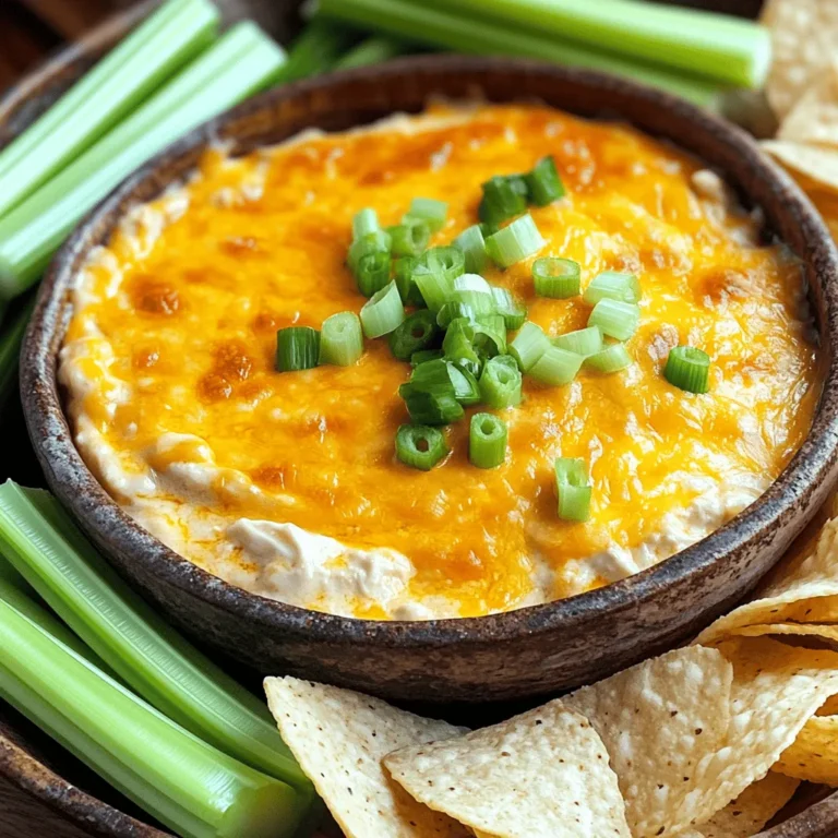 To make buffalo chicken dip, gather these key items: - 2 cups shredded cooked chicken - 1 package (8 oz) cream cheese, softened - 1 cup shredded sharp cheddar cheese - 1 cup buffalo sauce (adjust to taste) - 1/2 cup ranch dressing - 1/4 cup green onions, diced (plus extra for garnish) - Tortilla chips or celery sticks for serving I often choose specific brands for great taste. For cream cheese, I like Philadelphia. It blends well and adds creaminess. For buffalo sauce, Frank’s RedHot is a popular choice. It has the right heat and flavor. I prefer Hidden Valley for ranch dressing. It brings a nice balance to the dip. Using quality ingredients makes a real difference. If you need to swap ingredients, no problem! You can use rotisserie chicken instead of cooked chicken. It saves time and still tastes great. If you want a lighter dip, try Greek yogurt instead of cream cheese. You can also use blue cheese dressing instead of ranch for a stronger flavor. Lastly, for a spicy kick, add jalapeños or a dash of cayenne pepper. These swaps keep the dip tasty and fun! For the full recipe, check out the Buffalo Bliss Chicken Dip. Start by preheating your oven to 350°F (175°C). Next, grab a mixing bowl. Add the softened cream cheese and buffalo sauce. Use a hand mixer or a spatula to mix until creamy. It should be smooth without lumps. Now, add the shredded chicken, ranch dressing, and half of the cheddar cheese. Stir everything together well. Once mixed, transfer the blend to a baking dish. Spread it out evenly with a spatula. Next, sprinkle the rest of the cheddar cheese and diced green onions on top. Place the dish in the oven. Bake for 20-25 minutes. The dip should be bubbly and the cheese a little golden. When done, take it out and let it cool for a few minutes. Serve the buffalo chicken dip warm. Garnish with extra green onions on top. Place it beside a bowl of crispy tortilla chips or crunchy celery sticks. This makes for a fun and tasty dipping experience. For the full recipe, check out the section above for all details. When making buffalo chicken dip, avoid these common errors: - Over-mixing the cream cheese: This can make the dip too runny. - Not using enough chicken: You want a hearty dip, so use two cups. - Skipping the baking step: Baking gives the dip that warm, cheesy goodness. - Using low-quality buffalo sauce: A good sauce makes a big difference in flavor. - Not garnishing: A sprinkle of green onions adds color and taste. You can easily prepare buffalo chicken dip in advance. Here’s how: - Mix the ingredients: Follow the recipe but stop before baking. - Store in the fridge: Place the dip in an airtight container. - Bake before serving: When ready, bake it for 20-25 minutes at 350°F. This way, you can enjoy the dip without the last-minute rush! Buffalo chicken dip is versatile and fun to serve. Here are some ideas: - Serve with tortilla chips: They add crunch and are easy to dip. - Use celery sticks: They provide a fresh, cool contrast to the spicy dip. - Offer pita bread: This brings a soft texture that pairs well with the dip. - Add veggie sticks: Carrots or bell peppers work great too. For the best experience, serve the dip warm. You can find the full recipe for buffalo chicken dip above! {{image_2}} Want to turn up the heat? Use extra buffalo sauce or add diced jalapeños. You can also mix in a few dashes of hot sauce. This gives your dip a fiery kick. Serve with crunchy tortilla chips or crispy veggies for balance. Your guests will love the extra spice! Craving a meat-free version? Swap the chicken for shredded jackfruit or chickpeas. Use a plant-based cream cheese to keep it creamy. Add smoked paprika for a touch of flavor. This dip stays rich and satisfying. Serve it with pita chips or fresh veggie sticks. For a cheesier twist, double the cheese! Mix in a variety of cheeses like mozzarella or pepper jack. You can also sprinkle some on top before baking for a gooey finish. This dip is perfect for cheese lovers. Pair it with crunchy bread or crispy crackers for an indulgent treat. Try out these variations to find your favorite twist on this classic Buffalo chicken dip! For the original recipe, check out the Full Recipe link. After your party, let the buffalo chicken dip cool down. Place it in an airtight container. This keeps it fresh. Store it in the fridge for up to three days. Make sure to cover it well. This way, it won’t dry out or absorb other smells in the fridge. You can freeze buffalo chicken dip for later use. First, let it cool completely. Then, transfer it to a freezer-safe container. Leave a little space at the top, as it may expand. Seal it tightly and label it. It will stay good for about two months. When you’re ready, just thaw it in the fridge overnight. To reheat your dip, first, take it out of the fridge or freezer. If it’s frozen, let it thaw in the fridge. Preheat your oven to 350°F (175°C). Place the dip in an oven-safe dish. Cover it with foil to keep it moist. Heat it for about 20-25 minutes. Check to see if it’s hot and bubbly. You can also microwave it in short bursts. Stir it every minute until it’s warm. Enjoy that creamy goodness again! Yes, rotisserie chicken works great for buffalo chicken dip. It saves time and adds flavor. Just shred the chicken and mix it in. This shortcut makes it easy to whip up this delicious dip. Buffalo chicken dip can be left out for about two hours. After that, harmful bacteria can grow. If your party lasts longer, keep it warm in a slow cooker. This way, it stays tasty and safe to eat. You can serve buffalo chicken dip with: - Tortilla chips - Celery sticks - Carrot sticks - Pita chips - Crackers These options add crunch and help balance the creaminess of the dip. Yes, you can prepare buffalo chicken dip a day before. Just mix all the ingredients and store it in the fridge. When you're ready to serve, bake it as instructed in the Full Recipe. This saves time and keeps the fun going. Yes, buffalo chicken dip can be frozen. Just make sure to store it in an airtight container. Thaw it overnight in the fridge before baking. This way, you can enjoy it later without much hassle. This blog post covered everything you need for buffalo chicken dip. We listed key ingredients, brands, and substitutes. You learned simple steps for prep, baking, and presentation. I shared tips to avoid common mistakes and ideas for serving. We explored fun variations like spicy and vegetarian options. Lastly, I explained how to store leftovers and answered common questions. I hope this guide helps you make and enjoy buffalo chicken dip. Dive in and savor every bite!