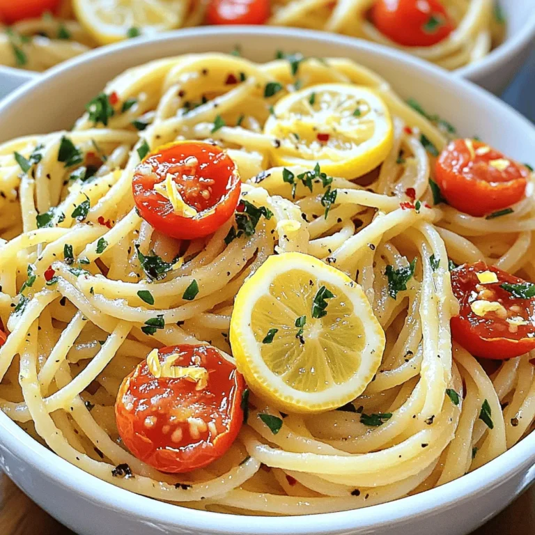 To make One-Pot Lemon Garlic Pasta, gather these ingredients: - 12 oz spaghetti - 4 cups vegetable broth - 4 cloves garlic, minced - 1 medium onion, finely chopped - 1 lemon (zest and juice) - 1 cup cherry tomatoes, halved - 1/2 cup fresh parsley, chopped - 1/2 teaspoon red pepper flakes (optional) - Salt and pepper to taste - 2 tablespoons olive oil - Grated Parmesan cheese for serving (optional) You can swap ingredients if needed. Here are some ideas: - Use penne or fettuccine instead of spaghetti. - Swap vegetable broth for chicken broth for a richer taste. - If you don't have fresh parsley, use basil or spinach. - For a creamier dish, add a splash of cream or cashew milk. - If you want a kick, use crushed red pepper or fresh chili instead of red pepper flakes. Choose your ingredients wisely for the best flavor. Here are some tips: - Look for firm, bright cherry tomatoes without blemishes. - Pick lemons that feel heavy for their size; they’re juicier. - Choose garlic that is firm and has no green shoots; it’s fresher. - When buying parsley, look for vibrant green leaves with no wilting. - For onions, select those that are firm and dry without soft spots. These simple steps help you create a delicious meal with fresh flavors! For the full recipe, check out the [Full Recipe]. To start, gather all your ingredients. This makes cooking easier. You will need spaghetti, vegetable broth, garlic, onion, lemon, cherry tomatoes, parsley, and olive oil. Get your salt, pepper, and red pepper flakes ready too. 1. Heat the olive oil in a large pot over medium heat. 2. Add the chopped onion and cook for 3-4 minutes. The onion should turn soft and clear. 3. Next, add the minced garlic. Stir it for about 1-2 minutes. Be careful not to let it burn. 4. Now, add the spaghetti, vegetable broth, red pepper flakes, lemon zest, salt, and pepper. Bring everything to a boil. 5. Once it boils, lower the heat. Cover the pot and let it simmer for 10-12 minutes. Stir occasionally. The spaghetti should be al dente. 6. Add the halved cherry tomatoes and lemon juice. Cover the pot and let it sit for 2-3 minutes. The tomatoes will soften up. 7. Finally, take it off the heat and mix in the chopped parsley. Taste and adjust the salt and pepper if needed. 8. Serve hot and sprinkle grated Parmesan cheese on top if you like. You will know the pasta is done when it feels firm but tender. The liquid should mostly be absorbed, leaving a nice sauce. The tomatoes will be soft, and the dish should smell great. Enjoy your meal! For the full recipe, check the earlier section. To boost the taste of your One-Pot Lemon Garlic Pasta, use fresh herbs. Fresh parsley adds a bright note. You can also add basil or thyme for more depth. Don’t skip the lemon zest! It gives a punch of flavor. If you like heat, add more red pepper flakes. For a richer taste, use vegetable broth instead of water. A splash of white wine can also elevate the dish. Finally, finish with a drizzle of high-quality olive oil. One common mistake is overcooking the pasta. Always check it a minute before the time is up. Remember, it will continue to cook off the heat. Another mistake is not seasoning enough. Taste and adjust the salt and pepper. Skipping the lemon juice will dull the flavor. Lastly, don’t forget to stir. Stirring helps the pasta cook evenly and prevents sticking. You need a large skillet or pot to make this dish. A wooden spoon helps mix the ingredients well. Use a microplane or zester for the lemon zest. A good knife is key for chopping garlic and onion. For serving, have shallow bowls ready. They show off the pasta nicely. If you want, use a cheese grater for the Parmesan cheese. These tools will make cooking easier and more fun. For the full recipe, check out the One-Pot Lemon Garlic Pasta. {{image_2}} You can easily add protein to your One-Pot Lemon Garlic Pasta. Chicken is a great choice. Simply cut it into small pieces and cook it with the onions. Shrimp works well too. Toss in some shrimp during the last few minutes of cooking. For a hearty dish, add cooked sausage or even chickpeas for a plant-based option. Each adds flavor and makes the meal more filling. If you want a vegetarian version, skip the meat and focus on veggies. You can add spinach, zucchini, or bell peppers. These veggies blend well with the lemon and garlic. You can also use mushrooms for a rich taste. Just sauté them with the onions. They will soak up all the lovely flavors. To boost the flavor, think about adding spices. Fresh herbs like basil or thyme can brighten the dish. A dash of cayenne pepper adds heat without overpowering. For a fun twist, try a splash of soy sauce or balsamic vinegar. These give a unique depth to the pasta. Always taste and adjust to your liking. You want each bite to burst with flavor! For the complete process, don’t forget to check the Full Recipe! Store your leftover One-Pot Lemon Garlic Pasta in an airtight container. Let it cool first. Once cooled, seal the container and place it in the fridge. This pasta dish can stay fresh for up to three days. When you're ready to enjoy your leftovers, use a pot or microwave. If using a pot, add a splash of vegetable broth or water. Heat it on low, stirring often. If using a microwave, heat in short bursts. Stir it every 30 seconds until hot. To freeze One-Pot Lemon Garlic Pasta, let it cool completely first. Then, pack it tightly in freezer-safe bags or containers. Remove any air before sealing. This dish can freeze well for about two months. When ready to eat, thaw it in the fridge overnight before reheating. For best flavor, consume it sooner rather than later. Yes, you can use other pasta types. Penne, fusilli, or fettuccine work well. Just keep an eye on the cooking time. Each pasta varies slightly, so check package instructions. You want it al dente, which means firm but not hard. This ensures every bite stays tasty. To change the spice level, add more or less red pepper flakes. For mild pasta, skip the flakes. If you love heat, double the amount! You can also add black pepper for a different spice. Taste as you cook. This way, you find the perfect balance for your meal. Many side dishes pair well with this pasta. A simple green salad brings freshness. Garlic bread adds a nice crunch and flavor. Roasted vegetables like zucchini or bell peppers complement the dish well. You can even serve a light soup as a starter. The options are endless! Check out the Full Recipe for more ideas. In this blog post, we explored important ingredients and their substitutions. I shared tips for selecting fresh items and provided clear steps for cooking. You learned how to enhance flavors and avoid common mistakes. Variations included protein options and vegetarian alternatives, plus storage strategies for leftovers. Always remember, cooking should be fun and creative. Use these tips to make your dishes shine and enjoy every bite!