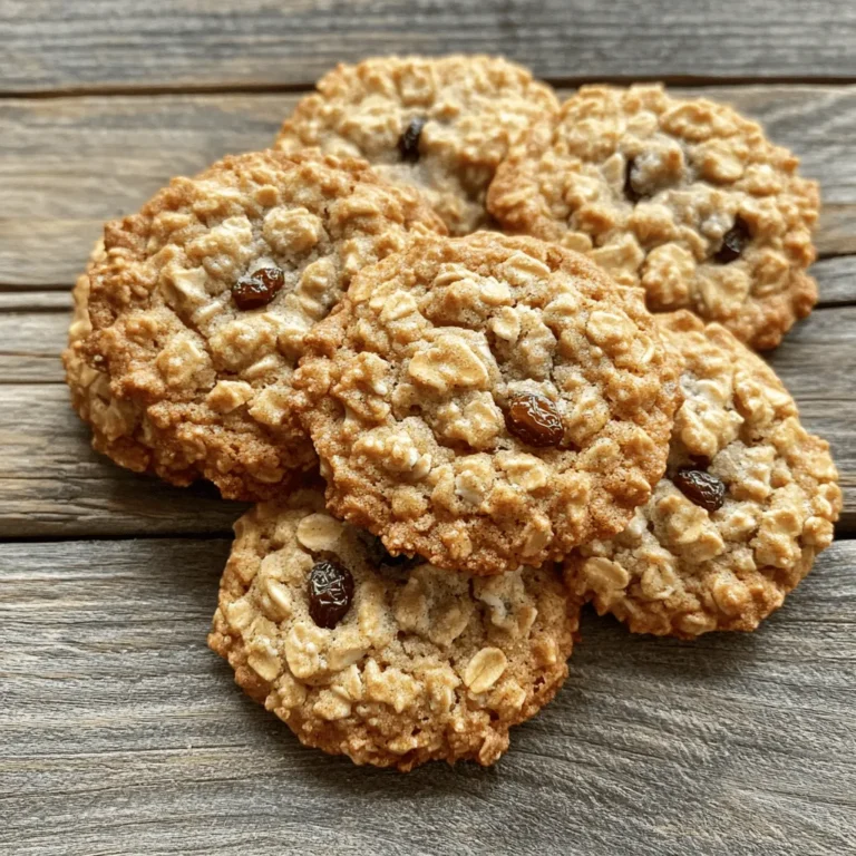 To make chewy oatmeal raisin cookies, gather these ingredients: - 1 cup unsalted butter, softened - 1 cup packed brown sugar - 1/2 cup granulated sugar - 2 large eggs - 1 teaspoon vanilla extract - 1 1/2 cups all-purpose flour - 1 teaspoon baking soda - 1 teaspoon cinnamon - 1/2 teaspoon salt - 3 cups old-fashioned oats - 1 cup raisins - 1/2 cup chopped walnuts (optional) Each ingredient plays a key role. The butter adds richness. Brown sugar gives moisture and flavor. Eggs bind everything together. Oats add texture and chewiness. You can swap some ingredients if needed. For a dairy-free version, use coconut oil instead of butter. If you want a lower sugar option, try using coconut sugar instead of brown sugar. Applesauce can replace eggs for a vegan cookie. Also, you can replace raisins with chocolate chips for a twist. Choosing quality brands makes a difference. For butter, look for brands like Kerrygold or Land O'Lakes. For oats, Bob's Red Mill offers great old-fashioned oats. When it comes to flour, King Arthur Baking Company is highly trusted. For sugar, Domino and C&H are popular choices. These brands ensure your cookies taste amazing. For the full recipe, check the details above! Start by gathering all your ingredients. This makes the process smooth and fun. Use softened butter for easy mixing. If your butter is cold, cut it into small pieces. This helps it warm up faster. Measure your ingredients carefully. This step is key for great cookies. If you want a nutty crunch, chop your walnuts before adding them. First, preheat your oven to 350°F (175°C). Line two baking sheets with parchment paper. In a large bowl, cream together the softened butter, brown sugar, and granulated sugar. Mix until it looks light and fluffy. Next, add the eggs one at a time. Don’t forget the vanilla extract! After that, whisk your dry ingredients in another bowl. This includes flour, baking soda, cinnamon, and salt. Gradually stir this mix into the butter mixture. Don’t over-mix; just combine until you see no dry flour. Now, fold in the oats, raisins, and walnuts. Use a spatula to ensure everything is mixed well. Drop tablespoon-sized portions onto your baking sheets, leaving space between each. Bake for 10 to 12 minutes. You want golden edges but soft centers. Keep an eye on them, as ovens can vary. Once baked, take the cookies out and let them sit on the sheets for 5 minutes. This helps them firm up a bit. After that, move them to wire racks to cool completely. Enjoy these cookies warm with a glass of milk. They are perfect for sharing! For the full recipe, check the details above. To get that perfect chewy texture, use brown sugar. Brown sugar adds moisture and keeps the cookies soft. Make sure to cream it well with the butter. This step helps trap air, making your cookies light. Also, do not overmix the dough once you add the oats. This keeps the cookies tender. Baking time is key for chewy cookies. I bake mine for about 10-12 minutes. Look for golden edges and soft centers. If you like them a bit chewier, take them out at the 10-minute mark. Remember, they will continue to cook on the baking sheet after you remove them from the oven. Store leftover cookies in an airtight container. This keeps them soft and fresh. If you want to keep them longer, freeze them. Just place them in a freezer bag and remove as much air as possible. They can last for up to three months in the freezer. When you're ready to enjoy, just thaw at room temperature. For a warm treat, pop them in the microwave for a few seconds. For the full recipe, check out the details above. {{image_2}} You can add chocolate chips to your oatmeal raisin cookies. This twist gives a sweet touch. Mix in one cup of semi-sweet chocolate chips before you drop the dough on the sheets. The chocolate melts and mixes with the oats and raisins. You get a gooey, rich flavor that many love. For those with nut allergies, skip the nuts. You can use seeds instead. Sunflower seeds or pumpkin seeds work well. They add crunch without nuts. If you prefer a softer texture, leave out any add-ins. The cookies stay delicious and chewy without nuts. You can try different add-ins for extra flavor. Dried cranberries or chopped apricots can be great swaps for raisins. For spice, add a pinch of nutmeg or a splash of almond extract. These changes create unique tastes. Feel free to mix and match based on what you have. Experimenting makes baking fun! Check the full recipe for the base cookie. To keep your chewy oatmeal raisin cookies fresh, store them in an airtight container. This method prevents moisture loss and keeps cookies soft. You can also use a resealable plastic bag for easy storage. Place a slice of bread in the container to maintain moisture. The bread will absorb excess air and keep cookies soft. Freezing is an excellent way to keep cookies for later. To freeze, first let the cookies cool completely. Then, place them in a single layer on a baking sheet. Freeze for about 1 hour. Once firm, transfer them to a freezer-safe bag or container. Label it with the date. You can freeze cookies for up to three months. When you're ready to eat, let them thaw at room temperature. To keep cookies at their best, consume them within a week. If you must store them longer, freeze them as explained above. Avoid storing cookies in the fridge, as this can make them dry. Instead, keep them in a cool, dark place. If you notice any cookies getting hard, try warming them in the microwave for a few seconds. This will help restore their soft texture. For the full recipe, check out the detailed instructions provided earlier. Chewy oatmeal raisin cookies get their texture from a few key factors. First, using more brown sugar adds moisture. Brown sugar contains molasses, which helps keep cookies soft. Second, the right amount of oats contributes to chewiness. The oats absorb moisture, creating a satisfying texture. Finally, baking them until the edges are golden but the centers are soft is crucial. This balance ensures that your cookies stay chewy and delightful. Yes, you can use quick oats, but the texture will change. Quick oats are smaller and cook faster. They create a softer, less chewy cookie. If you prefer a classic chewy texture, stick with old-fashioned oats. Old-fashioned oats give your cookies that hearty feel, making them more satisfying. To stop your cookies from spreading too much, chill the dough before baking. Chilling solidifies the fat, leading to less spreading in the oven. Another tip is to use parchment paper on your baking sheets. It helps keep the cookies from spreading too thin. Lastly, make sure your butter is softened, not melted, when mixing. Melted butter can cause cookies to spread out too much. For the full recipe and more tips, check out the [Full Recipe]. You now have a solid guide to making delicious oatmeal raisin cookies. We covered the must-have ingredients, substitutions, and the best brands to use. I shared step-by-step instructions on mixing and baking, along with tips for achieving that perfect chewy texture. We explored fun variations and smart storage methods to keep your cookies fresh. Baking cookies can be fun and easy with the right tips. Enjoy your baking journey and share the cookies with others!