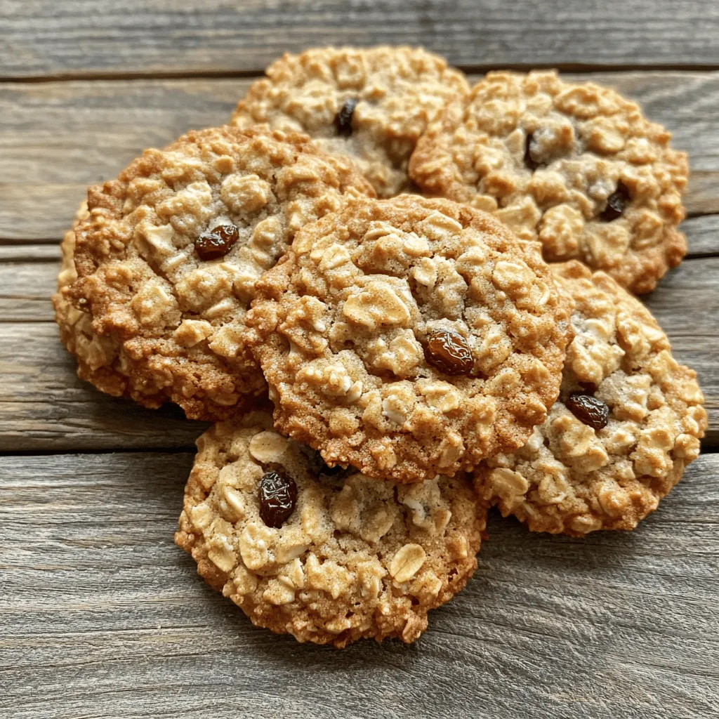 To make chewy oatmeal raisin cookies, gather these ingredients: - 1 cup unsalted butter, softened - 1 cup packed brown sugar - 1/2 cup granulated sugar - 2 large eggs - 1 teaspoon vanilla extract - 1 1/2 cups all-purpose flour - 1 teaspoon baking soda - 1 teaspoon cinnamon - 1/2 teaspoon salt - 3 cups old-fashioned oats - 1 cup raisins - 1/2 cup chopped walnuts (optional) Each ingredient plays a key role. The butter adds richness. Brown sugar gives moisture and flavor. Eggs bind everything together. Oats add texture and chewiness. You can swap some ingredients if needed. For a dairy-free version, use coconut oil instead of butter. If you want a lower sugar option, try using coconut sugar instead of brown sugar. Applesauce can replace eggs for a vegan cookie. Also, you can replace raisins with chocolate chips for a twist. Choosing quality brands makes a difference. For butter, look for brands like Kerrygold or Land O'Lakes. For oats, Bob's Red Mill offers great old-fashioned oats. When it comes to flour, King Arthur Baking Company is highly trusted. For sugar, Domino and C&H are popular choices. These brands ensure your cookies taste amazing. For the full recipe, check the details above! Start by gathering all your ingredients. This makes the process smooth and fun. Use softened butter for easy mixing. If your butter is cold, cut it into small pieces. This helps it warm up faster. Measure your ingredients carefully. This step is key for great cookies. If you want a nutty crunch, chop your walnuts before adding them. First, preheat your oven to 350°F (175°C). Line two baking sheets with parchment paper. In a large bowl, cream together the softened butter, brown sugar, and granulated sugar. Mix until it looks light and fluffy. Next, add the eggs one at a time. Don’t forget the vanilla extract! After that, whisk your dry ingredients in another bowl. This includes flour, baking soda, cinnamon, and salt. Gradually stir this mix into the butter mixture. Don’t over-mix; just combine until you see no dry flour. Now, fold in the oats, raisins, and walnuts. Use a spatula to ensure everything is mixed well. Drop tablespoon-sized portions onto your baking sheets, leaving space between each. Bake for 10 to 12 minutes. You want golden edges but soft centers. Keep an eye on them, as ovens can vary. Once baked, take the cookies out and let them sit on the sheets for 5 minutes. This helps them firm up a bit. After that, move them to wire racks to cool completely. Enjoy these cookies warm with a glass of milk. They are perfect for sharing! For the full recipe, check the details above. To get that perfect chewy texture, use brown sugar. Brown sugar adds moisture and keeps the cookies soft. Make sure to cream it well with the butter. This step helps trap air, making your cookies light. Also, do not overmix the dough once you add the oats. This keeps the cookies tender. Baking time is key for chewy cookies. I bake mine for about 10-12 minutes. Look for golden edges and soft centers. If you like them a bit chewier, take them out at the 10-minute mark. Remember, they will continue to cook on the baking sheet after you remove them from the oven. Store leftover cookies in an airtight container. This keeps them soft and fresh. If you want to keep them longer, freeze them. Just place them in a freezer bag and remove as much air as possible. They can last for up to three months in the freezer. When you're ready to enjoy, just thaw at room temperature. For a warm treat, pop them in the microwave for a few seconds. For the full recipe, check out the details above. {{image_2}} You can add chocolate chips to your oatmeal raisin cookies. This twist gives a sweet touch. Mix in one cup of semi-sweet chocolate chips before you drop the dough on the sheets. The chocolate melts and mixes with the oats and raisins. You get a gooey, rich flavor that many love. For those with nut allergies, skip the nuts. You can use seeds instead. Sunflower seeds or pumpkin seeds work well. They add crunch without nuts. If you prefer a softer texture, leave out any add-ins. The cookies stay delicious and chewy without nuts. You can try different add-ins for extra flavor. Dried cranberries or chopped apricots can be great swaps for raisins. For spice, add a pinch of nutmeg or a splash of almond extract. These changes create unique tastes. Feel free to mix and match based on what you have. Experimenting makes baking fun! Check the full recipe for the base cookie. To keep your chewy oatmeal raisin cookies fresh, store them in an airtight container. This method prevents moisture loss and keeps cookies soft. You can also use a resealable plastic bag for easy storage. Place a slice of bread in the container to maintain moisture. The bread will absorb excess air and keep cookies soft. Freezing is an excellent way to keep cookies for later. To freeze, first let the cookies cool completely. Then, place them in a single layer on a baking sheet. Freeze for about 1 hour. Once firm, transfer them to a freezer-safe bag or container. Label it with the date. You can freeze cookies for up to three months. When you're ready to eat, let them thaw at room temperature. To keep cookies at their best, consume them within a week. If you must store them longer, freeze them as explained above. Avoid storing cookies in the fridge, as this can make them dry. Instead, keep them in a cool, dark place. If you notice any cookies getting hard, try warming them in the microwave for a few seconds. This will help restore their soft texture. For the full recipe, check out the detailed instructions provided earlier. Chewy oatmeal raisin cookies get their texture from a few key factors. First, using more brown sugar adds moisture. Brown sugar contains molasses, which helps keep cookies soft. Second, the right amount of oats contributes to chewiness. The oats absorb moisture, creating a satisfying texture. Finally, baking them until the edges are golden but the centers are soft is crucial. This balance ensures that your cookies stay chewy and delightful. Yes, you can use quick oats, but the texture will change. Quick oats are smaller and cook faster. They create a softer, less chewy cookie. If you prefer a classic chewy texture, stick with old-fashioned oats. Old-fashioned oats give your cookies that hearty feel, making them more satisfying. To stop your cookies from spreading too much, chill the dough before baking. Chilling solidifies the fat, leading to less spreading in the oven. Another tip is to use parchment paper on your baking sheets. It helps keep the cookies from spreading too thin. Lastly, make sure your butter is softened, not melted, when mixing. Melted butter can cause cookies to spread out too much. For the full recipe and more tips, check out the [Full Recipe]. You now have a solid guide to making delicious oatmeal raisin cookies. We covered the must-have ingredients, substitutions, and the best brands to use. I shared step-by-step instructions on mixing and baking, along with tips for achieving that perfect chewy texture. We explored fun variations and smart storage methods to keep your cookies fresh. Baking cookies can be fun and easy with the right tips. Enjoy your baking journey and share the cookies with others!