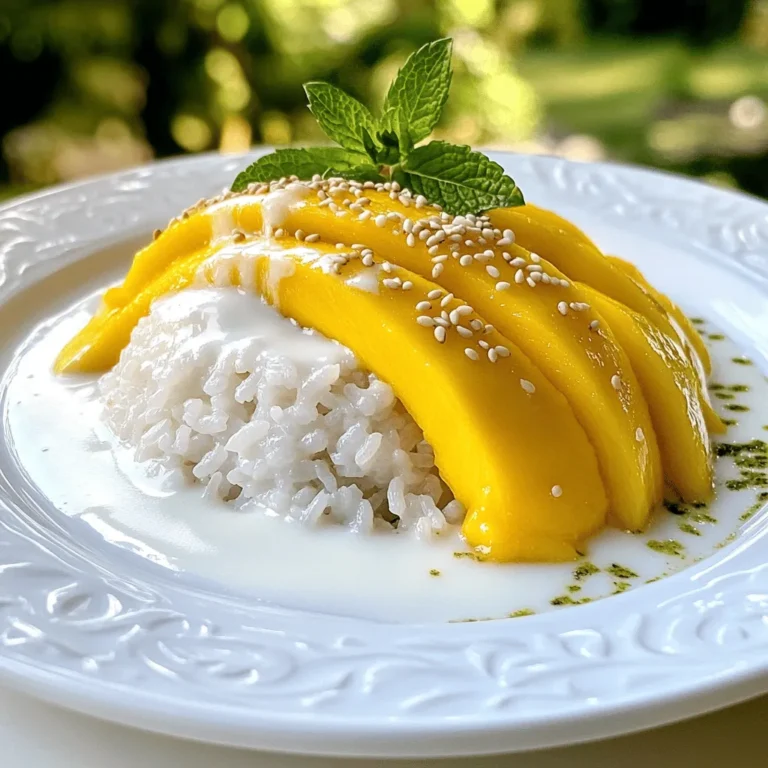 For mango sticky rice, you need a few key items. Here’s what to gather: - 1 cup glutinous (sticky) rice - 1 ½ cups coconut milk - 1 ripe mango, peeled and sliced - ¼ cup sugar - ¼ teaspoon salt - 1 tablespoon sesame seeds (optional) - Fresh mint leaves for garnish (optional) Each ingredient plays a role in making this dessert delicious. The sticky rice gives a nice chewy texture. The coconut milk adds creaminess and sweetness. The mango brings bright flavor and color. Choosing the right mango is very important. You want to use ripe, sweet mangoes. They should feel soft but not mushy. A great mango will enhance your dish. It adds a fresh taste that balances the rich coconut milk. I always pick mangoes that have a bright yellow color. This shows they are ripe and ready to eat. You will need some basic tools to make this dessert. Here’s a quick list: - A steamer (or a pot with a steaming basket) - A mixing bowl - A saucepan - A spoon for stirring - A knife for slicing mangoes These tools help ensure the rice cooks well and the flavors mix nicely. The steamer is key for cooking the sticky rice properly. Use a mixing bowl to combine the rice with the coconut milk. Having the right tools makes cooking easier and more fun. For the full recipe, check out Mango Paradise Sticky Rice. First, you need glutinous rice. Rinse 1 cup of it under cold water. Keep rinsing until the water is clear. This step helps wash away the starch. Then, soak the rice in water for at least 4 hours. Soaking overnight works best, too. After soaking, drain the rice. Place it in a steamer lined with cheesecloth. Steam the rice for 25 to 30 minutes. You want the rice to be translucent and tender. While the rice steams, let's make the coconut milk mixture. In a saucepan, mix 1 ½ cups of coconut milk with ¼ cup of sugar and ¼ teaspoon of salt. Heat this over low to medium heat. Stir it until the sugar dissolves. Be careful not to let it boil. You want the flavors to blend without losing the creaminess. Once the sticky rice is ready, transfer it to a large bowl. Pour about 1 cup of the warm coconut milk mixture over the rice. Gently mix it until the rice is well-coated. Let it sit for 15 to 20 minutes. This allows the rice to soak up the flavors. Now, you can serve it! Place a scoop of sticky rice on a plate. Top it with sliced mango. Drizzle some extra coconut milk on top. If you like, add sesame seeds for crunch and mint leaves for color. Enjoy your Mango Sticky Rice Delight! For the complete recipe, check out the Full Recipe. To get the right sticky texture, use glutinous rice. Rinse it well to remove starch. Soaking is key; aim for at least four hours. For best results, soak overnight. After soaking, steam the rice until it turns clear. This step keeps the grains moist and sticky. To boost flavor, use coconut milk, sugar, and a pinch of salt. Heat the coconut milk gently; do not boil it. Stir until the sugar dissolves completely. Pour a cup of this mixture over the sticky rice after cooking. Let the rice absorb these flavors for 15 to 20 minutes. Presentation matters! Start with a scoop of sticky rice on a plate. Arrange fresh mango slices artfully on top. Drizzle additional coconut milk over the dish. For a crunchy touch, sprinkle sesame seeds on top. Garnish with fresh mint leaves for a pop of color. Serve it warm for the best experience. For the full recipe, check the details above. {{image_2}} You can swap mango for other fruits. Try ripe bananas, sweet papayas, or juicy berries. Each fruit brings a unique flavor. For example, bananas add creaminess, while berries add a pop of tartness. This keeps your dessert fresh and fun. You can mix fruits, too! A blend of mango and strawberries can make a colorful, tasty dish. Mango sticky rice is easy to make vegan. Use coconut milk instead of any dairy. Coconut milk gives that creamy taste you love. You could also use almond or cashew milk. Just make sure to check the labels for added sugars. Keep the recipe light and sweet without any dairy. Different regions have their own twists on mango sticky rice. In Thailand, they may top it with mung beans. In Cambodia, they might add a sprinkle of toasted peanuts. This gives the dish a nice crunch. You can also find variations that use different sweeteners, like palm sugar. Each change adds new flavors and textures. Explore these variations to find your favorite! For the full recipe, check out the details above. To keep your mango sticky rice fresh, store it in an airtight container. This method protects it from drying out. Place the container in the fridge if you plan to eat it within a couple of days. The rice may harden, but it will still taste great. For the best flavor, try to eat it within three days. When reheating, avoid the microwave if possible. Instead, use a stovetop method. Place the rice in a pan with a splash of coconut milk. Heat it gently over low heat. Stir it often to ensure it warms evenly. This method keeps the rice soft and moist. If you must use the microwave, cover the rice with a damp paper towel. This helps retain moisture during heating. You can freeze mango sticky rice for later enjoyment. First, let it cool completely. Then, scoop it into a freezer-safe container. Make sure to leave space for expansion. Label the container with the date. When you’re ready to enjoy it, thaw it in the fridge overnight. Reheat it using the stovetop method for the best results. Enjoy this delightful dessert whenever you crave it! You use glutinous rice, also called sticky rice. This rice has a high starch content. It cooks up soft and chewy. Regular rice will not work for this dish. Glutinous rice gives Mango Sticky Rice its unique texture. You can find it in Asian grocery stores or online. Always rinse the rice to remove excess starch before cooking. Yes, you can make Mango Sticky Rice ahead of time. Cook the sticky rice and store it in the fridge. Keep the coconut milk mixture separate until you are ready to serve. This will keep the rice fresh and moist. When ready to eat, warm the rice and mix in the coconut milk. Fresh mango slices should be added right before serving. Mango Sticky Rice is great on its own, but you can add more. Fresh fruits like strawberries or kiwi can add color. You can also serve it with a side of coconut ice cream. A sprinkle of sesame seeds or nuts adds crunch. For a twist, drizzle some honey or maple syrup on top. Enjoy this sweet dish in many ways! Mango sticky rice is a delightful treat. We covered the key ingredients, focusing on quality mangoes and essential tools. I showed you how to prepare sticky rice, make the coconut milk, and assemble the dish. You learned tips for texture and flavor, along with presentation ideas. We explored variations, storage tips, and answered common questions. Now you can make your own mango sticky rice with ease. Use these steps to enjoy this tasty dish anytime!